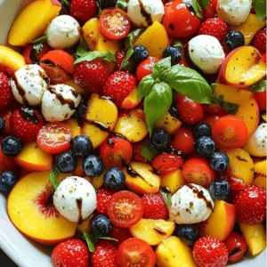 - 1 cup fresh mozzarella balls - 1 cup cherry tomatoes, halved - 1 cup mixed summer fruits (peaches, strawberries, blueberries) - 1/4 cup fresh basil leaves, torn - 2 tablespoons balsamic glaze - 1 tablespoon extra virgin olive oil - Salt and pepper to taste Fresh ingredients are key to a great Summer Fruit Caprese Salad. You want juicy tomatoes and ripe fruits. I love using mozzarella balls because they add creaminess. You can also use mozzarella slices if you prefer. Mixing summer fruits, like peaches and strawberries, gives a sweet touch. Don’t forget the torn basil leaves for a burst of flavor. For the dressing, balsamic glaze brings sweetness and a bit of tang. Extra virgin olive oil adds richness. Finally, salt and pepper help bring out all the flavors. Keep your ingredients fresh and bright for the best taste. Ready to make this dish? Check out the Full Recipe for all the steps and enjoy a fresh and flavorful delight! - Rinse all fresh produce under cool water. - Combine halved cherry tomatoes and diced summer fruits in a large mixing bowl. - Add fresh mozzarella balls and torn basil leaves to the bowl. - Drizzle olive oil and balsamic glaze over the mixture. - Season gently with salt and pepper. - Toss ingredients together without breaking the mozzarella balls. This simple process will give you a fresh and vibrant Summer Fruit Caprese Salad. For the complete details, check the Full Recipe. Enjoy the bright colors and flavors! To make your Summer Fruit Caprese Salad shine, let it rest for 5 minutes before serving. This brief wait helps the flavors mix well. It allows the sweetness of the fruits and the creaminess of the mozzarella to blend. Also, be sure all your ingredients are at room temperature. Cold ingredients can dull the taste. Room temperature makes the salad taste fresh and bright. How you present your salad matters! Use a large, shallow bowl or a circular platter. This way, it looks inviting and colorful. Drizzle extra balsamic glaze on top for a nice touch. Finish with whole basil leaves for a pop of green. A beautiful presentation makes the dish more appealing and exciting to eat. Some mistakes can ruin your salad. First, avoid overmixing the ingredients. Gently toss them instead. This keeps the mozzarella balls intact. Second, watch for overly ripe or mushy fruits. These can make your salad soggy. Choose firm, ripe fruits for the best texture and taste. By following these tips, you will create a perfect Summer Fruit Caprese Salad every time! For the full recipe, check the details above. {{image_2}} You can easily switch fruits based on what’s in season. For example, try oranges in winter or cherries in late summer. This keeps your salad fresh and fun. You can also experiment with different types of mozzarella. Burrata offers a creamier taste that pairs well with sweet fruits. If you want a heartier meal, add grilled chicken or shrimp. They bring a nice flavor and make the salad more filling. For a vegetarian option, toss in chickpeas. They add protein and work well with the salad's other flavors. To give your salad a unique twist, sprinkle some feta cheese on top. It adds a fun tang to each bite. You can also mix in nuts like walnuts or pecans for a crunchy texture. The extra crunch contrasts nicely with the soft fruits and cheese. For the full recipe, check out the recipe section. To keep your Summer Fruit Caprese Salad fresh, store any leftovers in an airtight container in the fridge. This helps prevent moisture loss and keeps the flavors intact. If you want to keep it fresh longer, keep the dressed and undressed salad separate. The undressed salad will last better without getting soggy. Enjoy your salad within 2 days for the best taste and texture. After two days, the fruits may start to lose their crunch. Watch for signs of spoilage like discoloration or a strange smell. If you notice any of these, it’s best to toss it out. You can get creative with leftover salad. Try adding it to wraps for a fresh lunch. Toss it into grain bowls for extra flavor and color. Use extra ingredients like mozzarella or basil in omelets or pasta dishes. This way, nothing goes to waste, and you enjoy new meals! For the full recipe, check out the recipe section above. A Summer Fruit Caprese Salad is a fresh twist on the classic Caprese. It features ripe summer fruits along with mozzarella and basil. The typical ingredients include: - Fresh mozzarella balls - Cherry tomatoes, halved - Mixed summer fruits (like peaches, strawberries, and blueberries) - Fresh basil leaves, torn - Balsamic glaze - Extra virgin olive oil - Salt and pepper This salad is colorful and packed with flavor. It celebrates summer's bounty in a light and tasty way. Yes, you can prepare this salad ahead of time. To keep it fresh, follow these tips: - Chop fruits and vegetables: You can cut the tomatoes and fruits a few hours early. - Keep dressing separate: Wait to add balsamic glaze and olive oil until just before serving. - Store properly: Use an airtight container in the fridge. By doing this, you ensure the salad stays crisp and bright. Yes, a Summer Fruit Caprese Salad is gluten-free. It contains no gluten ingredients. This makes it a great choice for people with gluten sensitivities. Always check your balsamic glaze to ensure it's gluten-free too. If you can't find basil, there are tasty alternatives. You can use: - Mint for a refreshing twist - Arugula for a peppery flavor - Cilantro for a unique taste Each option brings a different flavor, so choose based on what you like. To make this salad vegan, you can replace the mozzarella. Here are some ideas: - Use vegan mozzarella made from nuts or soy. - Try marinated tofu for a protein boost. - You can even skip the cheese altogether for a fresh fruit salad. These swaps keep the salad delicious while fitting a vegan diet. For the full recipe, check out the Summer Fruit Caprese Salad instructions above! The Summer Fruit Caprese Salad blends fresh mozzarella, seasonal fruits, and fragrant basil. Start by preparing your ingredients and mixing them for a burst of flavor. Remember to store leftovers correctly and enjoy them within two days. For a satisfying meal, try adding grilled chicken or chickpeas. This salad is not only fresh and tasty, but it’s also flexible. Enjoy creating your version, and don’t forget to share it with friends!