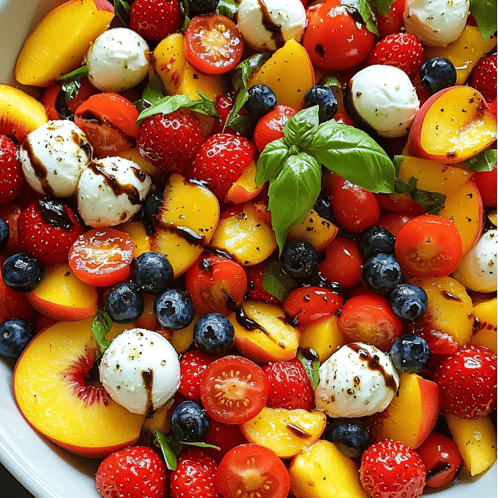 - 1 cup fresh mozzarella balls - 1 cup cherry tomatoes, halved - 1 cup mixed summer fruits (peaches, strawberries, blueberries) - 1/4 cup fresh basil leaves, torn - 2 tablespoons balsamic glaze - 1 tablespoon extra virgin olive oil - Salt and pepper to taste Fresh ingredients are key to a great Summer Fruit Caprese Salad. You want juicy tomatoes and ripe fruits. I love using mozzarella balls because they add creaminess. You can also use mozzarella slices if you prefer. Mixing summer fruits, like peaches and strawberries, gives a sweet touch. Don’t forget the torn basil leaves for a burst of flavor. For the dressing, balsamic glaze brings sweetness and a bit of tang. Extra virgin olive oil adds richness. Finally, salt and pepper help bring out all the flavors. Keep your ingredients fresh and bright for the best taste. Ready to make this dish? Check out the Full Recipe for all the steps and enjoy a fresh and flavorful delight! - Rinse all fresh produce under cool water. - Combine halved cherry tomatoes and diced summer fruits in a large mixing bowl. - Add fresh mozzarella balls and torn basil leaves to the bowl. - Drizzle olive oil and balsamic glaze over the mixture. - Season gently with salt and pepper. - Toss ingredients together without breaking the mozzarella balls. This simple process will give you a fresh and vibrant Summer Fruit Caprese Salad. For the complete details, check the Full Recipe. Enjoy the bright colors and flavors! To make your Summer Fruit Caprese Salad shine, let it rest for 5 minutes before serving. This brief wait helps the flavors mix well. It allows the sweetness of the fruits and the creaminess of the mozzarella to blend. Also, be sure all your ingredients are at room temperature. Cold ingredients can dull the taste. Room temperature makes the salad taste fresh and bright. How you present your salad matters! Use a large, shallow bowl or a circular platter. This way, it looks inviting and colorful. Drizzle extra balsamic glaze on top for a nice touch. Finish with whole basil leaves for a pop of green. A beautiful presentation makes the dish more appealing and exciting to eat. Some mistakes can ruin your salad. First, avoid overmixing the ingredients. Gently toss them instead. This keeps the mozzarella balls intact. Second, watch for overly ripe or mushy fruits. These can make your salad soggy. Choose firm, ripe fruits for the best texture and taste. By following these tips, you will create a perfect Summer Fruit Caprese Salad every time! For the full recipe, check the details above. {{image_2}} You can easily switch fruits based on what’s in season. For example, try oranges in winter or cherries in late summer. This keeps your salad fresh and fun. You can also experiment with different types of mozzarella. Burrata offers a creamier taste that pairs well with sweet fruits. If you want a heartier meal, add grilled chicken or shrimp. They bring a nice flavor and make the salad more filling. For a vegetarian option, toss in chickpeas. They add protein and work well with the salad's other flavors. To give your salad a unique twist, sprinkle some feta cheese on top. It adds a fun tang to each bite. You can also mix in nuts like walnuts or pecans for a crunchy texture. The extra crunch contrasts nicely with the soft fruits and cheese. For the full recipe, check out the recipe section. To keep your Summer Fruit Caprese Salad fresh, store any leftovers in an airtight container in the fridge. This helps prevent moisture loss and keeps the flavors intact. If you want to keep it fresh longer, keep the dressed and undressed salad separate. The undressed salad will last better without getting soggy. Enjoy your salad within 2 days for the best taste and texture. After two days, the fruits may start to lose their crunch. Watch for signs of spoilage like discoloration or a strange smell. If you notice any of these, it’s best to toss it out. You can get creative with leftover salad. Try adding it to wraps for a fresh lunch. Toss it into grain bowls for extra flavor and color. Use extra ingredients like mozzarella or basil in omelets or pasta dishes. This way, nothing goes to waste, and you enjoy new meals! For the full recipe, check out the recipe section above. A Summer Fruit Caprese Salad is a fresh twist on the classic Caprese. It features ripe summer fruits along with mozzarella and basil. The typical ingredients include: - Fresh mozzarella balls - Cherry tomatoes, halved - Mixed summer fruits (like peaches, strawberries, and blueberries) - Fresh basil leaves, torn - Balsamic glaze - Extra virgin olive oil - Salt and pepper This salad is colorful and packed with flavor. It celebrates summer's bounty in a light and tasty way. Yes, you can prepare this salad ahead of time. To keep it fresh, follow these tips: - Chop fruits and vegetables: You can cut the tomatoes and fruits a few hours early. - Keep dressing separate: Wait to add balsamic glaze and olive oil until just before serving. - Store properly: Use an airtight container in the fridge. By doing this, you ensure the salad stays crisp and bright. Yes, a Summer Fruit Caprese Salad is gluten-free. It contains no gluten ingredients. This makes it a great choice for people with gluten sensitivities. Always check your balsamic glaze to ensure it's gluten-free too. If you can't find basil, there are tasty alternatives. You can use: - Mint for a refreshing twist - Arugula for a peppery flavor - Cilantro for a unique taste Each option brings a different flavor, so choose based on what you like. To make this salad vegan, you can replace the mozzarella. Here are some ideas: - Use vegan mozzarella made from nuts or soy. - Try marinated tofu for a protein boost. - You can even skip the cheese altogether for a fresh fruit salad. These swaps keep the salad delicious while fitting a vegan diet. For the full recipe, check out the Summer Fruit Caprese Salad instructions above! The Summer Fruit Caprese Salad blends fresh mozzarella, seasonal fruits, and fragrant basil. Start by preparing your ingredients and mixing them for a burst of flavor. Remember to store leftovers correctly and enjoy them within two days. For a satisfying meal, try adding grilled chicken or chickpeas. This salad is not only fresh and tasty, but it’s also flexible. Enjoy creating your version, and don’t forget to share it with friends!