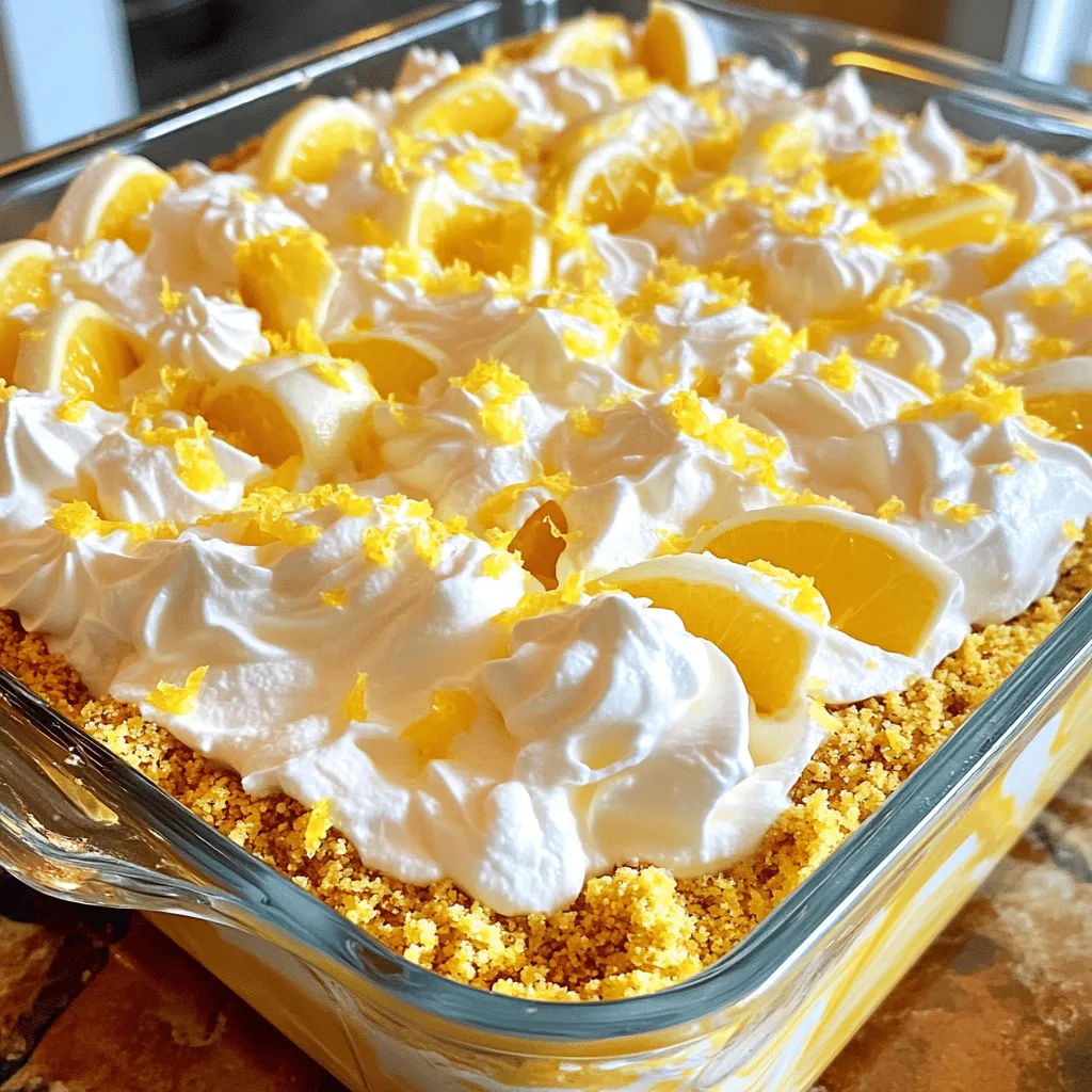 When making Heavenly Lemon Oreo Dessert, it is vital to gather all your ingredients first. This makes the process smooth and fun. Here is a list of what you need: - Lemon Oreo cookies: 1 package (about 14 oz) - Unsalted butter: 1 cup, melted - Cream cheese: 8 oz, softened - Powdered sugar: 1 cup - Cold whipped topping: 1 cup (e.g. Cool Whip) - Fresh lemon juice: 1 cup (about 4-5 lemons) - Lemon zest: 2 teaspoons - Salt: 1/4 teaspoon - Additional Lemon Oreo cookies for garnish Each ingredient plays its part in creating this delicious treat. The Lemon Oreo cookies give a sweet and tangy flavor. The cream cheese adds a rich texture, while the whipped topping keeps it light. Fresh lemon juice and zest bring a bright taste that makes this dessert special. For the best flavor, use fresh lemons when possible. The zest offers a burst of lemony goodness. You can also use extra Lemon Oreos as a tasty garnish on top. Now that you have your ingredients ready, you are all set to make this delightful dessert. Check out the Full Recipe for step-by-step instructions on how to put it all together! To start, crush the Lemon Oreo cookies into fine crumbs. You can use a food processor or place them in a bag and crush them with a rolling pin. The goal is to get nice, small pieces. Next, mix the crumbs with the melted butter in a bowl. Make sure all the crumbs are coated with butter. This mix should hold together when pressed. Now, press the mixture firmly into the bottom of a 9x13-inch baking dish. Use your fingers or the bottom of a glass to create an even layer. Chill this crust in the fridge while you make the filling. In a large bowl, beat the softened cream cheese until it is smooth. This step is key for a creamy texture. Add the powdered sugar, fresh lemon juice, lemon zest, and salt to the cream cheese. Mix until everything is well combined. You want a smooth mix without any lumps. Take your bowl of cream cheese filling and fold in the cold whipped topping. Do this gently to keep the mixture light and fluffy. Once combined, pour the cream cheese filling over the chilled crust. Use a spatula to spread it out evenly. Cover the dish with plastic wrap. Refrigerate it for at least 4 hours. This chilling time helps the dessert set and the flavors to blend. Before you serve, crush a few extra Lemon Oreo cookies. Sprinkle these on top for a nice touch. Cut into squares and enjoy your Heavenly Lemon Oreo Dessert! For the full recipe, refer back to the ingredients list and instructions. To keep your filling light and airy, avoid over-mixing. When you add the whipped topping, fold it in gently. This keeps the cream cheese fluffy. For the cream cheese, make sure it is softened fully. Cold cream cheese can create lumps in your mix. Adding more lemon zest can boost flavor. It gives a bright, zesty kick. You can also use fresh lemon juice for a true taste. Fresh juice is best, but bottled works in a pinch. Just check for added sugars or preservatives. Garnishing makes your dessert pop. Crush a few Lemon Oreo cookies and sprinkle them on top. You can also add a slice of lemon for color. For gatherings, cut the dessert into small squares. This makes it easy to serve and enjoy! {{image_2}} You can change the cookie crust to mix things up. Instead of Lemon Oreo cookies, try regular Oreos for a chocolate twist. This will add a rich flavor that pairs well with the lemon filling. You can also add layers of fruit, like sliced strawberries or berries, between the crust and filling. This gives a fresh taste and a pop of color. For those who need gluten-free options, use gluten-free cookies. You can find many brands that make gluten-free Oreos. This keeps the dessert just as tasty but safe for everyone. If you're looking to cut back on sugar, try using a low-sugar cream cheese. You can also substitute some of the powdered sugar with a sugar alternative that measures like sugar. If you want to serve a smaller group, cut the recipe in half. Use a smaller dish, like an 8x8 inch pan, to maintain the dessert's thickness. For larger groups, double the recipe and use a bigger dish. You can also create individual servings in small cups. This way, everyone gets their own little treat, which is fun and easy to serve. For detailed steps on making this dessert, check out the Full Recipe. To keep your Heavenly Lemon Oreo Dessert fresh, store leftovers in the fridge. Use an airtight container to prevent drying out. This dessert stays good for about 3 to 5 days. If you have a big batch, consider cutting it into squares first. This makes it easier to grab a piece later! For the best flavor, avoid storing it in a container with strong odors. The lemon flavor shines best when it's kept separate from other foods. If you want to save some for later, freezing is easy! Here’s how: 1. Prepare for Freezing: Cut the dessert into squares. This makes it simple to serve later. Place the pieces on a baking sheet and freeze for about an hour. This helps them hold their shape. 2. Wrap Carefully: After an hour, wrap each square tightly in plastic wrap. Then, place them in a freezer-safe bag or container. Make sure to remove as much air as possible. 3. Label and Date: Don't forget to label your container with the date. It helps you keep track of how long they've been in the freezer. When you’re ready to enjoy your dessert again, thaw it in the fridge overnight. This keeps it cool and delicious. Avoid thawing at room temperature, as it may lose texture. Following these tips helps your Heavenly Lemon Oreo Dessert stay fresh and tasty! Enjoy every bite! You can store the Heavenly Lemon Oreo Dessert in the fridge for up to five days. Just make sure to cover it well. This keeps it fresh and tasty. Yes, you can use regular Oreos or any other cookie you like. Just remember, the flavor will change. If you want a different taste, try chocolate or vanilla cookies. If you don’t have fresh lemons, you can use bottled lemon juice. Aim for a good quality brand for the best taste. You can also add a little lemon zest for extra flavor. Yes, you can make this dessert a day or two ahead of time. It tastes even better after the flavors mix and chill. Just keep it in the fridge until you are ready to serve. For the full recipe, check out the details above. In this blog post, we covered how to make a refreshing lemon dessert using Lemon Oreos. We walked through clear steps, from creating the crust to making the cream cheese filling. I shared tips for the best texture, flavor boosts, and ways to present your dish beautifully. Lastly, we explored variations, storage, and frequently asked questions. This dessert is easy and fun to make. Enjoy it at your next gathering or as a tasty treat at home!