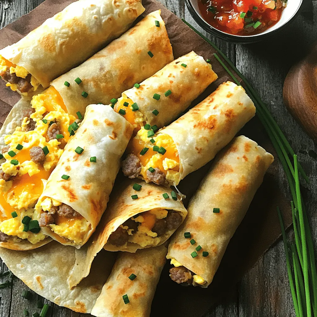 To make Easy Sausage Egg & Cheese Roll-Ups, you need simple and tasty ingredients. Here’s what you need: - 6 small flour tortillas - 6 breakfast sausages, cooked and crumbled - 4 large eggs - 1/4 cup milk - 1 cup shredded cheddar cheese - 1/2 teaspoon garlic powder - 1/2 teaspoon onion powder - Salt and pepper to taste - 2 tablespoons chopped fresh chives (optional) - Salsa for dipping (optional) These ingredients come together to create a yummy meal. The tortillas hold everything in, while the eggs and sausage give it a hearty flavor. The cheese melts beautifully, making each bite creamy. If you enjoy a bit of zest, add salsa for dipping. You can also use fresh chives for a touch of color and taste. Follow the [Full Recipe] for step-by-step instructions to bring this dish to life. Start by whisking together the eggs, milk, garlic powder, onion powder, salt, and pepper in a medium bowl. Whisk until everything blends well. This step is key for a smooth, tasty egg base. Next, heat a non-stick skillet over medium heat. Pour the egg mixture into the skillet. Cook the eggs, stirring occasionally. Keep an eye on them. You want them just set, about 3-4 minutes. Remove the skillet from the heat once they are ready. Now, it's time to add the fun parts! Fold in the crumbled sausage and shredded cheese into the cooked eggs. Stir until the cheese melts and combines with the eggs and sausage. If you're using chives, sprinkle them in for a fresh taste. This mix makes your roll-ups super flavorful. Lay a tortilla flat on a clean surface. Spoon a generous amount of the sausage and egg mixture onto the center of the tortilla. Don’t be shy; you want a good filling! Now, roll the tortilla tightly. As you roll, fold in the sides to keep everything inside. This technique helps secure the filling. Repeat this with each tortilla and the remaining filling. For the next step, preheat the skillet over medium heat again. Place the roll-ups seam side down in the skillet. Cook for about 2-3 minutes until they turn golden and crispy. Flip the roll-ups and cook the other side for another 2-3 minutes. Once done, remove them from the skillet. Let them cool for a minute before slicing in half. Enjoy your Easy Sausage Egg & Cheese Roll-Ups warm, maybe with salsa for dipping. For the complete recipe, check out the Full Recipe section. To get the best eggs for your roll-ups, avoid overcooking. Overcooked eggs become dry and rubbery. Cook them just until they look slightly wet in the skillet. They will continue cooking off the heat. For fluffy eggs, whisk them well before cooking. Add a splash of milk to make them lighter. The milk adds creaminess and helps with texture. To ensure secure roll-ups, start with the right amount of filling. Too much filling makes it hard to roll. Spoon just enough to cover the center of the tortilla. As you roll, tuck in the sides to keep everything inside. This method creates a tidier wrap and prevents spills when you cook. For dips and sides, salsa is a perfect choice. It adds a fresh kick to each bite. You can also serve these roll-ups with guacamole or sour cream. Pair them with fruit for a balanced meal. Fresh fruit adds natural sweetness and brightens your plate. You might even try serving them with a side of hash browns for a classic breakfast vibe. {{image_2}} You can easily change the cheese in this recipe. Try using mozzarella or pepper jack. Each cheese has a different taste. This lets you customize your roll-ups. You can also try different sausage types. Turkey sausage or spicy Italian sausage work great. These swaps will change the flavor, giving you new options. Want to add more nutrition? Try mixing in some vegetables! Bell peppers or spinach are great choices. They add color and flavor. You could also use herbs like basil or parsley. Fresh herbs give a nice touch and aroma to the roll-ups. Feel free to get creative with your fillings! You can cook these roll-ups in different ways. Baking them is a healthier option. Just preheat the oven to 375°F (190°C). Place the roll-ups seam side down on a baking sheet. Bake for about 15-20 minutes until golden brown. If you have an air fryer, use it! Set it to 375°F (190°C) and cook for 8-10 minutes. This will give you a crispy outside while keeping the inside warm. These methods can make your cooking fun and varied! To keep your roll-ups fresh, store them in the fridge. Place them in an airtight container. This helps keep out moisture and odors. You can also wrap them in plastic wrap. This keeps them safe and tasty for later. You can freeze roll-ups before or after cooking. If you freeze them before cooking, wrap each roll-up in foil. This keeps them from sticking together. If you freeze them after cooking, let them cool first. Then, place in a freezer bag. When you’re ready to eat, reheat in the oven or microwave. In the fridge, roll-ups last about 3-4 days. Check for signs of spoilage. Look for changes in color or texture. If they smell off, it's best to toss them. For frozen roll-ups, they can last up to 2 months. Enjoy your Easy Sausage Egg & Cheese Roll-Ups at their best! To make these roll-ups, follow these steps: 1. Whisk the eggs: In a bowl, mix eggs, milk, garlic powder, onion powder, salt, and pepper. 2. Cook the eggs: Heat a skillet and pour in the egg mix. Stir until just set, about 3-4 minutes. 3. Add sausage and cheese: Fold in cooked sausage and shredded cheese until melted. 4. Prepare the tortillas: Lay a tortilla flat, then spoon the egg mixture onto the center. 5. Roll the tortillas: Fold in the sides and roll tightly. 6. Cook the roll-ups: Heat the skillet again and place the roll-ups seam-side down. Cook until golden, 2-3 minutes per side. 7. Serve: Let them cool for a minute, slice in half, and enjoy! This quick process makes it easy to create a tasty meal. For more detailed steps, check the Full Recipe. Yes, you can prepare these roll-ups in advance. Here’s how: - Cook the filling: Make the sausage and egg mixture. Let it cool before storing. - Store in the fridge: Keep the filling in an airtight container for up to 2 days. - Assemble when ready: Roll them up just before cooking. This keeps them fresh and tasty. You can also freeze them for longer storage. Just make sure to wrap them tightly. These roll-ups pair well with many sides. Here are some ideas: - Dips: Serve with salsa or guacamole for extra flavor. - Fruits: Fresh fruit adds a nice touch. Try berries or sliced apples. - Salads: A simple green salad can balance the meal. - Drinks: Pair with juice or coffee for a complete breakfast. These options make your meal more fun and enjoyable! To recap, this blog post guides you through making tasty sausage, egg, and cheese roll-ups. You learned about the ingredients needed, step-by-step instructions, and tips for perfecting the dish. We explored various methods for cooking and storing leftovers. In your kitchen, these roll-ups can bring joy and are easy to modify for your taste. Experiment with different fillings and methods. Enjoy these quick meals for breakfast or snacks. Simple, fun, and delicious are what these roll-ups are all about.