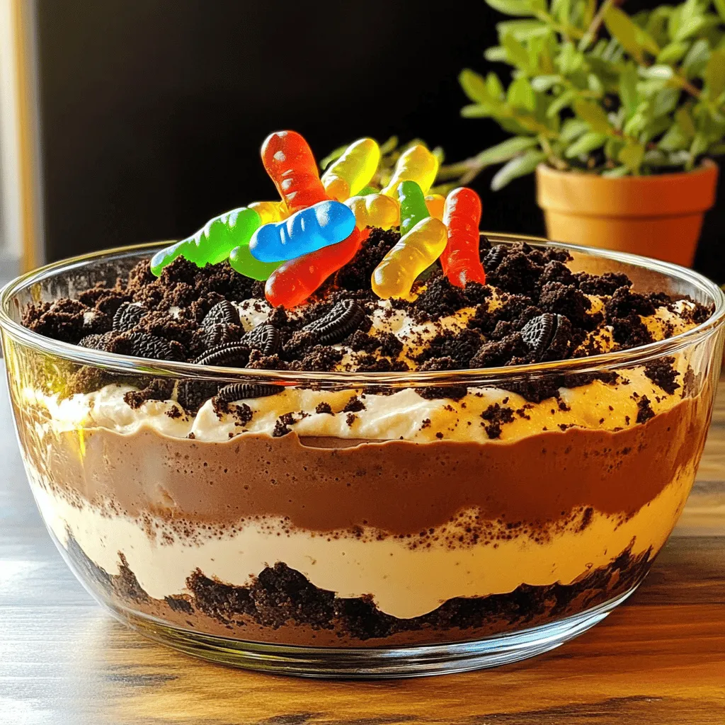To make Oreo Dirt Cake, you'll need these simple ingredients: - 1 package (15.5 oz) Oreo cookies - 1/2 cup unsalted butter, softened - 8 oz cream cheese, softened - 1 cup powdered sugar - 3 cups milk - 1 package (3.4 oz) instant chocolate pudding mix - 1 tub (8 oz) whipped topping (like Cool Whip) - 1 cup gummy worms (optional for decoration) - 1 small potted plant or flower (optional for presentation) These ingredients create a rich and creamy dessert. The Oreos add a crunchy texture. The cream cheese and whipped topping bring a light and fluffy feel. The chocolate pudding gives it a sweet and chocolatey taste. You can easily find these items at any grocery store. Enjoy the fun of making this dessert with kids or friends! Creating Oreo Dirt Cake is easy and fun. Follow these steps to make this delightful no-bake dessert. - Step 1: Crush the Oreo cookies Start by crushing the Oreo cookies. Place them in a sealed plastic bag. Use a rolling pin to crush them into fine crumbs. Alternatively, you can use a food processor. Remember to save about 1 cup of crumbs for topping later. - Step 2: Combine butter and cream cheese In a large mixing bowl, beat the softened butter and cream cheese. Use an electric mixer for a smooth and creamy texture. This step is key for a rich base. - Step 3: Mix in powdered sugar Gradually add the powdered sugar to the butter and cream cheese. Mix until it's smooth and well blended. This gives your dessert a nice sweetness. - Step 4: Prepare pudding mixture In another bowl, whisk together the chocolate pudding mix and milk. Keep whisking for about 2 minutes until it thickens nicely. This will add a delicious chocolate flavor. - Step 5: Fold in whipped topping Gently fold the pudding mixture into the cream cheese mixture. Make sure it’s fully mixed in. You want a fluffy and rich filling for the cake. - Step 6: Layer the dessert In a large trifle dish or individual cups, start layering. First, add half of the crushed Oreo cookies to the bottom. Then, add half of the pudding mixture over the Oreos. Repeat with the remaining Oreo crumbs and pudding mixture. Finish by sprinkling the reserved Oreo crumbs on top. For fun, add gummy worms and place a small potted plant in the center if you like. This process is simple, and it makes a lovely dessert for any occasion. You can find the full recipe for Oreo Dirt Cake in the article. Enjoy making this sweet treat! - How to crush Oreos efficiently: To crush Oreos, place them in a sealed bag. Use a rolling pin to smash them into fine crumbs. This method keeps the mess contained. If you prefer, use a food processor for a quicker option. Just pulse the cookies until they reach a crumbly texture. - Substituting ingredients for dietary needs: If you need a dairy-free version, swap the cream cheese and butter with vegan options. For a gluten-free treat, use gluten-free Oreo cookies. Always check labels to make sure they meet your dietary needs. - Best methods for layering: Use a clear dish to show off the layers. Start with a layer of crushed Oreos, then add the pudding mix. Repeat this until you reach the top. This method creates a beautiful dessert that looks as good as it tastes. - Creative presentation ideas: Use individual cups for serving. Layer the dessert in clear cups to highlight the delicious layers. You can also add a small potted plant or flower on top for a fun touch. It gives a cute garden vibe! - Pairing options with beverages: Oreo Dirt Cake pairs well with milk or coffee. For a fun twist, try it with a chocolate shake. Each drink complements the rich chocolate flavors. - How to serve for different occasions: This dessert fits any celebration! Serve it at birthday parties or family gatherings. For a Halloween party, add gummy worms on top. It makes the cake fun and festive! {{image_2}} Oreo Dirt Cake is very flexible. You can swap out ingredients to fit your needs. - Vegan options for Oreo Dirt Cake: Use vegan cookies and dairy-free cream cheese. Replace the butter with coconut oil or vegan margarine. For the whipped topping, choose a plant-based version. This keeps it creamy and delicious! - Using different cookie flavors: While Oreos are classic, try other cookies. Chocolate mint cookies add a fun twist. Vanilla wafers give a lighter flavor. Experiment with any cookie you love! - Incorporating different toppings: Get creative with toppings! Add crushed candy bars for a crunch. Fresh fruit like strawberries or raspberries brighten the dish. For a fun touch, sprinkle colorful sprinkles or edible glitter on top. You can make Oreo Dirt Cake fit any theme or season. - Halloween variations with spooky decorations: Add plastic spiders or creepy candy eyes on top. Use orange and black sprinkles to set the mood. Kids love the spooky look! - Seasonal fruits as toppings: In spring, use berries for a fresh touch. Summer calls for tropical fruits like pineapple or mango. In fall, add caramel and apple slices for a cozy vibe. Each season brings new flavors! - Kid-friendly and party-themed ideas: Make mini versions in cups for parties. Let kids add their own toppings for fun. Create a dirt cake “bar” with different mixes and toppings for everyone to enjoy! For the full recipe, check out [Full Recipe]. To keep your Oreo Dirt Cake fresh, store it in the fridge. Use an airtight container or cover it tightly with plastic wrap. This keeps the dessert moist and tasty. If you want to save it for longer, you can freeze it. First, ensure it is in a freezer-safe container. You can freeze it for up to three months. When you want to eat it, let it thaw in the fridge overnight. To preserve freshness and texture, avoid adding gummy worms until you are ready to serve. This keeps them from getting soggy. Oreo Dirt Cake lasts about 3 to 5 days in the fridge. If you notice any signs of spoilage, throw it out. Look for changes in color or texture. If it smells off or starts to separate, it is best not to eat it. Always trust your senses! Can I make Oreo Dirt Cake ahead of time? Yes, you can make Oreo Dirt Cake ahead of time. It is best to chill it for a few hours. This allows the flavors to mix well. You can store it in the fridge for up to three days before serving. Can I use homemade whipped cream instead of Cool Whip? Absolutely! You can use homemade whipped cream if you prefer. Just make sure it's stiff enough to hold its shape. This will add a fresh taste to the cake. What can I use instead of gummy worms? If you want a different look, use chocolate sprinkles or crushed candy bars. Fresh fruit like strawberries or raspberries can also make a great topping. Be creative with your choices! Is Oreo Dirt Cake suitable for a gluten-free diet? Regular Oreos contain gluten, so this cake is not gluten-free. However, you can use gluten-free cookies to make it safe for those with gluten sensitivities. Look for gluten-free chocolate sandwich cookies. Can I use regular pudding instead of instant? Using regular pudding may change the texture. Instant pudding thickens quickly and sets well. If you use regular pudding, follow the package instructions to ensure it sets properly. For the full recipe and more details, check out the [Full Recipe]. This blog post guides you through creating a delicious Oreo Dirt Cake. You learned about the key ingredients, step-by-step instructions, and helpful tips to perfect your dessert. We also explored fun variations and storage options to keep it fresh. In summary, this dessert is easy and fun to make. With a few simple tweaks, you can personalize it for any occasion. Enjoy making this treat and share it with family and friends.