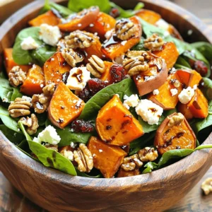To make a great Roasted Sweet Potato Feta Salad, gather these main ingredients: - 2 medium sweet potatoes, peeled and diced - 2 tablespoons olive oil - 1 teaspoon paprika - Salt and pepper to taste - 1 cup fresh spinach leaves - 1/2 cup crumbled feta cheese - 1/4 cup toasted walnuts, roughly chopped - 1/4 cup dried cranberries - 2 tablespoons balsamic vinegar - 1 tablespoon honey These ingredients create a mix of sweet, savory, and crunchy flavors. The sweet potatoes bring warmth, while feta adds creaminess. Spinach gives a fresh taste, and walnuts give a nice crunch. You can add extra flavors to your salad if you like. Here are some optional ingredients: - Sliced red onion for a sharp bite - Avocado for creaminess - Roasted bell peppers for sweetness - Fresh herbs like parsley or basil for freshness Try these add-ins to customize your salad. Each one brings a unique twist to the dish. This salad is not just tasty; it’s also good for you. Here’s a quick look at the nutritional facts per serving: - Calories: 300 - Protein: 8g - Carbohydrates: 35g - Dietary Fiber: 7g - Sugars: 10g - Fat: 15g This salad is packed with nutrients. It gives you healthy carbs from sweet potatoes and good fats from olive oil and walnuts. Plus, it’s a great source of vitamins and minerals. You can enjoy this salad guilt-free, knowing it's both delicious and nutritious. For the full recipe, check the instructions above. Start by peeling the sweet potatoes. Use a sharp knife to cut them into small cubes. Aim for about one-inch pieces to ensure even cooking. Place the diced sweet potatoes in a large bowl. Add olive oil, paprika, salt, and pepper. Mix well until all pieces are coated. This adds great flavor to the potatoes. Preheat your oven to 400°F (200°C). Spread the sweet potatoes on a baking sheet. Make sure they are in a single layer for even roasting. Roast them for about 25-30 minutes. Stir them halfway through to help them cook evenly. Look for a tender texture and a light caramel color when they’re done. While the sweet potatoes roast, prepare the salad. In a large bowl, add fresh spinach leaves. Then, sprinkle crumbled feta cheese over the spinach. Add toasted walnuts and dried cranberries to the mix. Once the sweet potatoes cool slightly, add them to the salad. Drizzle balsamic dressing over everything and toss gently. Taste your salad and adjust the seasoning if needed. For a full recipe, refer to the earlier section. Enjoy your colorful, fresh creation! To get sweet potatoes just right, start with even-sized pieces. This helps them cook evenly. Toss them with olive oil, paprika, salt, and pepper. Use enough oil to coat every piece well. Spread them out in a single layer on the baking sheet. This prevents steaming. Roast them in a preheated oven at 400°F for about 25-30 minutes. Stir halfway through to avoid burning. You want them tender and caramelized. Sweet potatoes shine when paired with feta cheese. The salty feta balances the sweetness of the potatoes. Toasted walnuts add crunch and depth. Dried cranberries bring a nice tartness. Fresh spinach gives a green touch and adds nutrients. You can also try adding fresh herbs like parsley or mint for a burst of flavor. These pairings make each bite exciting. Serve your salad in a large wooden bowl for a warm feel. Top it with extra feta and walnuts for a beautiful look. Drizzle the balsamic dressing just before serving to keep the salad fresh. You can also add a sprinkle of fresh herbs on top for color. Make sure to serve it right after tossing to keep the textures crisp. This Roasted Sweet Potato Feta Salad is not just tasty; it also looks great on the table. {{image_2}} If you can't find feta cheese, try goat cheese or ricotta. Both add a creamy taste. You can also use a dairy-free cheese for a vegan option. It keeps the salad light while still being tasty. For protein, grilled chicken works great. It adds a savory touch. You can also use chickpeas for a plant-based option. They offer a nice texture and boost protein. Simply toss them in with the other ingredients. Feel free to mix in seasonal veggies. Butternut squash or roasted beets can add sweet notes. In spring, peas or radishes bring freshness. In summer, add bell peppers or cucumbers for crunch. Each change keeps the salad exciting and new. Enjoy experimenting with flavors! For the full recipe, visit the recipe section. To store your roasted sweet potato feta salad, place it in an airtight container. Make sure to let the salad cool down first. This will help keep it fresh. You can keep it in the fridge for up to three days. If you want to enjoy the salad later, separate the dressing. This will prevent the salad from getting soggy. When you're ready to eat the leftover sweet potatoes, I recommend reheating them gently. You can use the microwave, but a toaster oven works best. Heat them at a low temperature for about 5-10 minutes. This way, they stay soft and delicious, not dry. If you want, add a splash of olive oil before reheating to boost flavor. To keep your salad fresh, store ingredients separately if possible. Keep the sweet potatoes, greens, and dressing apart until you are ready to eat. This will help maintain the flavors and textures. If you need a quick meal, consider preparing just the sweet potatoes ahead of time. You can mix them with fresh greens and feta right before serving. Enjoy your vibrant salad fresh every time! For the Full Recipe, check out the detailed steps above. Yes, you can make this salad ahead of time. I recommend roasting the sweet potatoes first. Let them cool before adding them to the salad. You can mix the dressing and store it separately. This keeps the salad fresh. Assemble it just before serving for the best taste. If you don't have balsamic vinegar, try apple cider vinegar or red wine vinegar. Both add a nice tang. You can also use lemon juice for a fresh twist. Each option changes the flavor a bit but stays delicious. Yes, this salad is gluten-free! All the ingredients used are naturally gluten-free. Make sure to check any packaged items like feta or walnuts, just to be safe. Enjoy this healthy dish without worry. For the complete recipe, check out the Full Recipe section. Roasted Sweet Potato Feta Salad offers a tasty mix of flavors and textures. We explored key ingredients and step-by-step instructions to craft this dish. I shared tips for roasting and enhancing your salad. You can substitute feta or add proteins to suit your taste. Remember to store leftovers properly to keep them fresh. Feel free to try variations based on what you love. This salad is not just simple; it’s also healthy and satisfying! Enjoy making it your own!