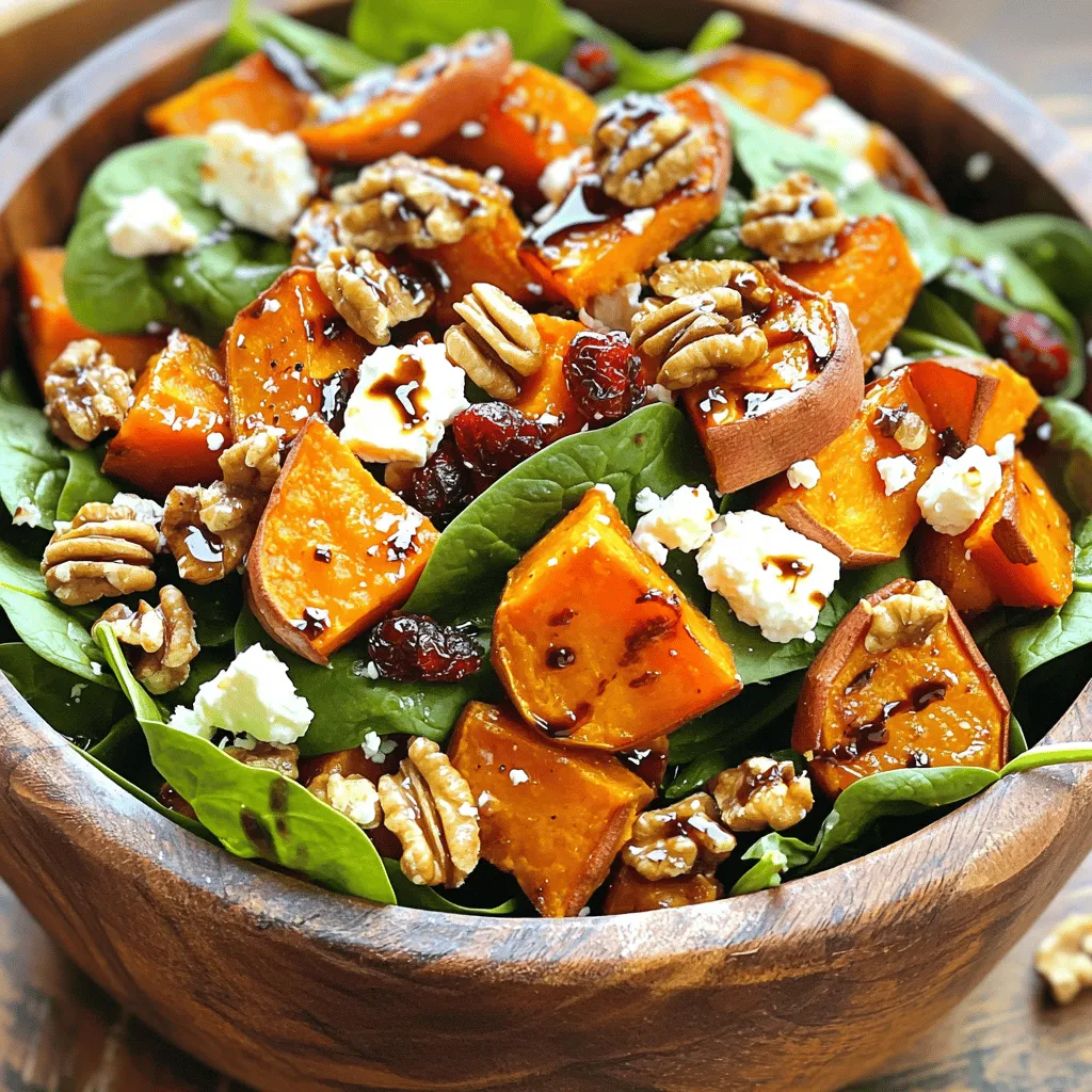 To make a great Roasted Sweet Potato Feta Salad, gather these main ingredients: - 2 medium sweet potatoes, peeled and diced - 2 tablespoons olive oil - 1 teaspoon paprika - Salt and pepper to taste - 1 cup fresh spinach leaves - 1/2 cup crumbled feta cheese - 1/4 cup toasted walnuts, roughly chopped - 1/4 cup dried cranberries - 2 tablespoons balsamic vinegar - 1 tablespoon honey These ingredients create a mix of sweet, savory, and crunchy flavors. The sweet potatoes bring warmth, while feta adds creaminess. Spinach gives a fresh taste, and walnuts give a nice crunch. You can add extra flavors to your salad if you like. Here are some optional ingredients: - Sliced red onion for a sharp bite - Avocado for creaminess - Roasted bell peppers for sweetness - Fresh herbs like parsley or basil for freshness Try these add-ins to customize your salad. Each one brings a unique twist to the dish. This salad is not just tasty; it’s also good for you. Here’s a quick look at the nutritional facts per serving: - Calories: 300 - Protein: 8g - Carbohydrates: 35g - Dietary Fiber: 7g - Sugars: 10g - Fat: 15g This salad is packed with nutrients. It gives you healthy carbs from sweet potatoes and good fats from olive oil and walnuts. Plus, it’s a great source of vitamins and minerals. You can enjoy this salad guilt-free, knowing it's both delicious and nutritious. For the full recipe, check the instructions above. Start by peeling the sweet potatoes. Use a sharp knife to cut them into small cubes. Aim for about one-inch pieces to ensure even cooking. Place the diced sweet potatoes in a large bowl. Add olive oil, paprika, salt, and pepper. Mix well until all pieces are coated. This adds great flavor to the potatoes. Preheat your oven to 400°F (200°C). Spread the sweet potatoes on a baking sheet. Make sure they are in a single layer for even roasting. Roast them for about 25-30 minutes. Stir them halfway through to help them cook evenly. Look for a tender texture and a light caramel color when they’re done. While the sweet potatoes roast, prepare the salad. In a large bowl, add fresh spinach leaves. Then, sprinkle crumbled feta cheese over the spinach. Add toasted walnuts and dried cranberries to the mix. Once the sweet potatoes cool slightly, add them to the salad. Drizzle balsamic dressing over everything and toss gently. Taste your salad and adjust the seasoning if needed. For a full recipe, refer to the earlier section. Enjoy your colorful, fresh creation! To get sweet potatoes just right, start with even-sized pieces. This helps them cook evenly. Toss them with olive oil, paprika, salt, and pepper. Use enough oil to coat every piece well. Spread them out in a single layer on the baking sheet. This prevents steaming. Roast them in a preheated oven at 400°F for about 25-30 minutes. Stir halfway through to avoid burning. You want them tender and caramelized. Sweet potatoes shine when paired with feta cheese. The salty feta balances the sweetness of the potatoes. Toasted walnuts add crunch and depth. Dried cranberries bring a nice tartness. Fresh spinach gives a green touch and adds nutrients. You can also try adding fresh herbs like parsley or mint for a burst of flavor. These pairings make each bite exciting. Serve your salad in a large wooden bowl for a warm feel. Top it with extra feta and walnuts for a beautiful look. Drizzle the balsamic dressing just before serving to keep the salad fresh. You can also add a sprinkle of fresh herbs on top for color. Make sure to serve it right after tossing to keep the textures crisp. This Roasted Sweet Potato Feta Salad is not just tasty; it also looks great on the table. {{image_2}} If you can't find feta cheese, try goat cheese or ricotta. Both add a creamy taste. You can also use a dairy-free cheese for a vegan option. It keeps the salad light while still being tasty. For protein, grilled chicken works great. It adds a savory touch. You can also use chickpeas for a plant-based option. They offer a nice texture and boost protein. Simply toss them in with the other ingredients. Feel free to mix in seasonal veggies. Butternut squash or roasted beets can add sweet notes. In spring, peas or radishes bring freshness. In summer, add bell peppers or cucumbers for crunch. Each change keeps the salad exciting and new. Enjoy experimenting with flavors! For the full recipe, visit the recipe section. To store your roasted sweet potato feta salad, place it in an airtight container. Make sure to let the salad cool down first. This will help keep it fresh. You can keep it in the fridge for up to three days. If you want to enjoy the salad later, separate the dressing. This will prevent the salad from getting soggy. When you're ready to eat the leftover sweet potatoes, I recommend reheating them gently. You can use the microwave, but a toaster oven works best. Heat them at a low temperature for about 5-10 minutes. This way, they stay soft and delicious, not dry. If you want, add a splash of olive oil before reheating to boost flavor. To keep your salad fresh, store ingredients separately if possible. Keep the sweet potatoes, greens, and dressing apart until you are ready to eat. This will help maintain the flavors and textures. If you need a quick meal, consider preparing just the sweet potatoes ahead of time. You can mix them with fresh greens and feta right before serving. Enjoy your vibrant salad fresh every time! For the Full Recipe, check out the detailed steps above. Yes, you can make this salad ahead of time. I recommend roasting the sweet potatoes first. Let them cool before adding them to the salad. You can mix the dressing and store it separately. This keeps the salad fresh. Assemble it just before serving for the best taste. If you don't have balsamic vinegar, try apple cider vinegar or red wine vinegar. Both add a nice tang. You can also use lemon juice for a fresh twist. Each option changes the flavor a bit but stays delicious. Yes, this salad is gluten-free! All the ingredients used are naturally gluten-free. Make sure to check any packaged items like feta or walnuts, just to be safe. Enjoy this healthy dish without worry. For the complete recipe, check out the Full Recipe section. Roasted Sweet Potato Feta Salad offers a tasty mix of flavors and textures. We explored key ingredients and step-by-step instructions to craft this dish. I shared tips for roasting and enhancing your salad. You can substitute feta or add proteins to suit your taste. Remember to store leftovers properly to keep them fresh. Feel free to try variations based on what you love. This salad is not just simple; it’s also healthy and satisfying! Enjoy making it your own!