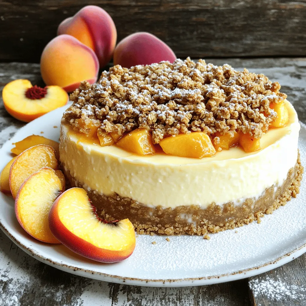 To make the Georgia Peach Crumble Cheesecake, you need three main parts: the crust, the cheesecake filling, and the crumble topping. Here’s a detailed list of each ingredient: - 1 ½ cups graham cracker crumbs - ¼ cup granulated sugar - ½ cup unsalted butter, melted The graham cracker crumbs give the crust a sweet, buttery base. The sugar adds a nice touch of sweetness, while the melted butter binds everything together. - 16 oz cream cheese, softened - ½ cup granulated sugar - 2 large eggs - 1 teaspoon vanilla extract - 1 cup fresh peaches, peeled and diced (or canned peaches, drained) Softened cream cheese creates a rich, creamy texture. Sugar sweetens the filling, while eggs help it set. Vanilla extract adds flavor, and fresh peaches bring that juicy, fruity taste. - 1 cup rolled oats - ½ cup all-purpose flour - ½ cup brown sugar - ½ teaspoon cinnamon - ¼ cup unsalted butter, melted Rolled oats provide a hearty crunch. Flour helps to bind the topping, and brown sugar adds a deep sweetness. Cinnamon brings warmth, while melted butter gives that lovely crumbly texture. Ready to bake? You’ll find the full recipe linked above to guide you through every step! Prepping the Crust To start, preheat your oven to 350°F (175°C). In a mixing bowl, combine 1 ½ cups of graham cracker crumbs, ¼ cup of granulated sugar, and ½ cup of melted unsalted butter. Mix these ingredients well until they form a wet sand-like texture. Next, press this mixture firmly into the bottom of a 9-inch springform pan. Bake for 8-10 minutes or until it turns a light golden color. Let the crust cool completely. Making the Cheesecake Filling In another bowl, beat 16 oz of softened cream cheese with ½ cup of granulated sugar. Mix until it is smooth and creamy. Then, add in 2 large eggs, one at a time. Mix well after each addition. Stir in 1 teaspoon of vanilla extract and 1 cup of diced fresh peaches. Make sure the peaches are evenly mixed in before pouring the filling onto the cooled crust. Smooth the top with a spatula. Creating the Crumble Topping For the crumble topping, combine 1 cup of rolled oats, ½ cup of all-purpose flour, ½ cup of brown sugar, and ½ teaspoon of cinnamon in a separate bowl. Then, add ¼ cup of melted unsalted butter and mix until crumbly. This will add a nice crunch on top of your cheesecake. Baking Process and Cooling Now, sprinkle the crumble topping evenly over the cheesecake filling. Bake the cheesecake in the oven for 40-45 minutes, until the edges are set but the center has a slight jiggle. After baking, turn off the oven and crack the door. Let the cheesecake cool for about an hour in the oven. This helps prevent cracking. Once it cools down, let it sit at room temperature. Then, transfer it to the refrigerator for at least 4 hours or overnight. Serve it cold, and enjoy your Georgia Peach Crumble Cheesecake! For the full recipe, check the details above. Avoiding Cracks in Cheesecake Cracks can ruin the look of your cheesecake. To prevent this, always cool the cheesecake slowly. After baking, leave the oven door slightly open. This lets the heat escape gently. It helps the cheesecake cool evenly. Best Peaches to Use Fresh, ripe peaches are the best choice. They add great flavor and texture. Look for firm peaches that give a little when squeezed. If fresh peaches aren't available, use canned peaches. Just make sure to drain them well. Ensuring the Perfect Texture For a creamy texture, make sure your cream cheese is very soft. Let it sit at room temperature for at least 30 minutes before mixing. This makes it easier to blend into a smooth filling. Serving Suggestions Serve slices of cheesecake on colorful plates. This makes the dessert pop. Pair each slice with a scoop of vanilla ice cream for added delight. Garnishes for the Dessert Garnish the cheesecake with extra peach slices. A sprinkle of powdered sugar on top adds a sweet touch. Fresh mint leaves also look nice and add a pop of color. For the full recipe, check out the [Full Recipe]. {{image_2}} You can switch peaches for many other fruits. Try ripe strawberries, tart cherries, or sweet blueberries. Each will change the taste but still taste great. Just remember to adjust the sugar based on the fruit's sweetness. If you want to cut sugar, consider using honey or maple syrup. Both add natural sweetness. You can also try stevia or monk fruit for a low-calorie option. Just make sure to measure correctly, as they can be sweeter than sugar. To make the crust gluten-free, use gluten-free graham cracker crumbs. You can also blend nuts like almonds or pecans for the crust. This adds a nice crunch and flavor while keeping it gluten-free. Spices can really boost flavors. Add a pinch of nutmeg or ginger for warmth. You can also use a bit of cardamom for a unique twist. Just a little goes a long way! Try adding different extracts. Almond or coconut extract can give a new depth. You can also add a splash of lemon juice for brightness. These little changes can make your cheesecake truly special. For the full recipe, check out the Georgia Peach Crumble Cheesecake . - Refrigerating Leftovers After you enjoy your Georgia Peach Crumble Cheesecake, save any leftovers. Place slices in an airtight container. This keeps the cheesecake fresh and tasty. I recommend eating it within 3 to 5 days. - Freezing Tips If you want to store the cheesecake longer, you can freeze it. Wrap each slice tightly in plastic wrap. Then, place the wrapped slices in a freezer bag. This method helps prevent freezer burn. You can freeze it for up to three months. When ready to eat, thaw it overnight in the fridge. - How Long Does it Last? The cheesecake lasts about a week in the fridge when stored properly. If frozen, it will taste great for about three months. Just remember to keep it sealed tight to protect the flavor and texture. Can I use canned peaches? Yes, you can use canned peaches in this recipe. Just make sure to drain them well before using. Fresh peaches give the best flavor, but canned peaches work in a pinch. How do I know when the cheesecake is done? You know the cheesecake is done when the edges are set and the middle has a slight jiggle. The jiggle means it will firm up as it cools. Can this recipe be made ahead of time? Absolutely! You can make this cheesecake the day before. It tastes even better after chilling overnight in the fridge. What is the origin of Peach Crumble Cheesecake? Peach Crumble Cheesecake blends classic cheesecake with a crumble topping. It reflects Southern U.S. flavors, often celebrating summer peaches. How to keep cheesecake from cracking? To prevent cracks, let the cheesecake cool slowly. After baking, crack the oven door and let it sit for an hour. This reduces temperature shock. You now have all the steps for a great Peach Crumble Cheesecake. We covered the ingredients, the process, and tips to prevent cracks. You learned how to store leftovers and about fun variations. Now it's time to enjoy your delicious creation. Baking is fun, so don’t hesitate to try new flavors. Your cheesecake can impress everyone!
