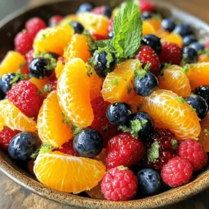 - 2 large oranges, peeled and segmented - 1 cup strawberries, hulled and quartered - 1 cup blueberries - 1 cup raspberries - 1 tablespoon honey - 1 tablespoon fresh mint, chopped - 1 teaspoon lime juice - Pinch of salt When making Orange Berry Fruit Salad, choose fresh and ripe fruit. The oranges add a juicy sweetness. Strawberries give a bright touch. Blueberries and raspberries enhance the mix with their tart flavor. Using honey adds a natural sweetness that balances the tang of lime juice. Fresh mint brings a refreshing note, making the salad vibrant. The pinch of salt helps bring out all the flavors. - Calories and macros per serving: This salad is about 120 calories. It has carbs, fiber, and vitamins. Each serving gives you a healthy boost. - Health benefits of the fruit ingredients: Oranges are rich in vitamin C. Strawberries and blueberries are high in antioxidants. Raspberries add fiber, which is great for digestion. This salad is not just tasty, it's also good for you! For the full recipe, refer back to the top. Enjoy this fresh, tasty treat! To start, you need to peel and segment the oranges. Take a sharp knife and cut off both ends of the orange. Stand it on one end. Slice down the sides to remove the peel, following the curve of the fruit. Once peeled, cut between the membranes to release the segments. This way, you capture any juice for your salad. Next, combine the fruits in a large bowl. Add the orange segments you just cut. Then, toss in one cup of hulled and quartered strawberries, one cup of blueberries, and one cup of raspberries. Make sure to mix them gently so the fruit stays whole. Now it's time to make the dressing. In a small bowl, whisk together one tablespoon of honey, one tablespoon of chopped fresh mint, one teaspoon of lime juice, and a pinch of salt. Keep whisking until the mixture is smooth. This dressing adds a sweet and tangy flavor to your fruit salad. For the final assembly, drizzle the honey mixture over the fruit in the bowl. Gently toss everything together. You want all the fruit to be coated evenly. Let the salad sit for about ten minutes. This time allows the flavors to blend and the fruit to marinate in the juices. You can serve the fruit salad chilled or at room temperature. When making your Orange Berry Fruit Salad, start with fresh fruit. Look for ripe oranges that feel heavy for their size. They should have smooth skin and a nice scent. For berries, choose ones that are firm, shiny, and vibrant in color. Organic berries can taste better and have fewer chemicals. If you can, pick organic strawberries, blueberries, and raspberries. They often have more flavor and are better for your health. If organic options aren’t available, wash non-organic berries well before use. To make your salad even tastier, consider adding toppings. Chopped nuts like almonds or walnuts add a nice crunch. Sunflower seeds or pumpkin seeds work well too. They add texture and extra nutrients. You can also try different types of honey. Wildflower honey gives a floral taste, while clover honey is mild and sweet. Maple syrup is a great substitute if you want a different flavor. Just remember to adjust the amount based on sweetness. Serve your salad in a big, clear bowl. This lets the bright colors shine. For a picnic or party, use small cups for individual servings. It makes it easy for guests to grab and go. Garnish with extra mint leaves for a fresh look. You can also sprinkle some zest from the orange peel on top. This adds color and a zesty aroma. For a fun twist, add edible flowers for a pop of color. For the full recipe, check out the details in the earlier section. {{image_2}} You can change up your Orange Berry Fruit Salad with seasonal fruits. For instance, try adding mango or pineapple. These fruits add a sweet twist that brightens the dish. In summer, berries shine. You can swap in blackberries or even raspberries when they are fresh. This keeps your salad exciting and fresh. This salad is easy to make gluten-free and vegan. All the ingredients are naturally gluten-free. If you want a vegan option, simply keep the honey or use agave syrup instead. For those watching sugar, try using less honey. You can also use stevia or monk fruit sweetener. These swaps keep the salad tasty while fitting your diet. To enhance the flavors, consider adding spices or herbs. A sprinkle of cinnamon can add warmth. Fresh basil can give a surprising twist. For dressings, try a splash of coconut yogurt or a drizzle of balsamic glaze. These options can elevate your salad from simple to gourmet. For the full recipe, check out the Orange Berry Fruit Salad. To keep your Orange Berry Fruit Salad fresh, store it in a sealed container. Use glass or BPA-free plastic containers. These materials help prevent moisture loss. If you have leftovers, make sure to eat them within a few days. - Store the salad in the fridge. - Use airtight containers. - Keep the dressing separate if possible. This keeps the fruit crisp and tasty. If you mix the dressing in, the fruit can get soggy faster. How long does the salad last in the fridge? Typically, it lasts about 3 days. After that, the fruit may start to lose freshness. Signs that the fruit has gone bad include: - A sour smell. - Discoloration or mushiness. - A slimy texture. If you notice any of these signs, it's best to toss the salad. Eating fresh fruit keeps it healthy and delicious. Enjoy the flavors of your Orange Berry Fruit Salad while it's at its best! To make this colorful salad, start with fresh oranges. Peel and segment them, saving any juice. In a big bowl, combine the orange segments with strawberries, blueberries, and raspberries. In a small bowl, mix honey, chopped mint, lime juice, and a pinch of salt. Pour this dressing over the fruit and gently toss everything together. Let it sit for about ten minutes to let the flavors blend. Finally, serve chilled or at room temperature. Check out the Full Recipe for detailed steps. You can use frozen berries, but they will change the salad's texture. Frozen berries tend to be softer and may release more juice. This can make the salad a bit watery. If you use frozen berries, let them thaw and drain some juice before adding them to the salad. This way, you keep the salad fresh and tasty. If you want to skip honey, you have a few options. Maple syrup works well for a sweet touch. Agave nectar is another good choice. You can even use a sugar substitute if you prefer. Just remember that the flavor might change a bit, so adjust the amount to your taste. Yes, this salad is great for meal prep! You can prepare the fruit and dressing in advance. Just store each in separate containers. When you are ready to eat, toss them together. This method keeps the fruit fresh and prevents sogginess. It’s a quick and easy way to enjoy a healthy treat later! This fruit salad is vibrant and easy to make. It features fresh oranges, berries, and a light honey dressing. You learned how to prepare and store this dish, plus tips to enhance flavor. Remember, you can adjust the recipe for any season or diet. Explore different fruits and toppings as you create. This salad is perfect for all occasions. Enjoy your fruity creation and share it with others!