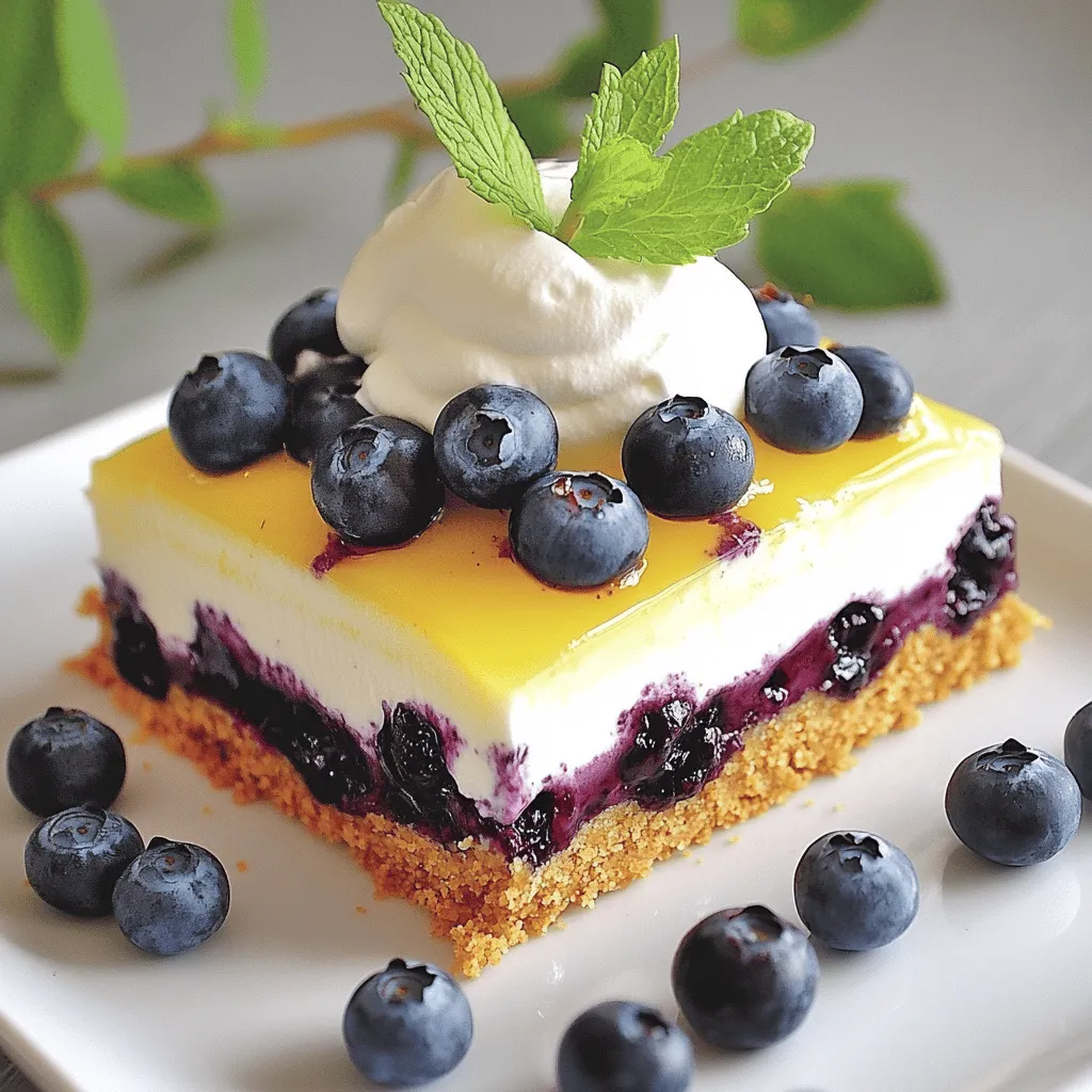 To make this no bake lemon blueberry dessert, you need the following ingredients: - 1 ½ cups graham cracker crumbs - ½ cup unsalted butter, melted - 2 cups fresh blueberries - 1 cup cream cheese, softened - 1 cup powdered sugar - 1 cup whipped cream - ¼ cup lemon juice (freshly squeezed) - 1 teaspoon lemon zest - 1 teaspoon vanilla extract - Fresh mint leaves for garnish (optional) These ingredients combine to create a light, refreshing dessert. The graham cracker crumbs serve as the base, giving a nice crunch. The cream cheese adds creaminess, while the lemon juice and zest bring a bright flavor. The blueberries add sweetness and color, making this treat not only tasty but also beautiful. You can easily find these ingredients at your local grocery store. Fresh blueberries are key for the best flavor, so choose plump, ripe berries. If you want to try something different, consider using other fruits, but blueberries work best for this recipe. For the full recipe, check out the section where I outline the steps in detail. - Mix graham cracker crumbs and melted butter in a medium bowl. - Press the mixture into a springform pan to form a solid crust. - Refrigerate the crust for about 20 minutes to help it set. - Beat the cream cheese in a bowl until it is smooth. - Gradually add the powdered sugar while mixing until blended. - Incorporate the lemon juice, zest, and vanilla extract into the mixture. - Pour half of the lemon cream cheese mixture over the chilled crust. - Layer half of the fresh blueberries on top of the cream cheese. - Spread the remaining lemon cream cheese mixture over the blueberries. - Top with the rest of the blueberries to finish the layers. - Cover the dessert with plastic wrap and refrigerate until set, about 4 hours. This simple yet delicious dessert is sure to impress! For the complete list of ingredients and instructions, check out the Full Recipe. - Use parchment paper for easy removal. This helps keep the crust intact when serving. - Ensure the crust is packed tightly. A firm crust gives more support to the filling. - Use room temperature cream cheese. This makes mixing easier and avoids lumps. - Don't overmix the whipped cream. Gentle folding keeps the filling light and airy. - Serve chilled with mint garnish. The mint adds a fresh touch to each bite. - Pair with additional fresh fruit on the side. Fresh fruit enhances the dessert's flavor and beauty. For a full guide, check the Full Recipe for step-by-step instructions. {{image_2}} You can switch out blueberries for other fruits. Strawberries or raspberries work well. They add color and flavor to your dessert. For a summer twist, try adding peach slices. Fresh peaches bring a sweet, juicy bite. Want to change the taste? Use lime juice instead of lemon juice. This gives your dessert a zesty twist. You can also add almond extract instead of vanilla. Almond adds a warm, nutty flavor that pairs nicely. Make your dessert look special! Use decorative dessert cups for each serving. This adds charm and makes it fun to eat. You can also drizzle lemon glaze over the top before serving. It adds extra sweetness and a nice shine. For the full recipe, check out the delicious step-by-step guide above! To keep your dessert fresh, store it covered in the refrigerator. The dessert tastes best when eaten within 3 days. Each day, the flavors meld together, making it even tastier. If you want to save some for later, you can freeze it before garnishing. Wrap it tightly with plastic wrap. When you're ready to enjoy, thaw it in the refrigerator overnight. This keeps the texture nice and creamy. There’s no need to reheat this dessert. It’s best served cold. Just slice and enjoy! It’s a refreshing treat, perfect for warm days. Yes, it's great for preparing a day in advance. Making this dessert ahead gives flavors time to blend, enhancing the taste. Just keep it covered in the fridge until serving. A minimum of 4 hours is recommended. This allows the layers to firm up nicely. If you can, let it chill overnight for the best results. Yes, light cream cheese and whipped topping work as alternatives. They still give a creamy texture while cutting calories. You can enjoy this dessert without guilt. For the crust, you can use low-fat butter or substitutes too. In this blog post, I shared a simple and tasty dessert recipe featuring fresh blueberries and lemon cream cheese. You learned how to prepare the crust and make the creamy filling. The steps guide you from mixing ingredients to chilling the dessert. I also offered tips for easy serving and storage. Experiment with different fruits and flavors to make it your own. Enjoy this refreshing treat at your next gathering, and remember to have fun while making it!