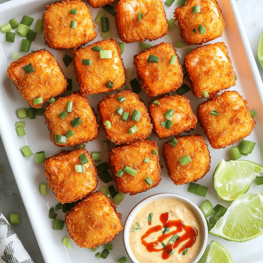 - 1 lb fresh salmon, skinless and cut into bite-sized cubes - 1 cup panko breadcrumbs - ½ cup all-purpose flour - 2 large eggs, beaten - ½ teaspoon garlic powder - ½ teaspoon paprika - Salt and pepper to taste - 1 cup mayonnaise - 3 tablespoons sweet chili sauce - 1 tablespoon sriracha (adjust to taste) - 1 teaspoon lime juice - Fresh green onions, chopped (for garnish) For this dish, I love using fresh salmon. It gives the bites a great taste and texture. Panko breadcrumbs provide the crunch, while the eggs help the coating stick. Flour helps the salmon to get a nice crust. The seasoning is simple but packs a punch. Garlic powder and paprika add depth. Salt and pepper balance everything out. The Bang Bang sauce is my favorite part. It’s creamy, spicy, and sweet. I use mayonnaise as a base. Sweet chili sauce brings sweetness, while sriracha gives heat. A splash of lime juice adds brightness. Don’t forget to garnish with green onions. They add color and freshness. You can find the full recipe at the top. Enjoy making these crispy bites! Set up your three shallow bowls. In the first bowl, add flour and season it with garlic powder, paprika, salt, and pepper. In the second bowl, place your beaten eggs. In the third bowl, pour in the panko breadcrumbs. This will make the breading process quick and easy. Now, take each salmon cube. First, dip it into the seasoned flour. Make sure it gets a good coat. Shake off any extra flour. Next, dip the salmon cube into the egg mixture. Let any excess egg drip off. Finally, roll the salmon in the panko breadcrumbs. Press gently so the crumbs stick well. Heat about half an inch of vegetable oil in a large skillet over medium-high heat. Wait until the oil shimmers. Carefully add the breaded salmon bites in batches. Don’t overcrowd the pan. Fry them for 2-3 minutes on each side until they turn golden brown and crispy. Use a slotted spoon to take them out and place them on a plate lined with paper towels. This will help drain any extra oil. Once cooked, you can enjoy these crispy bites with the bang bang sauce. You can find the full recipe for this dish included above. To get that perfect crispiness, it's vital to heat your oil properly. I recommend using a large skillet with about half an inch of vegetable oil. Heat it over medium-high heat until it shimmers. This means it’s hot enough for frying. If the oil is too cool, your salmon bites will absorb oil and turn soggy. Fry them in small batches. Overcrowding the pan can lower the oil temperature. Cook for two to three minutes on each side. You want them golden brown and crispy. The Bang Bang sauce is easy to modify. If you like it sweeter, add more sweet chili sauce. For extra heat, increase the amount of sriracha. I often add a splash of lime juice for a bright kick. Taste as you go to find the perfect balance for your palate. You can even swap the mayonnaise for Greek yogurt for a lighter version. This keeps the sauce creamy while changing the flavor profile. A well-presented dish brings joy to the table. After frying, arrange your crispy salmon bites on a serving platter. Garnish with chopped green onions for a fresh touch. They add color and flavor. Serve lime wedges on the side for an extra zing. Drizzle some Bang Bang sauce over the bites for a bold look. This will entice your guests and make the dish pop. For the full recipe, check the cooking instructions to enhance your serving style. {{image_2}} If you want to switch it up, consider using different proteins. Chicken or shrimp works well. For a vegetarian option, try cauliflower or tofu. Both options offer a nice texture and flavor. You can follow the same breading and frying steps. This way, everyone can enjoy the dish. You can change the taste by using different sauces. Instead of Bang Bang sauce, try a spicy aioli. You can also use teriyaki or garlic butter for a twist. Experiment with spices like cumin or chili powder for extra flavor. Each change offers a unique taste and keeps things fun. Pair your Crispy Bang Bang Salmon Bites with simple sides. Fresh salad or jasmine rice complements the dish nicely. You can also serve them with a cold drink, like iced green tea. A light beer or a refreshing lemonade works too. Enjoy each bite with a perfect pairing for a great meal. To keep your crispy salmon bites fresh, let them cool first. Place any leftovers in an airtight container. You can refrigerate them for up to three days. If you want to store them longer, freeze the salmon bites. Just make sure to wrap them well in plastic wrap and foil. This helps prevent freezer burn. When it's time to enjoy your leftovers, reheating is key to keeping them crispy. The best method is to use an oven. Preheat your oven to 375°F (190°C). Place the salmon bites on a baking sheet and heat for about 10-15 minutes. This way, they regain their crunchy texture. Avoid using a microwave, as it makes them soggy. Crispy Bang Bang Salmon Bites stay fresh for about three days in the fridge. If you freeze them, they can last up to three months. Just remember to label your containers with the date. This way, you know when to enjoy them at their best. Yes, you can bake the salmon bites. Preheat your oven to 425°F (220°C). Arrange the breaded salmon bites on a baking sheet lined with parchment paper. Spray them lightly with cooking oil for crispiness. Bake for about 12-15 minutes or until golden brown. This method gives you a lighter option while still keeping the bites tasty. Absolutely! You can make the Bang Bang sauce a day in advance. Store it in an airtight container in the fridge. This sauce stays fresh for up to three days. Just give it a quick stir before you serve. Making it ahead saves time and lets the flavors meld together. Crispy Bang Bang Salmon Bites pair well with many sides. Here are some ideas: - Steamed rice or jasmine rice - Crisp salad with a light dressing - Fresh veggies, like cucumber or carrots - Sweet potato fries for a fun twist These sides complement the flavors and add balance to your meal. To check if the salmon bites are done, look for these signs: - The exterior should be golden brown and crispy. - The inside should be opaque and flake easily with a fork. - Use a meat thermometer; the internal temperature should reach 145°F (63°C). These tips ensure you serve perfectly cooked salmon bites every time. You now have all the tools to make Crispy Bang Bang Salmon Bites. We covered the ingredients, step-by-step cooking, and ways to keep them crispy. You can adjust flavors, try variations, and present them beautifully. With the right tips, your dish will impress everyone. Enjoy your cooking and have fun with this tasty recipe!