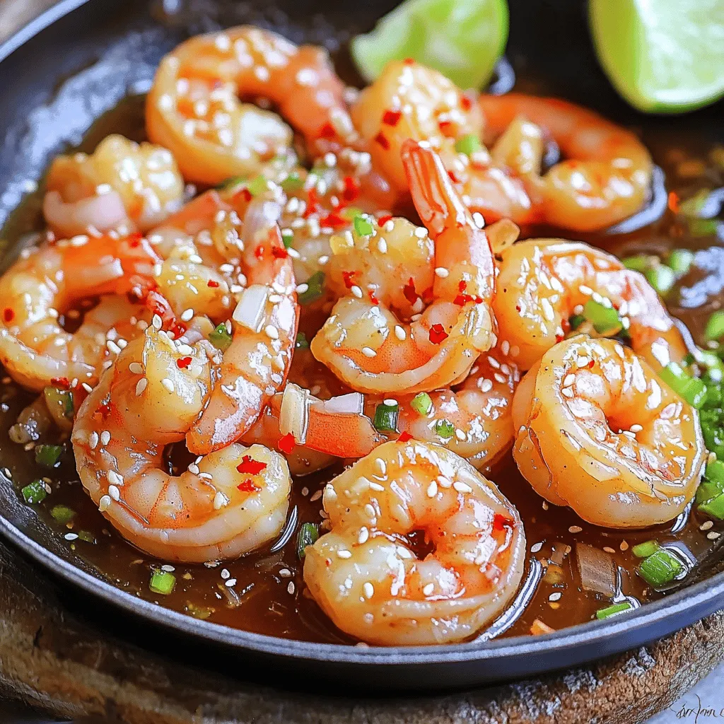 - 1 lb large shrimp, peeled and deveined - 3 tablespoons honey - 2 tablespoons soy sauce - 3 cloves garlic, minced The main ingredients for Spicy Honey Garlic Shrimp are simple yet full of flavor. The shrimp should be large, peeled, and deveined. The honey adds sweetness, balancing the soy sauce's saltiness. Minced garlic gives it that rich depth. - 1 teaspoon chili flakes (adjust for spice preference) - 1 tablespoon olive oil - 1 teaspoon sesame oil - 1 tablespoon fresh lime juice To spice things up, I add chili flakes. You can adjust this based on your heat preference. Olive oil and sesame oil bring a nice richness. Fresh lime juice adds a bright note, making the dish pop. - Salt and pepper to taste - Chopped green onions and sesame seeds for garnish Season with salt and pepper to enhance the flavors. I like to finish the dish with chopped green onions and sesame seeds for a crunchy, colorful touch. For the full recipe, you will see how these ingredients come together for a fantastic dish. To start, grab a bowl. In that bowl, whisk together the following ingredients: - 3 tablespoons honey - 2 tablespoons soy sauce - 3 cloves garlic, minced - 1 teaspoon chili flakes (adjust for spice preference) - 1 tablespoon fresh lime juice - A pinch of salt and pepper This mixture will be your marinade. The honey gives sweetness, while the soy sauce adds depth. The garlic brings aroma, and the chili flakes add heat. Whisk it well until it’s smooth and mixed. Next, take 1 pound of large shrimp, peeled and deveined. Add the shrimp to the bowl with the marinade. Make sure every shrimp is well coated. Let the shrimp sit in the marinade for 15 to 30 minutes. This step is key! It allows the shrimp to soak up all those great flavors. Now it’s time to cook! Heat 1 tablespoon of olive oil and 1 teaspoon of sesame oil in a large skillet over medium-high heat. Once the oil is hot, carefully add the marinated shrimp to the skillet. Don’t forget to include any leftover marinade! Cook the shrimp for about 2 to 3 minutes on each side. They are done when they turn pink and opaque. Once cooked, remove the skillet from heat. Garnish with chopped green onions and sesame seeds before serving. You now have a plate of spicy honey garlic shrimp. Enjoy this dish as a showstopper at dinner! For a detailed recipe, check the Full Recipe link provided. To get the best flavor from your Spicy Honey Garlic Shrimp, marination is key. I recommend letting the shrimp sit in the marinade for at least 15 minutes. For deeper flavor, go for 30 minutes. The honey and soy sauce work together to soak into the shrimp. This makes each bite burst with taste. Cooking shrimp is quick. Cook them for about 2-3 minutes on each side. This ensures they are tender and juicy. Shrimp cook fast, so watch them closely. You want them pink and opaque. Overcooking will make them tough. Use medium-high heat for the best results. When serving, think about balance. I love pairing the shrimp with jasmine rice or a fresh salad. The rice soaks up the sauce and adds a nice touch. Garnish with green onions and sesame seeds for a pop of color. This dish looks great on the plate and tastes even better. For a fun twist, serve it in lettuce wraps for a fresh crunch. Check out the Full Recipe for more ideas. {{image_2}} You can switch up the shrimp with other seafood. Scallops or fish also work well. If you prefer meat, try chicken or pork. Just cut them into bite-sized pieces. Adjust cooking times as needed. For vegetarians, tofu or tempeh can be great substitutes. They soak up the marinade nicely. To make this dish unique, play with different spices. Add ginger for a fresh kick. You might try a splash of sriracha for extra heat. You can use teriyaki sauce instead of soy sauce for a sweeter taste. Consider adding fresh herbs like cilantro or basil for a vibrant twist. These small changes can create exciting flavor profiles. You can serve this dish in various ways. For a family-style meal, place it on a large platter. Let everyone help themselves. This style brings a warm, communal feel to your table. Alternatively, you can plate individually for a more refined look. Add a side of rice or veggies to complete the meal. Each style changes the dining experience. To keep your Spicy Honey Garlic Shrimp fresh, store it in an airtight container. Place it in the fridge within two hours of cooking. Make sure the shrimp cools down before sealing. This will help prevent condensation and sogginess. Enjoy the leftovers within three days for best taste. If you want to freeze your shrimp, first let them cool completely. Place the cooked shrimp in a freezer-safe bag. Remove as much air as possible before sealing. You can freeze them for up to three months. To reheat, thaw in the fridge overnight. Then, warm them up in a skillet over medium heat for a few minutes. When stored properly, cooked shrimp can last about three days in the fridge. If you freeze them, they remain safe for three months. However, for the best flavor and texture, it's best to eat them sooner. If you notice any off smells or changes in color, it’s time to toss them out. To clean shrimp, start by rinsing them under cold water. Use a sharp knife to make a shallow cut along the back. This will expose the dark vein. Gently pull out the vein with your fingers or a paper towel. Rinse the shrimp again to remove any residue. Make sure to peel off the shell if you haven't done so. Yes, you can make this recipe ahead of time. Marinate the shrimp for up to 30 minutes. For even better taste, marinate them in the fridge for a few hours. You can also cook the shrimp in advance. Just reheat them in a skillet for a few minutes before serving. To adjust the spice level, change the amount of chili flakes. For a mild dish, use half a teaspoon. For medium heat, stick to one teaspoon. If you love spice, add two teaspoons or more. You can also try adding fresh chili peppers for extra kick. Great sides include steamed rice or quinoa. You can also serve it with stir-fried vegetables. A fresh salad with lime dressing adds a nice touch too. Garlic bread or crusty rolls are perfect for soaking up the sauce. This blog post covered a tasty Spicy Honey Garlic Shrimp recipe. We discussed key ingredients, from shrimp to honey and garlic. You learned how to prepare, marinate, and cook shrimp for the best flavor. Tips on cooking times and serving suggestions add to your skills. In closing, remember that cooking is fun and creative. Feel free to experiment with flavors and ingredients. Enjoy sharing this dish with friends and family!
