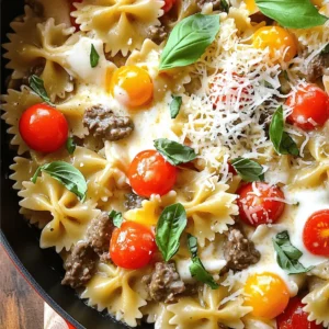 - 12 oz bowtie pasta - 1 lb ground beef - 1 cup heavy cream - 1 cup beef broth - 1 cup cherry tomatoes, halved - 1 medium onion, chopped - 2 cloves garlic, minced - 1 tablespoon Italian seasoning - 1 teaspoon red pepper flakes (optional) - Salt and pepper to taste - 1 cup grated Parmesan cheese - Fresh basil for garnish When I make creamy beef and bowtie pasta, I always start with fresh, simple ingredients. Each one adds its own flavor and texture. The bowtie pasta gives a fun shape, while the ground beef brings heartiness. Heavy cream makes the sauce rich and smooth. The beef broth adds depth to the flavor, while cherry tomatoes bring a burst of sweetness. Onion and garlic create a savory base. Italian seasoning fills the dish with warmth, and red pepper flakes can add a hint of spice if you like a kick. Don't forget about salt and pepper! They balance all the flavors. Finally, grated Parmesan cheese adds creaminess and a salty bite. Fresh basil on top makes the dish look beautiful and adds a fresh note. Gather all these ingredients for a delightful dish. For the full recipe, check out the Bowtie Bliss: Creamy Beef Pasta section. Enjoy cooking! To cook bowtie pasta to al dente, start by boiling a large pot of salted water. Add the 12 oz bowtie pasta and stir. Cook according to the package instructions. You want it firm but not hard. This usually takes about 8-10 minutes. Once done, drain the pasta in a colander. Set it aside for later. In a large skillet over medium heat, add 1 lb ground beef. Cook until it is browned, breaking it apart with a wooden spoon. This should take about 5-7 minutes. Be sure to drain any excess fat from the pan. Next, add 1 medium chopped onion and 2 minced garlic cloves to the skillet. Sauté for about 3-4 minutes, until the onion turns translucent. Now, stir in 1 cup halved cherry tomatoes. Cook for 2 more minutes to soften them. Then, pour in 1 cup beef broth and 1 cup heavy cream. Bring this mixture to a simmer. Add 1 tablespoon Italian seasoning and 1 teaspoon red pepper flakes if you want some heat. Season with salt and pepper. Let it simmer for about 5-7 minutes. Stir occasionally until the sauce thickens slightly. Finally, mix in the cooked bowtie pasta and stir until the pasta is well coated with the creamy sauce. Add 1 cup grated Parmesan cheese and stir until it melts. Adjust seasoning if needed. Now, you can remove the skillet from heat. Top with fresh basil and serve right away. For the full recipe, check out Bowtie Bliss: Creamy Beef Pasta. To ensure the right consistency in your creamy beef sauce, start with the heavy cream. Pour it in slowly while stirring. This helps mix it well with the beef broth. You want a smooth and rich texture. If it feels too thick, add a little more beef broth. Taste often to adjust the flavor. For seasoning, use salt and pepper to enhance the dish. Italian seasoning adds a great flavor boost. If you want some heat, try adding red pepper flakes. Start with a little, then add more if you like it spicy. When sautéing, keep your heat at medium. This prevents the beef from burning. Break the meat apart with a wooden spoon. This helps it cook evenly. Once browned, drain any fat to keep the dish lighter. To achieve ideal browning, don’t crowd the skillet. If you add too much meat at once, it will steam instead of brown. Cook in batches if needed. This gives you a nice crust on the beef, adding depth to the flavor. Pair creamy beef and bowtie pasta with a fresh salad. A simple green salad complements the dish well. You can also serve it with garlic bread for a hearty meal. For garnishing, sprinkle fresh basil on top. It adds color and a nice taste. You can also add extra Parmesan cheese for a richer flavor. Enjoy your dish! For the full recipe, check out the [Full Recipe]. {{image_2}} You can easily swap ground beef for other meats. Try ground turkey or chicken for a lighter dish. For a vegetarian option, use lentils or mushrooms. These choices add flavor and keep it filling. If you're looking for dairy-free options, replace heavy cream with coconut milk or a dairy-free cream. These alternatives create a rich texture without dairy. You can also use plant-based cheese instead of Parmesan. Adding veggies makes this dish even better. Spinach, bell peppers, or zucchini can boost nutrition and flavor. Fresh herbs like parsley or thyme will add a burst of freshness. You can also mix in some sautéed mushrooms for depth. If you love heat, add more red pepper flakes or diced jalapeños. For a tangy twist, try a splash of lemon juice or balsamic vinegar. These changes can transform the dish into something new and exciting. A baked version is a fun twist. After mixing the pasta and sauce, pour it into a baking dish. Top with more cheese and bake until golden. This adds a crunchy layer on top and makes it extra special. For meal prep, divide the dish into containers. This makes it easy to grab and go. You can store it in the fridge for up to four days. Just reheat and enjoy a quick, tasty meal any day of the week. For the full recipe, check out Bowtie Bliss: Creamy Beef Pasta. When you have creamy beef and bowtie pasta left, store it in an airtight container. This keeps it fresh and tasty. Make sure to cool it down before sealing. The dish lasts about 3 to 4 days in the fridge. To enjoy your creamy beef and bowtie pasta again, reheat it gently. You can use a microwave or stovetop. If using a microwave, heat it in short bursts. Stir in between to warm it evenly. If you choose stovetop, add a splash of extra cream or broth. This keeps it creamy and nice. You can freeze this dish if you want to save some for later. Make sure it’s cooled completely before freezing. Use a freezer bag or airtight container to avoid freezer burn. The pasta can stay frozen for up to 2 months. When ready to eat, thaw it overnight in the fridge. Reheat it on the stovetop, adding a bit of cream if needed. For the full recipe, check out the details shared earlier. You can use milk mixed with butter. This gives a rich taste. Use ¾ cup of milk and ¼ cup of melted butter. Another option is coconut cream for a dairy-free choice. Silken tofu blended until smooth is also good for a lighter version. Yes, you can use other pasta types. Penne or rotini work well. They hold sauce nicely. You can also try gluten-free pasta if needed. Just cook according to package instructions. You can prep this dish in advance. Cook the pasta and beef mixture. Store them separately in airtight containers. This keeps them fresh. For storage, refrigerate for up to three days. When ready to eat, reheat the beef in a pan. Add the pasta and a splash of cream. Stir until warm. This keeps the dish creamy and tasty. This creamy beef and bowtie pasta is simple and fun to make. You learned how to cook the pasta, brown the beef, and create a rich sauce. Don't forget the tips to perfect the dish and enjoy it your way. Whether you serve it fresh or save leftovers, this meal is a winner. Explore the variations and make it your own! Cooking should be easy and enjoyable, so dive in and savor each bite.
