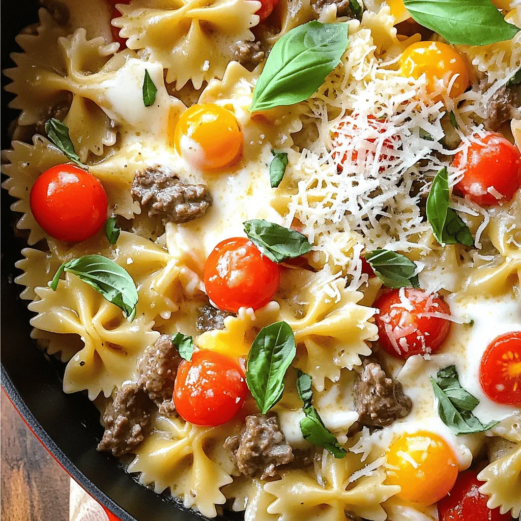 - 12 oz bowtie pasta - 1 lb ground beef - 1 cup heavy cream - 1 cup beef broth - 1 cup cherry tomatoes, halved - 1 medium onion, chopped - 2 cloves garlic, minced - 1 tablespoon Italian seasoning - 1 teaspoon red pepper flakes (optional) - Salt and pepper to taste - 1 cup grated Parmesan cheese - Fresh basil for garnish When I make creamy beef and bowtie pasta, I always start with fresh, simple ingredients. Each one adds its own flavor and texture. The bowtie pasta gives a fun shape, while the ground beef brings heartiness. Heavy cream makes the sauce rich and smooth. The beef broth adds depth to the flavor, while cherry tomatoes bring a burst of sweetness. Onion and garlic create a savory base. Italian seasoning fills the dish with warmth, and red pepper flakes can add a hint of spice if you like a kick. Don't forget about salt and pepper! They balance all the flavors. Finally, grated Parmesan cheese adds creaminess and a salty bite. Fresh basil on top makes the dish look beautiful and adds a fresh note. Gather all these ingredients for a delightful dish. For the full recipe, check out the Bowtie Bliss: Creamy Beef Pasta section. Enjoy cooking! To cook bowtie pasta to al dente, start by boiling a large pot of salted water. Add the 12 oz bowtie pasta and stir. Cook according to the package instructions. You want it firm but not hard. This usually takes about 8-10 minutes. Once done, drain the pasta in a colander. Set it aside for later. In a large skillet over medium heat, add 1 lb ground beef. Cook until it is browned, breaking it apart with a wooden spoon. This should take about 5-7 minutes. Be sure to drain any excess fat from the pan. Next, add 1 medium chopped onion and 2 minced garlic cloves to the skillet. Sauté for about 3-4 minutes, until the onion turns translucent. Now, stir in 1 cup halved cherry tomatoes. Cook for 2 more minutes to soften them. Then, pour in 1 cup beef broth and 1 cup heavy cream. Bring this mixture to a simmer. Add 1 tablespoon Italian seasoning and 1 teaspoon red pepper flakes if you want some heat. Season with salt and pepper. Let it simmer for about 5-7 minutes. Stir occasionally until the sauce thickens slightly. Finally, mix in the cooked bowtie pasta and stir until the pasta is well coated with the creamy sauce. Add 1 cup grated Parmesan cheese and stir until it melts. Adjust seasoning if needed. Now, you can remove the skillet from heat. Top with fresh basil and serve right away. For the full recipe, check out Bowtie Bliss: Creamy Beef Pasta. To ensure the right consistency in your creamy beef sauce, start with the heavy cream. Pour it in slowly while stirring. This helps mix it well with the beef broth. You want a smooth and rich texture. If it feels too thick, add a little more beef broth. Taste often to adjust the flavor. For seasoning, use salt and pepper to enhance the dish. Italian seasoning adds a great flavor boost. If you want some heat, try adding red pepper flakes. Start with a little, then add more if you like it spicy. When sautéing, keep your heat at medium. This prevents the beef from burning. Break the meat apart with a wooden spoon. This helps it cook evenly. Once browned, drain any fat to keep the dish lighter. To achieve ideal browning, don’t crowd the skillet. If you add too much meat at once, it will steam instead of brown. Cook in batches if needed. This gives you a nice crust on the beef, adding depth to the flavor. Pair creamy beef and bowtie pasta with a fresh salad. A simple green salad complements the dish well. You can also serve it with garlic bread for a hearty meal. For garnishing, sprinkle fresh basil on top. It adds color and a nice taste. You can also add extra Parmesan cheese for a richer flavor. Enjoy your dish! For the full recipe, check out the [Full Recipe]. {{image_2}} You can easily swap ground beef for other meats. Try ground turkey or chicken for a lighter dish. For a vegetarian option, use lentils or mushrooms. These choices add flavor and keep it filling. If you're looking for dairy-free options, replace heavy cream with coconut milk or a dairy-free cream. These alternatives create a rich texture without dairy. You can also use plant-based cheese instead of Parmesan. Adding veggies makes this dish even better. Spinach, bell peppers, or zucchini can boost nutrition and flavor. Fresh herbs like parsley or thyme will add a burst of freshness. You can also mix in some sautéed mushrooms for depth. If you love heat, add more red pepper flakes or diced jalapeños. For a tangy twist, try a splash of lemon juice or balsamic vinegar. These changes can transform the dish into something new and exciting. A baked version is a fun twist. After mixing the pasta and sauce, pour it into a baking dish. Top with more cheese and bake until golden. This adds a crunchy layer on top and makes it extra special. For meal prep, divide the dish into containers. This makes it easy to grab and go. You can store it in the fridge for up to four days. Just reheat and enjoy a quick, tasty meal any day of the week. For the full recipe, check out Bowtie Bliss: Creamy Beef Pasta. When you have creamy beef and bowtie pasta left, store it in an airtight container. This keeps it fresh and tasty. Make sure to cool it down before sealing. The dish lasts about 3 to 4 days in the fridge. To enjoy your creamy beef and bowtie pasta again, reheat it gently. You can use a microwave or stovetop. If using a microwave, heat it in short bursts. Stir in between to warm it evenly. If you choose stovetop, add a splash of extra cream or broth. This keeps it creamy and nice. You can freeze this dish if you want to save some for later. Make sure it’s cooled completely before freezing. Use a freezer bag or airtight container to avoid freezer burn. The pasta can stay frozen for up to 2 months. When ready to eat, thaw it overnight in the fridge. Reheat it on the stovetop, adding a bit of cream if needed. For the full recipe, check out the details shared earlier. You can use milk mixed with butter. This gives a rich taste. Use ¾ cup of milk and ¼ cup of melted butter. Another option is coconut cream for a dairy-free choice. Silken tofu blended until smooth is also good for a lighter version. Yes, you can use other pasta types. Penne or rotini work well. They hold sauce nicely. You can also try gluten-free pasta if needed. Just cook according to package instructions. You can prep this dish in advance. Cook the pasta and beef mixture. Store them separately in airtight containers. This keeps them fresh. For storage, refrigerate for up to three days. When ready to eat, reheat the beef in a pan. Add the pasta and a splash of cream. Stir until warm. This keeps the dish creamy and tasty. This creamy beef and bowtie pasta is simple and fun to make. You learned how to cook the pasta, brown the beef, and create a rich sauce. Don't forget the tips to perfect the dish and enjoy it your way. Whether you serve it fresh or save leftovers, this meal is a winner. Explore the variations and make it your own! Cooking should be easy and enjoyable, so dive in and savor each bite.