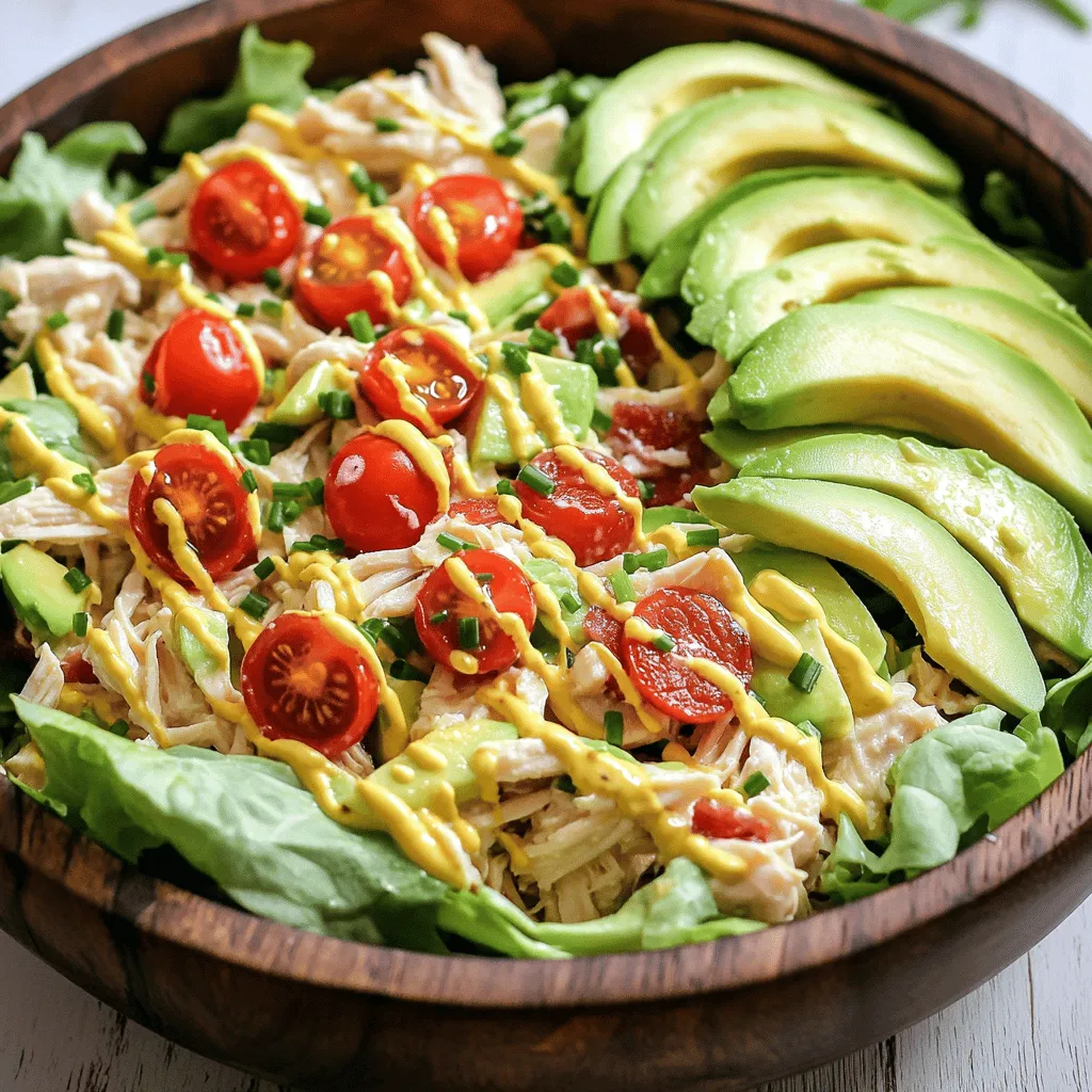 - 2 cups cooked chicken breast, shredded - 4 slices of crispy bacon, crumbled - 2 cups cherry tomatoes, halved - 1 cup romaine lettuce, chopped - 1 cup mayonnaise - 1 tablespoon Dijon mustard - 1 teaspoon garlic powder - Salt and pepper to taste - 1 tablespoon fresh chives, chopped (for garnish) - Optional: 1 avocado, diced To create a tasty BLT Chicken Salad, you need fresh and simple ingredients. Let's talk about the main components. You start with cooked chicken breast. I prefer to use shredded chicken. It mixes well and absorbs flavor effectively. You can use leftover rotisserie chicken too. It saves time and adds great taste. Next, crispy bacon adds a salty crunch. Cook it until it’s nice and crisp. Then crumble it into small pieces. This gives each bite a delightful texture. Cherry tomatoes bring a sweet pop. Halve them to make them easy to mix in. Their freshness brightens the salad. Finally, we have romaine lettuce. Chop it into bite-sized pieces. It adds a crispy base and makes the salad feel light. Now, let’s move on to the dressing. A creamy dressing makes the salad rich and satisfying. For the dressing, you need mayonnaise as the base. It gives a smooth texture. Add Dijon mustard for a bit of tang. It really enhances the taste. Mix in garlic powder for some depth. It adds a nice flavor without being overpowering. Lastly, season with salt and pepper. Taste as you go to find the right balance. You can also include some fresh chives for garnish. They add a nice color and mild onion flavor. If you love avocados, you can dice one and mix it in. This adds creaminess and healthy fats. This recipe is simple but lets you enjoy great flavors. Check out the Full Recipe for more details on making this delicious dish! - In a large bowl, combine shredded chicken, crumbled bacon, and halved cherry tomatoes. - In another bowl, mix mayonnaise, Dijon mustard, garlic powder, salt, and pepper to create the dressing. This step is simple. Just add the chicken, bacon, and tomatoes to one bowl. You want to get the right balance of flavors. Then, whip up the dressing. Each ingredient plays a role. Mayonnaise brings creaminess, and Dijon adds a nice kick. Garlic powder gives a deep flavor. The salt and pepper enhance everything. - Pour the dressing over the chicken mixture and mix until coated. - Add chopped romaine lettuce and diced avocado, tossing lightly. Once the dressing is ready, pour it over the chicken mix. Stir gently until everything is coated. This ensures each bite is tasty. Next, add the romaine lettuce and avocado if using. Toss lightly to keep the lettuce crisp. This mix of textures makes the salad fun to eat. - Cover and refrigerate for at least 30 minutes. - Serve chilled, garnished with fresh chives. Chilling the salad is key. It allows the flavors to meld together. Cover the bowl and put it in the fridge for at least 30 minutes. When ready to serve, scoop it into bowls and top with fresh chives. They add a nice pop of color and flavor. For the full recipe, check below. To shred cooked chicken easily, use two forks. Hold one fork steady and pull the chicken apart with the other. This method works fast and gives you nice, even shreds. For the best flavor, use chicken breast. It cooks well and stays juicy when you shred it. You can also grill or roast it for added taste. To cook bacon crispy, use a skillet over medium heat. Lay the strips flat and cook until they turn golden brown. Turn them a few times for even cooking. Once done, let the bacon cool on paper towels. This helps soak up extra grease. For crumbling, use your hands or a knife. This way, you get nice, crunchy bits for your salad. To adjust flavors, taste as you go. Start with a pinch of salt and pepper. You can add more later if needed. For unique tastes, try adding smoked paprika or a dash of hot sauce. These small changes can bring new life to your salad. You can also swap mayonnaise for Greek yogurt for a tangy twist. Use these tips to make your BLT Chicken Salad fresh and flavorful. Don’t forget to check the Full Recipe for all details! {{image_2}} You can make this salad your own by adding more veggies. Bell peppers add a nice crunch. Try diced cucumbers for extra freshness. These veggies mix well with the chicken and bacon. You can also add cheese for a creamy touch. Feta or cheddar works great. Nuts like pecans or walnuts can give the salad a delightful crunch too. If you need gluten-free options, look for gluten-free mayonnaise. Many brands now offer this. You can also use yogurt as a base for a lighter dressing. For low-calorie swaps, try using Greek yogurt instead of mayonnaise. This keeps the creaminess but cuts down on calories. You can serve this salad as a sandwich or wrap. Just put it between slices of bread or in a tortilla. It’s also great as a light appetizer. Present it on a bed of greens for a nice touch. This makes it look fancy and fresh. For the full recipe, check out the complete guide on making this flavorful dish. To store leftover BLT Chicken Salad, place it in an airtight container. It helps keep the salad fresh. You can enjoy it for about three days. Just remember to check for any changes in smell or texture before eating. If you want to freeze the chicken salad, divide it into small portions. Use freezer-safe containers or bags. When you're ready to eat, thaw it in the fridge overnight. Freezing can change the texture a bit, making it less crunchy. The taste will still be good, but fresh is best. I don’t recommend reheating BLT Chicken Salad. It tastes best cold. If you must warm it up, do so gently in the microwave. Heat it for short intervals. Avoid cooking it too long, or you will lose the freshness. Enjoy it cold for the best flavor! For the full recipe, check out the section above. I recommend using cooked chicken breast for this salad. It stays moist and has great flavor. You can also use rotisserie chicken for a quick option. Just shred the meat and mix it in. Dark meat like chicken thighs works well too. It adds richness to the dish. Ensure the chicken is cooked fully for safety and taste. Yes, you can make this salad ahead of time! It’s best to prepare it a few hours before serving. This gives the flavors time to blend. If you need to, you can also prepare it a day in advance. Just store it in the fridge. Keep the lettuce separate until you are ready to serve. This keeps it crisp and fresh. To make this salad dairy-free, use a dairy-free mayonnaise. There are many tasty options available. Look for brands that use avocado or olive oil as bases. You can skip cheese if you want. If you love the creaminess, add diced avocado instead. It adds smooth texture without dairy. Enjoy your delicious dairy-free BLT Chicken Salad! The BLT Chicken Salad combines tender chicken, crispy bacon, and fresh tomatoes. This simple dish is topped with a creamy dressing that you can customize. You can easily adapt it to your taste and dietary needs. Remember to chill it for the best flavor! Whether you serve it as a light meal or a tasty appetizer, this salad shines. Enjoy trying different ingredients to make it your own. With these tips, you’ll impress everyone at your next gathering.