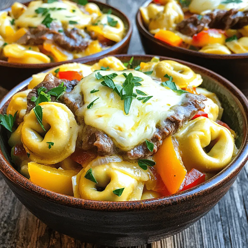 - Cheese tortellini - Ribeye steak - Onion and bell pepper - Garlic and provolone cheese Let's start with the main ingredients. Cheese tortellini is the star of this dish. You can use fresh or frozen tortellini; both work well. Ribeye steak adds a rich and savory flavor. Thinly slice it for the best texture. Next, we have onion and bell pepper. They add sweetness and crunch. Lastly, garlic and provolone cheese bring the dish together. Garlic adds depth, and provolone gives that creamy finish. - Olive oil - Worcestershire sauce - Salt and pepper Now, let’s talk about pantry essentials. Olive oil is key for cooking the steak and veggies. It adds a nice flavor. Worcestershire sauce gives a savory kick. It enhances the steak's taste. Don't forget salt and pepper. They are simple but essential for seasoning. - Fresh parsley - Crushed red pepper flakes Garnishes can elevate your dish. Fresh parsley adds color and freshness. A sprinkle of crushed red pepper flakes brings heat. You can adjust the amount based on your spice level. If you want to explore more, check out the Full Recipe for additional ideas. - First, boil a large pot of salted water. - Add 12 ounces of cheese tortellini to the boiling water. - Cook according to the package instructions, usually about 3-5 minutes. - Drain the tortellini and set it aside for later. - Heat 2 tablespoons of olive oil in a large skillet over medium heat. - Add 1 medium onion and 1 medium bell pepper, both sliced. - Sauté for 5-7 minutes until the onion is soft and clear. - Add 2 cloves of minced garlic and cook for 1 more minute. - In the same skillet, add 1 pound of thinly sliced ribeye steak. - Season the steak with salt, pepper, and 1 tablespoon of Worcestershire sauce. - Cook for about 3-4 minutes, stirring until the steak is nicely browned. - Return the sautéed vegetables to the skillet with the steak. - Add the cooked tortellini and mix everything well. - Heat for another 2-3 minutes until it’s all warm. - Remove the skillet from heat once everything is heated through. - Sprinkle 1 cup of shredded provolone cheese on top. - Cover the skillet for about 2 minutes to let the cheese melt. These steps will guide you to make a delicious Cheesesteak Tortellini. For more details, check the Full Recipe. - Ensuring steak is thinly sliced: Use a sharp knife. Freeze the ribeye for 30 minutes. This makes slicing easier. Aim for pieces about 1/4 inch thick. Thin slices cook faster and stay tender. - Preventing tortellini from overcooking: Follow the package instructions. Set a timer while they cook. Drain them as soon as they float. Overcooked tortellini can turn mushy. Keep them al dente for the best texture. - Choosing the right skillet: A large, heavy skillet works best. It heats evenly and holds heat well. Avoid overcrowding the pan. This allows the steak to brown properly. - Serving suggestions: Use wide bowls for a nice look. This lets you show off the colorful dish. Serve hot for the best taste. - Garnishing ideas: Sprinkle freshly chopped parsley on top. Add crushed red pepper flakes for a hint of heat. A drizzle of olive oil adds shine and flavor. - Enhancing flavor with additional toppings: Try adding sautéed mushrooms or jalapeños. These add a kick and depth. A sprinkle of extra cheese can make it richer. - Suggested side dishes: A simple side salad works well. Roasted vegetables are a great choice too. Garlic bread adds a nice touch. - Recommended wines to complement the dish: Pair with a light red wine like Pinot Noir. A chilled white like Sauvignon Blanc also works. Both enhance the dish's flavors. - Additional herbs and spices: Fresh basil or oregano can brighten the dish. A dash of smoked paprika adds warmth. Experiment with spices to find your favorite mix. {{image_2}} If you want to switch up the meat, try using chicken or turkey. They both cook quickly and absorb flavors well. For a vegetarian twist, mushrooms are a great option. They add a nice umami taste and a hearty texture. For a vegan version, look for cheese substitutes made from nuts or soy. These options keep the dish creamy while fitting dietary needs. For those avoiding gluten, gluten-free tortellini is widely available. You can also use different pasta shapes like penne or rigatoni. These shapes hold sauces well and offer a fun twist to the dish. Want to change the sauce? You can add a creamy sauce for a richer flavor. Marinara or Alfredo sauces also work great for a different taste. If you're craving some heat, throw in jalapeños or a dash of hot sauce. These additions elevate the dish and make it even more exciting. To keep your Cheesesteak Tortellini fresh, let it cool first. Store it in an airtight container. Place it in the fridge within two hours of cooking. This helps prevent bacteria. It stays good for up to three days. When reheating, use the microwave or a skillet. Heat it until it’s hot throughout. You can add a splash of water or broth to keep it moist. If you want to save some for later, freezing works well. First, let the dish cool completely. Then, scoop portions into freezer-safe bags. Squeeze out the air and seal them tightly. You can freeze it for up to three months. When ready to eat, move it to the fridge to thaw overnight. Reheat in the microwave or on the stovetop until warm. Stir occasionally to heat evenly. Keep your ingredients fresh for longer. Store cheese in its original packaging or wrap it tightly. For steak, use a sealed bag and keep it in the coldest part of your fridge. Use it within three days for best taste. Bell peppers and onions last about a week when stored in a cool, dark place. Always check for freshness before using. Making Cheesesteak Tortellini is quick and easy. You will need about 15 minutes to prep. Cooking takes around 15 minutes. So, the total time is about 30 minutes. This recipe is perfect for a busy weeknight dinner. Yes, you can use pre-cooked steak. If you have leftovers, this is a great way to use them. Just cut the steak into small pieces and add it to the skillet after cooking the veggies. It will save you time, and the dish will still taste amazing. Serve this dish with a fresh side salad or garlic bread. You can also add roasted vegetables for extra flavor. For a complete meal, consider a light soup like minestrone or a creamy tomato soup. Each option will pair well with the rich flavors of the tortellini. To add heat, try using hot Italian sausage instead of ribeye. You can also add crushed red pepper flakes while cooking. Another option is to mix in some diced jalapeños or serve with a spicy sauce on the side. Adjust the spice level to fit your taste! Yes, this dish is great for meal prep. You can make a large batch and store it in the fridge. It holds well for about 3-4 days. Just reheat it in the microwave or on the stove when you're ready to eat. This makes it a convenient choice for busy days. For the best flavor, add fresh cheese right before serving. For the full recipe, check out the recipe section above. This blog post guides you through making delicious Cheesesteak Tortellini. We covered key ingredients like cheese tortellini, ribeye steak, and fresh veggies. You learned step-by-step instructions to cook and combine everything into a tasty dish. With cooking tips and variations offered, you can make it your own. In conclusion, this recipe is simple and full of flavor. With a few tweaks, it can fit any diet. Enjoy cooking and impressing your family and friends with this meal!
