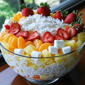 - 1 cup mini marshmallows - 1 cup shredded coconut - 1 cup canned mandarin oranges, drained - 1 cup pineapple tidbits, drained - 1 cup fresh strawberries, hulled and sliced - ½ cup chopped walnuts or pecans - 1 cup whipped cream or cool whip - 1 tablespoon honey (optional) - ¼ teaspoon vanilla extract Gather these ingredients before you start. Each one adds flavor and texture. The mini marshmallows give sweetness and a soft bite. Shredded coconut adds a chewy texture and tropical taste. Canned mandarin oranges and pineapple tidbits bring juicy bursts of flavor. Fresh strawberries add a bright, sweet touch. Choose walnuts or pecans based on your taste. They add a nice crunch. Whipped cream or cool whip gives a light, creamy finish. You can sweeten it more with honey and vanilla extract. Using these fresh and canned fruits makes this dish easy. You can find everything at your local store. This recipe invites everyone to enjoy a sweet treat. For the full recipe, follow the instructions carefully to make this delightful Ambrosia Salad. - Step 1: Combine fruit and marshmallows Start by taking a large mixing bowl. Add the mini marshmallows, shredded coconut, mandarin oranges, pineapple tidbits, and sliced strawberries. Mix gently to blend the flavors. This step makes your salad colorful and fun! - Step 2: Add nuts to the mixture Next, fold in the chopped walnuts or pecans. Stir until the nuts are spread evenly throughout the fruit and marshmallow mix. Nuts add a nice crunch to the salad. - Step 3: Prepare whipped cream mixture In another bowl, mix the whipped cream or cool whip. If you like, add honey and vanilla extract for extra flavor. Stir until well combined. This mixture makes the salad creamy and sweet. - Step 4: Combine all ingredients Now, gently fold the whipped cream mixture into the fruit and nut mix. Be careful not to crush the fruit. You want everything coated well and looking lovely. - Step 5: Refrigerate for flavor melding Cover your bowl with plastic wrap. Place it in the fridge for at least one hour. This helps the flavors mix and improves the taste. - Step 6: Final adjustments and serving Before serving, give the salad a gentle stir. Taste it and adjust the sweetness if needed. You can add more honey if you like it sweeter. Now, it’s ready to impress your guests! Enjoy this delightful Ambrosia Salad from the Full Recipe, and savor each bite of this classic dish! - Choosing the best fruits for flavor To make a great Ambrosia Salad, you need fresh and tasty fruits. Use sweet mandarin oranges and ripe strawberries. Pineapple adds a nice zing. Choose fruits that are in season for the best taste. - Tips for achieving the right texture A good salad has both creaminess and crunch. Marshmallows and whipped cream give it a soft feel. Add nuts for a crunchy bite. Make sure to chop nuts small enough to mix well but big enough to enjoy. - How to adequately fold ingredients Folding is key for mixing without mashing the fruit. Use a spatula and gently lift the mixture from the bottom. Turn it over slowly while mixing. This keeps your fruits whole and pretty. - Ideal serving vessels A clear glass bowl is perfect for serving. It shows off the bright colors of the salad. You can also use individual cups for a fun twist. This makes serving easy at parties. - Garnishing for visual appeal Garnish your salad with extra coconut on top. Add a few whole strawberries to make it pop. A sprig of mint can also add a nice touch. - Pairing with main dishes Ambrosia Salad is great next to grilled meats. It complements rich dishes like ham or chicken. Serve it at BBQs or family gatherings for a refreshing side. Explore the [Full Recipe] for more ways to enjoy this delightful dish. {{image_2}} You can make Ambrosia Salad even more exciting by adding different fruits. Try using mango, kiwi, or even pomegranate seeds. These fruits bring unique flavors and colors to the dish. If you want a dairy-free or vegan option, you can swap the whipped cream for coconut cream or a vegan whipped topping. This change keeps the salad creamy without using dairy. For a twist, consider adding a pinch of cinnamon or nutmeg. These spices can give your salad a warm, cozy flavor. In the summer, use fresh berries like blueberries or raspberries. They add a burst of flavor and color that feels refreshing. During the holidays, you can add diced apples or pears. Mixing in some dried cranberries can also create a festive vibe. These seasonal fruits make your Ambrosia Salad perfect for any gathering. For the Full Recipe, follow the exact steps to create a delightful dish that you can customize all year round! To keep your Ambrosia Salad fresh, store any leftovers in a sealed container. I recommend using glass or plastic containers with tight lids. These types of containers help prevent air from getting in and keep the salad crisp. If you plan to serve it later, avoid mixing in the whipped cream until just before serving. This keeps the salad light and fluffy. You should refrigerate your Ambrosia Salad right after making it. It stays good for about three days in the fridge. Always check for signs of spoilage before eating. Look for any changes in color or smell. If it smells off or looks slimy, it’s best to throw it away. Always remember to enjoy your Ambrosia Salad at its best! What is the history of Ambrosia Salad? Ambrosia Salad has roots in the southern United States. It became popular in the 19th century. The name "Ambrosia" means food of the gods. This dish often includes fruits, nuts, and cream. It reflects a mix of cultures and flavors. Can I make Ambrosia Salad in advance? Yes, you can make Ambrosia Salad ahead of time. Prepare it a few hours before serving. This allows the flavors to blend well. Just keep it in the fridge until you serve it. What are some common substitutions in this recipe? You can swap fruits based on what you like. Use grapes or banana instead of strawberries. For nuts, try almonds or sunflower seeds. Yogurt can replace whipped cream for a lighter version. Is Ambrosia Salad healthy? Ambrosia Salad can be a healthy treat. It contains fruits that offer vitamins and fiber. However, it also has sugar and cream. Enjoy it in moderation for a balanced diet. How to make Ambrosia Salad without marshmallows? To make Ambrosia Salad without marshmallows, use extra fruit instead. You can add chopped apples or pears for crunch. A bit of yogurt or whipped cream can keep it creamy. What fruits are traditionally used in Ambrosia Salad? Traditional fruits in Ambrosia Salad include oranges, pineapples, and coconuts. You often see cherries and grapes as well. Choose fruits you enjoy for a personal touch. Can Ambrosia Salad be frozen? Freezing Ambrosia Salad is not recommended. The fruit can become mushy when thawed. It’s best enjoyed fresh after mixing. This blog post covered how to make Ambrosia Salad. We explored the key ingredients you need. You learned step-by-step instructions for preparing the dish. Plus, I shared tips to enhance flavors and textures. We also discussed variations and storage methods. In the end, Ambrosia Salad is fun and versatile. It’s perfect for any gathering or meal. Enjoy your creation and share it with others. You’ll love how easy it is to make and customize!
