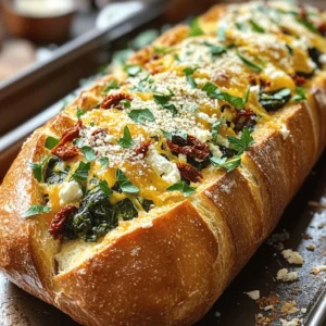 - 1 large French baguette - 1 cup fresh spinach, chopped - 1 cup feta cheese, crumbled - 1/2 cup cream cheese, softened - 1/4 cup sun-dried tomatoes, finely chopped - 1 clove garlic, minced - 1/4 teaspoon red pepper flakes (optional) - 2 tablespoons olive oil - Salt and pepper to taste - 1/4 cup grated Parmesan cheese (for topping) - Fresh parsley for garnish When I prepare Feta Spinach Stuffed French Bread, I focus on fresh and high-quality ingredients. The baguette serves as a warm, crusty base. Fresh spinach gives a vibrant green color and a healthy touch. Feta cheese adds a tangy flavor that pairs well with the creamy cream cheese. Sun-dried tomatoes bring a sweet and slightly tangy note that elevates the dish. For precise baking, it's helpful to convert cups to grams. Here’s a quick guide: - 1 cup of fresh spinach = 30 grams - 1 cup of feta cheese = 150 grams - 1/2 cup of cream cheese = 120 grams - 1/4 cup of sun-dried tomatoes = 40 grams - 1/4 cup of grated Parmesan cheese = 25 grams Using these conversions can help you get the right taste and texture. To get the best flavors, I suggest using fresh ingredients. Look for bright green spinach leaves. Choose feta cheese that is creamy and crumbly. For sun-dried tomatoes, pick ones packed in oil; they add richness. Fresh garlic enhances the taste more than powdered garlic. Using fresh parsley as a garnish gives a nice color contrast and brightens the dish. Explore different options for cheese, like goat cheese, for a twist. Enjoy discovering new flavors while making this tasty recipe! For the full recipe, check out the details above. First, preheat your oven to 350°F (175°C). This step is key to ensuring your bread bakes evenly. Next, gather your ingredients. You will need: - 1 large French baguette - 1 cup fresh spinach, chopped - 1 cup feta cheese, crumbled - 1/2 cup cream cheese, softened - 1/4 cup sun-dried tomatoes, finely chopped - 1 clove garlic, minced - 1/4 teaspoon red pepper flakes (optional) - 2 tablespoons olive oil - Salt and pepper to taste - 1/4 cup grated Parmesan cheese (for topping) - Fresh parsley for garnish In a skillet over medium heat, warm the olive oil. Add the minced garlic and sauté for about 1 minute. This will bring out the garlic's rich flavor. Next, add the chopped spinach and sun-dried tomatoes. Cook until the spinach wilts, which takes about 2-3 minutes. Season this mix with red pepper flakes, salt, and pepper. Once seasoned, remove the skillet from heat. Now, take a sharp knife and carefully cut the French baguette in half lengthwise. Be careful not to cut all the way through. Open the baguette like a book. Spoon the spinach and cheese mixture into the center of the baguette. Spread it evenly for the best taste. Finally, sprinkle the grated Parmesan cheese on top of the mixture. Wrap the stuffed baguette halves in aluminum foil. Place them on a baking sheet to catch any drips. Bake in the preheated oven for 15-20 minutes. You want the bread warmed through and the cheese slightly melted. After that, carefully unwrap the foil. Return the baguette to the oven for an extra 5 minutes to crisp the top. Once done, let it cool for a minute. Slice into pieces and garnish with fresh parsley if you like. For the full recipe, check the recipe section. To get a crispy outer crust, start by baking the bread in foil. This keeps the heat in, allowing the filling to heat up. After 15-20 minutes, unwrap the foil. Bake it for 5 more minutes. This step will help the crust get nice and crispy. You can boost the flavor by mixing herbs and spices. Try adding oregano or basil for a fresh taste. A pinch of garlic powder can also make a big difference. These additions will make your dish stand out. Always taste your filling before you stuff the bread. Adjust salt, pepper, and spices as needed. Watch out for overstuffing the bread. If you add too much filling, it can spill out during baking. Ensure the baguette is hollowed out enough to hold the mix but not too much. Another mistake is not letting the bread cool before slicing. This can cause the filling to ooze out. Follow these tips for a perfect Feta Spinach Stuffed French Bread. For the complete recipe, check the Full Recipe. {{image_2}} You can change the flavor by using different cheeses. Try goat cheese for a tangy taste. Mozzarella gives a creamy texture. If you want veggies, add bell peppers or artichokes. They add color and taste. You can also switch out sun-dried tomatoes for fresh cherry tomatoes. If you need a gluten-free choice, look for gluten-free bread. Many brands offer tasty options. Just make sure it’s soft enough to fill. Follow the same steps to stuff and bake it. You won’t miss the gluten at all! During spring or summer, add fresh zucchini or asparagus. They give a nice crunch. In fall, try roasted butternut squash for sweetness. Winter calls for hearty greens like kale. These changes keep the dish exciting all year. Each season brings its own flavors! To keep your Feta Spinach Stuffed French Bread fresh, store leftovers in an airtight container. This helps maintain moisture and flavor. Place the bread in the fridge within two hours of cooking. It should stay good for about 3 days. If you notice any signs of spoilage, like mold or an off smell, discard it immediately. Freezing is a great option if you have extra bread. Wrap the stuffed baguette tightly in plastic wrap. Then, place it in a freezer bag or airtight container. This helps prevent freezer burn. You can freeze it for up to 3 months. For best results, cut the bread into slices before freezing. This makes it easier to reheat later. To reheat the bread, preheat your oven to 350°F (175°C). Wrap the bread in aluminum foil to keep it moist. Heat it for about 15-20 minutes, or until warm. If you want a crispy crust, unwrap the foil for the last 5 minutes. You can also use a toaster oven for smaller pieces. Just keep an eye on them to avoid burning. Enjoy your delicious stuffed bread just like it was fresh! You can serve a variety of sides with this dish. Here are some ideas: - A fresh garden salad - Creamy tomato soup - Roasted vegetables - Hummus or tzatziki for dipping - A light vinaigrette Each of these pairs nicely with the rich flavors of the stuffed bread. Yes, you can prep this dish ahead of time. Here are some tips: - Prepare the spinach mixture and fill the baguette. - Wrap it tightly in foil and store it in the fridge. - Bake it just before serving for the best taste. This makes it a great option for busy days or gatherings. Leftovers can last up to three days in the fridge. To store: - Wrap the bread in plastic wrap or foil. - Keep it in an airtight container. Always check for any signs of spoilage before enjoying leftovers. Yes, this recipe is vegetarian-friendly. It contains no meat or meat products. The ingredients are all plant-based, making it a tasty option for those who avoid meat. This blog gave you a detailed recipe for Feta Spinach Stuffed French Bread. You learned about the best ingredients, step-by-step cooking, and tips to enhance flavor. Now, enjoy making this dish with your fresh ingredients. Remember, you can switch things up with seasonings or different cheeses. Store leftovers properly for later. With practice, you'll master this tasty recipe and impress your friends and family. Happy cooking!