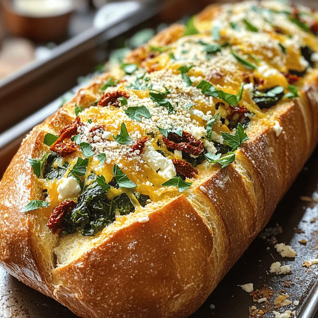 - 1 large French baguette - 1 cup fresh spinach, chopped - 1 cup feta cheese, crumbled - 1/2 cup cream cheese, softened - 1/4 cup sun-dried tomatoes, finely chopped - 1 clove garlic, minced - 1/4 teaspoon red pepper flakes (optional) - 2 tablespoons olive oil - Salt and pepper to taste - 1/4 cup grated Parmesan cheese (for topping) - Fresh parsley for garnish When I prepare Feta Spinach Stuffed French Bread, I focus on fresh and high-quality ingredients. The baguette serves as a warm, crusty base. Fresh spinach gives a vibrant green color and a healthy touch. Feta cheese adds a tangy flavor that pairs well with the creamy cream cheese. Sun-dried tomatoes bring a sweet and slightly tangy note that elevates the dish. For precise baking, it's helpful to convert cups to grams. Here’s a quick guide: - 1 cup of fresh spinach = 30 grams - 1 cup of feta cheese = 150 grams - 1/2 cup of cream cheese = 120 grams - 1/4 cup of sun-dried tomatoes = 40 grams - 1/4 cup of grated Parmesan cheese = 25 grams Using these conversions can help you get the right taste and texture. To get the best flavors, I suggest using fresh ingredients. Look for bright green spinach leaves. Choose feta cheese that is creamy and crumbly. For sun-dried tomatoes, pick ones packed in oil; they add richness. Fresh garlic enhances the taste more than powdered garlic. Using fresh parsley as a garnish gives a nice color contrast and brightens the dish. Explore different options for cheese, like goat cheese, for a twist. Enjoy discovering new flavors while making this tasty recipe! For the full recipe, check out the details above. First, preheat your oven to 350°F (175°C). This step is key to ensuring your bread bakes evenly. Next, gather your ingredients. You will need: - 1 large French baguette - 1 cup fresh spinach, chopped - 1 cup feta cheese, crumbled - 1/2 cup cream cheese, softened - 1/4 cup sun-dried tomatoes, finely chopped - 1 clove garlic, minced - 1/4 teaspoon red pepper flakes (optional) - 2 tablespoons olive oil - Salt and pepper to taste - 1/4 cup grated Parmesan cheese (for topping) - Fresh parsley for garnish In a skillet over medium heat, warm the olive oil. Add the minced garlic and sauté for about 1 minute. This will bring out the garlic's rich flavor. Next, add the chopped spinach and sun-dried tomatoes. Cook until the spinach wilts, which takes about 2-3 minutes. Season this mix with red pepper flakes, salt, and pepper. Once seasoned, remove the skillet from heat. Now, take a sharp knife and carefully cut the French baguette in half lengthwise. Be careful not to cut all the way through. Open the baguette like a book. Spoon the spinach and cheese mixture into the center of the baguette. Spread it evenly for the best taste. Finally, sprinkle the grated Parmesan cheese on top of the mixture. Wrap the stuffed baguette halves in aluminum foil. Place them on a baking sheet to catch any drips. Bake in the preheated oven for 15-20 minutes. You want the bread warmed through and the cheese slightly melted. After that, carefully unwrap the foil. Return the baguette to the oven for an extra 5 minutes to crisp the top. Once done, let it cool for a minute. Slice into pieces and garnish with fresh parsley if you like. For the full recipe, check the recipe section. To get a crispy outer crust, start by baking the bread in foil. This keeps the heat in, allowing the filling to heat up. After 15-20 minutes, unwrap the foil. Bake it for 5 more minutes. This step will help the crust get nice and crispy. You can boost the flavor by mixing herbs and spices. Try adding oregano or basil for a fresh taste. A pinch of garlic powder can also make a big difference. These additions will make your dish stand out. Always taste your filling before you stuff the bread. Adjust salt, pepper, and spices as needed. Watch out for overstuffing the bread. If you add too much filling, it can spill out during baking. Ensure the baguette is hollowed out enough to hold the mix but not too much. Another mistake is not letting the bread cool before slicing. This can cause the filling to ooze out. Follow these tips for a perfect Feta Spinach Stuffed French Bread. For the complete recipe, check the Full Recipe. {{image_2}} You can change the flavor by using different cheeses. Try goat cheese for a tangy taste. Mozzarella gives a creamy texture. If you want veggies, add bell peppers or artichokes. They add color and taste. You can also switch out sun-dried tomatoes for fresh cherry tomatoes. If you need a gluten-free choice, look for gluten-free bread. Many brands offer tasty options. Just make sure it’s soft enough to fill. Follow the same steps to stuff and bake it. You won’t miss the gluten at all! During spring or summer, add fresh zucchini or asparagus. They give a nice crunch. In fall, try roasted butternut squash for sweetness. Winter calls for hearty greens like kale. These changes keep the dish exciting all year. Each season brings its own flavors! To keep your Feta Spinach Stuffed French Bread fresh, store leftovers in an airtight container. This helps maintain moisture and flavor. Place the bread in the fridge within two hours of cooking. It should stay good for about 3 days. If you notice any signs of spoilage, like mold or an off smell, discard it immediately. Freezing is a great option if you have extra bread. Wrap the stuffed baguette tightly in plastic wrap. Then, place it in a freezer bag or airtight container. This helps prevent freezer burn. You can freeze it for up to 3 months. For best results, cut the bread into slices before freezing. This makes it easier to reheat later. To reheat the bread, preheat your oven to 350°F (175°C). Wrap the bread in aluminum foil to keep it moist. Heat it for about 15-20 minutes, or until warm. If you want a crispy crust, unwrap the foil for the last 5 minutes. You can also use a toaster oven for smaller pieces. Just keep an eye on them to avoid burning. Enjoy your delicious stuffed bread just like it was fresh! You can serve a variety of sides with this dish. Here are some ideas: - A fresh garden salad - Creamy tomato soup - Roasted vegetables - Hummus or tzatziki for dipping - A light vinaigrette Each of these pairs nicely with the rich flavors of the stuffed bread. Yes, you can prep this dish ahead of time. Here are some tips: - Prepare the spinach mixture and fill the baguette. - Wrap it tightly in foil and store it in the fridge. - Bake it just before serving for the best taste. This makes it a great option for busy days or gatherings. Leftovers can last up to three days in the fridge. To store: - Wrap the bread in plastic wrap or foil. - Keep it in an airtight container. Always check for any signs of spoilage before enjoying leftovers. Yes, this recipe is vegetarian-friendly. It contains no meat or meat products. The ingredients are all plant-based, making it a tasty option for those who avoid meat. This blog gave you a detailed recipe for Feta Spinach Stuffed French Bread. You learned about the best ingredients, step-by-step cooking, and tips to enhance flavor. Now, enjoy making this dish with your fresh ingredients. Remember, you can switch things up with seasonings or different cheeses. Store leftovers properly for later. With practice, you'll master this tasty recipe and impress your friends and family. Happy cooking!