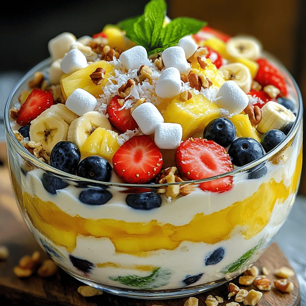 - 1 cup vanilla pudding mix - 2 cups milk - 2 bananas, sliced - 1 cup strawberries, hulled and halved - 1 cup blueberries - 1 cup pineapple chunks (fresh or canned) - 1 cup mini marshmallows - ½ cup shredded coconut (optional) - ¼ cup crushed nuts (such as walnuts or pecans) - Mint leaves for garnish When measuring ingredients, use dry and liquid measuring cups. For the pudding mix, use a dry cup. Use a liquid cup for the milk. Fresh fruits should be measured whole before slicing or chopping. For the nuts, use a measuring cup to get a precise amount. You can swap the vanilla pudding mix for chocolate or butterscotch for a different taste. If you prefer dairy-free, try using almond or oat milk. Change fruits based on what you like or have. Consider using peaches, apples, or grapes. You can also leave out the nuts for a nut-free version. Making pudding fruit salad is easy and fun. You’ll mix fruits with a creamy pudding. This salad is perfect for parties or a sweet treat. Gather your ingredients and let's get started. 1. In a medium bowl, add the vanilla pudding mix and milk. 2. Whisk them together until smooth. Let it sit for 5 minutes to thicken. 3. While the pudding thickens, grab a large mixing bowl. 4. Add the sliced bananas, halved strawberries, blueberries, and pineapple chunks to this bowl. 5. Once the pudding is thickened, pour it over the mixed fruits. 6. Gently fold the pudding into the fruit until well coated. 7. Next, add the mini marshmallows, shredded coconut, and crushed nuts. 8. Mix gently until everything is well combined. 9. Cover the bowl with plastic wrap. 10. Chill the salad in the fridge for at least one hour. 11. Before serving, stir gently and garnish with mint leaves. - Be gentle when mixing. You want the fruit to stay whole. - Use ripe fruit for the best flavor. - If you want a nut-free option, skip the crushed nuts. - Add a splash of lemon juice to keep bananas from browning. - This salad tastes even better if you let it sit a bit longer. For the full recipe, check the section above. To make the best pudding fruit salad, start with fresh fruit. Use ripe bananas, juicy strawberries, and sweet pineapple. This adds great flavor. Mix the pudding and milk well. Let it sit until it thickens. This step is key for a creamy texture. Gently fold the fruit into the pudding mix. Don't mash the fruit; keep it whole for a nice bite. Refrigerate the salad for at least one hour. This helps the flavors blend perfectly. One common mistake is using overripe fruit. It can make the salad mushy. Another error is not letting the pudding thicken enough. If it's too runny, it won't coat the fruit well. Also, avoid mixing the salad too hard. This can break the fruit and ruin the look. Lastly, don't skip the chilling time. It makes a big difference in taste and texture. For a fun presentation, serve the salad in clear cups. This lets everyone see the pretty colors. You can sprinkle extra nuts and coconut on top for crunch. Garnish with fresh mint leaves for a pop of green. Serve this dish as a light dessert or a side at picnics. You can even pair it with a scoop of ice cream for a special treat. For the full recipe, check the recipe section above. {{image_2}} You can change the fruits in your pudding fruit salad based on the seasons. In spring, try fresh strawberries and kiwi for a bright touch. Summer brings peaches and cherries that add sweetness. In fall, consider apples and pears for a cozy flavor. Winter is great for citrus fruits like oranges and grapefruits. Using seasonal fruits gives your salad a fresh taste and helps you enjoy what’s in season. If you need a vegan option, replace the milk with almond or coconut milk. Use a vegan pudding mix, which you can find at most stores. For gluten-free needs, check your pudding mix for any gluten. Most are safe, but it’s always good to read labels. This way, everyone can enjoy pudding fruit salad, no matter their diet. Want to make your pudding fruit salad pop? Add a dash of cinnamon or nutmeg to the pudding mix. These spices can warm up the flavors nicely. You might also try some vanilla extract for extra sweetness. A splash of lemon juice can brighten the fruits and keep them fresh. These simple changes can take your salad from good to great! If you want the full details on how to create this delightful dish, check out the Full Recipe. Store any leftover pudding fruit salad in an airtight container. This helps keep it fresh. Make sure to put it in the fridge right away. If you leave it out, it may spoil quickly. Pudding fruit salad lasts about 3 to 4 days in the fridge. After that, the fruit may get mushy. It is best to eat it fresh. If you notice any bad smells or changes in color, throw it away. For the best taste, enjoy it within the first two days. You do not need to reheat pudding fruit salad. It is best served cold. If you like, you can let it sit at room temperature for about 15 minutes before serving. This can help enhance the flavors. For the full recipe, check above. Yes, you can! You can try chocolate, butterscotch, or even banana pudding. Each type adds its own flavor. For a fun twist, mix two flavors. This change makes the salad unique and tasty. You can keep Pudding Fruit Salad in the fridge for up to three days. Make sure to cover it well. The fruit may get soft after a while, so eat it fresh for the best taste. Many fruits work well in this salad. Bananas, strawberries, blueberries, and pineapple are great choices. You can also add peaches, kiwi, or grapes. Experiment with your favorites for a fun mix. For the full recipe, check out the earlier section. Enjoy making this tasty treat! In this blog post, we covered the key ingredients for your pudding fruit salad. We discussed how to prepare, measure, and substitute ingredients. I shared tips for mixing and common mistakes to avoid. You learned about seasonal fruit and dietary options. I also provided storage tips and answered your FAQs. Remember, you can make this dish your own by experimenting with flavors and fruits. Enjoy creating your perfect pudding fruit salad!