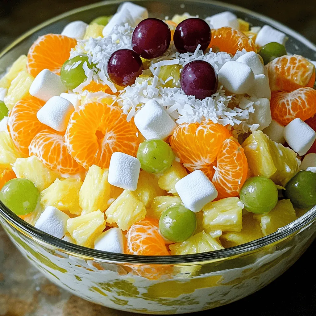 To make a delightful Classic Ambrosia Salad, you will need: - 1 cup mini marshmallows - 1 cup diced fresh pineapple (with juice) - 1 cup mandarin oranges, drained - 1 cup shredded coconut (sweetened) - 1 cup halved grapes (red or green) - 1 cup sour cream (or Greek yogurt for a healthier twist) - 2 tablespoons honey (optional, for additional sweetness) - 1/2 cup chopped pecans or walnuts (optional) When selecting fruits, look for vibrant colors and firm textures. Choose pineapples that feel heavy for their size and have a sweet smell. For mandarin oranges, pick ones that are smooth and plump. Grapes should be firm and free from wrinkles. Fresh coconut should be moist and not dried out. Always wash the fruits well before use to keep them safe. You can add more fun to your salad by including other fruits. Consider adding bananas for creaminess or strawberries for a pop of color. You can also switch out nuts. Almonds or pecans work well too. If you want a tropical vibe, try mango or kiwi. Feel free to experiment with flavors! To make Classic Ambrosia Salad, start by gathering all your ingredients. You will need mini marshmallows, diced fresh pineapple, mandarin oranges, shredded coconut, and grapes. Measure each ingredient with care. In a large mixing bowl, add the mini marshmallows, diced pineapple (with its juice), mandarin oranges, shredded coconut, and halved grapes. This mix gives your salad a sweet and juicy base. Next, you will make the creamy part of the salad. In a small bowl, whisk together sour cream and honey. If you want less sweetness, feel free to skip the honey. Pour this mixture over the fruit and marshmallow mix. Now, use a spatula to gently fold everything together. You want to coat each piece well without smashing the fruit. If you like nuts, fold in the chopped pecans or walnuts last. After mixing, cover the bowl with plastic wrap. Refrigerate the salad for at least one hour. This chilling time helps the flavors come together. If you can, let it chill longer. The salad tastes even better the next day! When ready to serve, give it a gentle stir. This will help mix any settled ingredients. Enjoy your refreshing Classic Ambrosia Salad! For the full recipe, check out the detailed instructions above. To make a great Classic Ambrosia Salad, start with fresh fruits. Use ripe, juicy pineapple and sweet mandarin oranges. These fruits add natural sweetness and flavor. When you mix the ingredients, be gentle. This helps keep the fruit intact and makes the salad look nice. Chill the salad for at least one hour. This time allows the flavors to blend well. If you want a healthier version, swap sour cream for Greek yogurt. Greek yogurt adds creaminess and protein. You can also use honey for sweetness. If you are allergic to nuts, skip the pecans or walnuts. Try adding seeds like sunflower seeds for some crunch instead. Serve your salad in a clear glass bowl. This way, guests can see the bright colors of the fruit. For a fun touch, sprinkle extra coconut on top. You can also add a few whole grapes for decoration. This makes your Classic Ambrosia Salad look even more appealing. This delightful recipe is easy to make and perfect for sharing. You can find the full recipe easily to get started! {{image_2}} You can make Classic Ambrosia Salad even more fun. Try adding tropical fruits! Use mango, kiwi, or papaya. These fruits add bright colors and fresh taste. You can mix them with the original fruits. This twist makes the salad feel like a sunny day in paradise. If you want a nut-free option, skip the nuts. Use sunflower seeds instead for a nice crunch. To make it vegan, switch sour cream with coconut yogurt. This change keeps the creamy texture and adds more coconut flavor. It’s tasty and good for everyone! You can enjoy Ambrosia Salad all year. In spring, add berries like strawberries or blueberries. Summer calls for peaches and cherries. In fall, use apples and pears for a cozy vibe. Winter brings citrus fruits like blood oranges or grapefruit. Each season offers a new taste adventure! For the full recipe, check out the Classic Ambrosia Salad 🥥. To keep your Classic Ambrosia Salad fresh, use an airtight container. This helps prevent any moisture loss. Make sure to cover the salad tightly with plastic wrap if you don’t have a container. It’s best to store it in the fridge. Classic Ambrosia Salad lasts about 3 to 5 days in the fridge. It does not freeze well due to the fruit's high water content. Reheating is not needed. Serve it cold straight from the fridge for the best taste. Look for fresh colors and a pleasant smell. If the fruit looks dull or mushy, it is time to throw it out. Discard the salad if it has any off smells or strange textures. Freshness matters for great taste! Enjoy with confidence by following these tips. For the full recipe, check the [Full Recipe]. Classic Ambrosia Salad is a sweet fruit salad. It combines fresh fruits, marshmallows, and a creamy base. You often find it at potlucks and holiday meals. The mix of textures and flavors makes it a delight. It is colorful and appealing, perfect for any table. Yes, you can make Classic Ambrosia Salad ahead of time. In fact, it tastes better after chilling. Prepare it a few hours or even a day before serving. Just cover the bowl with plastic wrap and store it in the fridge. This waiting time lets the flavors blend nicely. You can use many fruits in Classic Ambrosia Salad. Common choices include pineapple, grapes, and mandarin oranges. You can also add bananas, cherries, or strawberries. The key is to use fresh, ripe fruits. Feel free to mix and match based on your taste. For the full recipe, check out the [Full Recipe]. Classic Ambrosia Salad is easy to make and fun to eat. You learned the key ingredients and how to pick fresh fruits. Customizing it can make every version unique. We went through simple steps to prepare and mix the salad, plus how to chill it for the best taste. Remember, good practices help you make a perfect dish. You can swap ingredients for different diets and enhance your salad’s look when serving. Store it well, and enjoy variations for any season. This salad is versatile and tasty all year long.