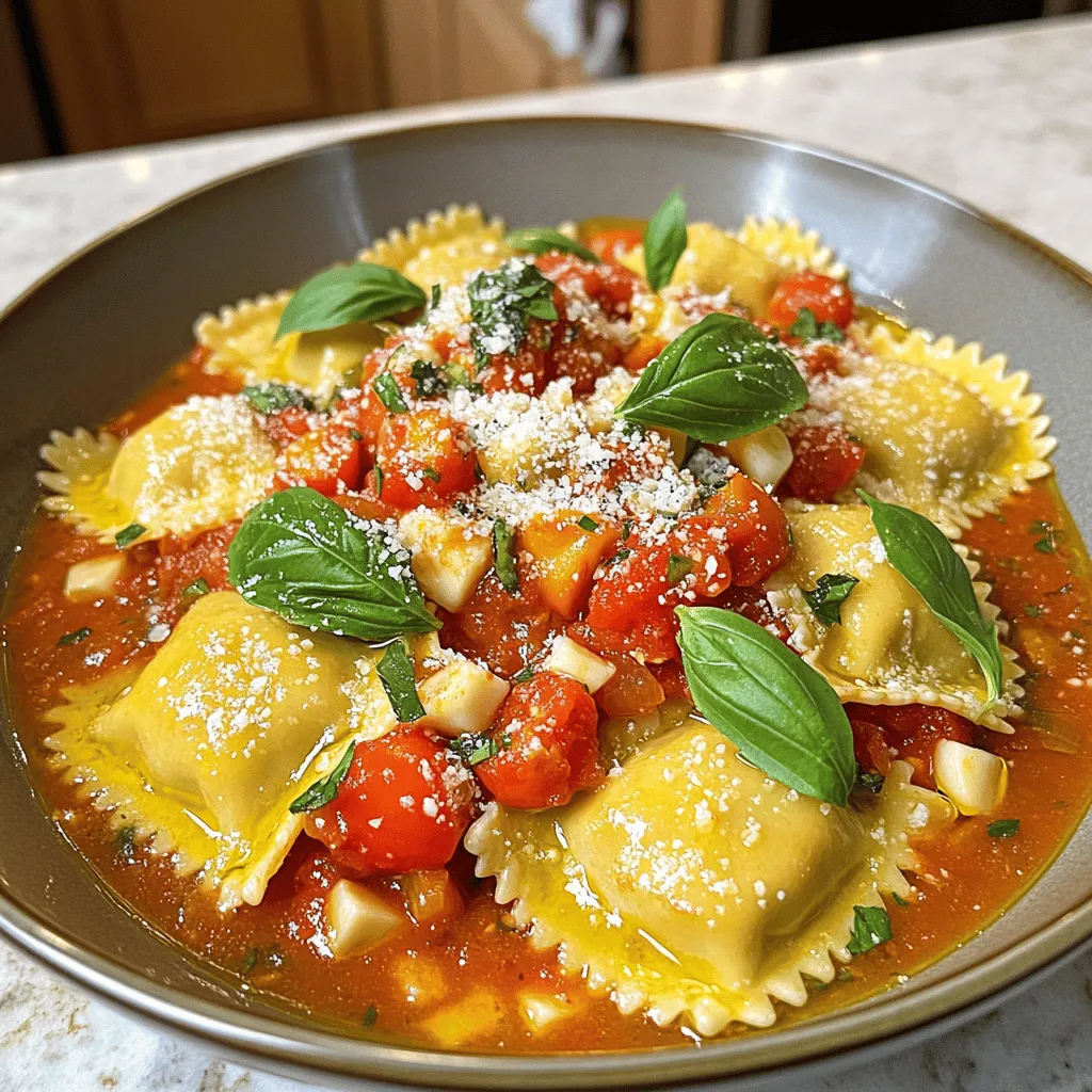 - 2 cups fresh ravioli (store-bought or homemade) - 3 large ripe tomatoes, diced - 2 cloves garlic, minced - 1/4 cup fresh basil leaves, chopped - 1/4 cup extra virgin olive oil - 1 teaspoon red pepper flakes (optional) - Salt and pepper to taste - Grated parmesan cheese for garnish - Large pot for boiling - Skillet for sautéing - Colander for draining How to select ripe tomatoes: Look for tomatoes that feel heavy for their size. They should be firm yet slightly give when you press them. The color should be bright and even. Selecting the best ravioli: If using store-bought ravioli, check the packaging for freshness. Homemade ravioli should be made with quality dough and fillings. Importance of fresh herbs: Fresh herbs like basil elevate flavors. They add brightness and depth to the dish. Always choose vibrant, fragrant herbs for the best taste. I recommend trying this recipe with these fresh ingredients. They make a world of difference in flavor. For the complete cooking process, see the Full Recipe. - Boiling the ravioli (3-5 minutes) Start by bringing a large pot of salted water to a boil. Once it bubbles, add 2 cups of fresh ravioli. Cook them for 3 to 5 minutes. You’ll know they are done when they float to the top. - Checking for doneness To check if they are ready, gently taste one. It should be soft but firm. If they are too chewy, give them another minute. - Sautéing garlic for flavor While the ravioli cooks, grab a large skillet. Heat 1/4 cup of extra virgin olive oil over medium heat. Add 2 cloves of minced garlic. Sauté until the garlic smells great, about 1 minute. - Cooking tomatoes and seasoning Next, add 3 large diced tomatoes to the skillet. Stir in salt, pepper, and 1 teaspoon of red pepper flakes if you like heat. Cook this mixture for 5 to 7 minutes. The tomatoes should start breaking down and become juicy. - Gently folding ravioli into sauce Once the ravioli is ready, carefully drain it. Add the ravioli to the tomato sauce. Gently fold the ravioli into the sauce to coat them well. - Final touches with basil and cheese Stir in 1/4 cup of chopped fresh basil. Cook for another 1 to 2 minutes to blend the flavors. Serve hot, topped with freshly grated parmesan cheese. Enjoy! For the full recipe, check out the complete details. To make perfect al dente ravioli, cook them just until they float. This usually takes about 3-5 minutes. Be careful not to overcook them; they can get mushy. For a great sauce, balance your flavors. Use ripe tomatoes for sweetness and add garlic for depth. A pinch of salt enhances the tomatoes’ flavor, while red pepper flakes add a nice kick. Serve your ravioli in shallow bowls. This makes it look fancy and helps you show off the sauce. Drizzle extra sauce over the top for a glossy finish. Garnish with fresh basil leaves and a sprinkle of grated cheese. You can also add a lemon wedge on the side for extra zest. To boost the taste, consider adding spices like oregano or thyme. Fresh herbs really elevate the dish. Try topping your ravioli with toasted pine nuts or a sprinkle of lemon zest. This adds texture and a burst of flavor. For a fun twist, mix in some sautéed spinach or mushrooms. These add color and nutrition to your meal. For the full recipe, check out the Delicious Ravioli with Fresh Tomatoes. {{image_2}} You can boost the health of your ravioli with fresh veggies. Spinach or arugula adds a nice touch. They mix well with the tomatoes and give more flavor. You can also try other seasonal vegetables. Think zucchini, bell peppers, or even peas. Each veggie brings its unique taste. Want to make your meal heartier? Add grilled chicken or shrimp. They pair well with the dish. Just cook them separately, slice, and toss them in. If you prefer plant-based options, try tofu or chickpeas. These add protein without meat. They soak up the sauce and add great texture. While the tomato sauce shines, you can switch it up. Pesto sauce gives a fresh, herby taste. You can make it with basil, garlic, and nuts. Blend it up and toss it with the ravioli. If you crave a creamy texture, try a simple cream sauce. Just heat cream and stir in some cheese. It’s rich and delightful. For a full experience, check out the Full Recipe for more details! To keep your leftover ravioli fresh, place them in an airtight container. Refrigerate them right away. They will stay good for up to three days. For best taste, eat them within this timeframe. Before you store, avoid adding extra sauce. This helps prevent sogginess. If you want to freeze ravioli, follow these steps: 1. Prepare: Cool cooked ravioli completely. 2. Arrange: Lay them in a single layer on a baking sheet. 3. Freeze: Place the baking sheet in the freezer for about one hour. This helps them freeze without sticking together. 4. Store: Once frozen, transfer ravioli to a freezer-safe bag or container. Frozen ravioli can last for up to three months. To use, thaw them overnight in the fridge. To reheat ravioli, the best methods are: - Stovetop: Place ravioli in a skillet with a bit of water. Heat on low until warm. - Microwave: Use a microwave-safe dish, cover with a damp paper towel, and heat in short intervals. Avoid cooking too long. This can make ravioli mushy. Check often to keep them just right. For added flavor, drizzle a bit of olive oil or a spoon of sauce before serving. For a full recipe, you can explore Delicious Ravioli with Fresh Tomatoes. Making delicious ravioli with fresh tomatoes takes about 20 minutes from start to finish. This includes 15 minutes for prep and 5 minutes for cooking. You can gather your ingredients and have a lovely meal ready in no time. Yes, you can use frozen ravioli. However, cooking times will change. Frozen ravioli usually needs about 6-8 minutes in boiling water. The flavor may differ too. Fresh ravioli has a softer texture and richer taste. You can pair ravioli with many sides. A light salad with mixed greens works well. Garlic bread adds a nice touch too. For drinks, try a chilled white wine or sparkling water. These options will enhance your meal. If you don’t have fresh tomatoes, you can use canned or sun-dried tomatoes. Canned tomatoes offer a rich flavor and a similar texture. Sun-dried tomatoes give a sweet and tangy taste. Both alternatives work well in this recipe. To check if ravioli is done, look for these signs. The ravioli should float to the top of the water. They should also feel soft to the touch. Cooking for 3-5 minutes usually ensures they are just right. In this post, we covered how to make a tasty ravioli dish with fresh tomatoes. You learned about the best ingredients, essential tools, and step-by-step cooking methods. We shared tips on perfecting the flavors and offered variations for different tastes. Cooking can be fun and rewarding, especially when you enjoy a delicious meal. With these easy steps and ideas, you can create a dish that impresses. Happy cooking!