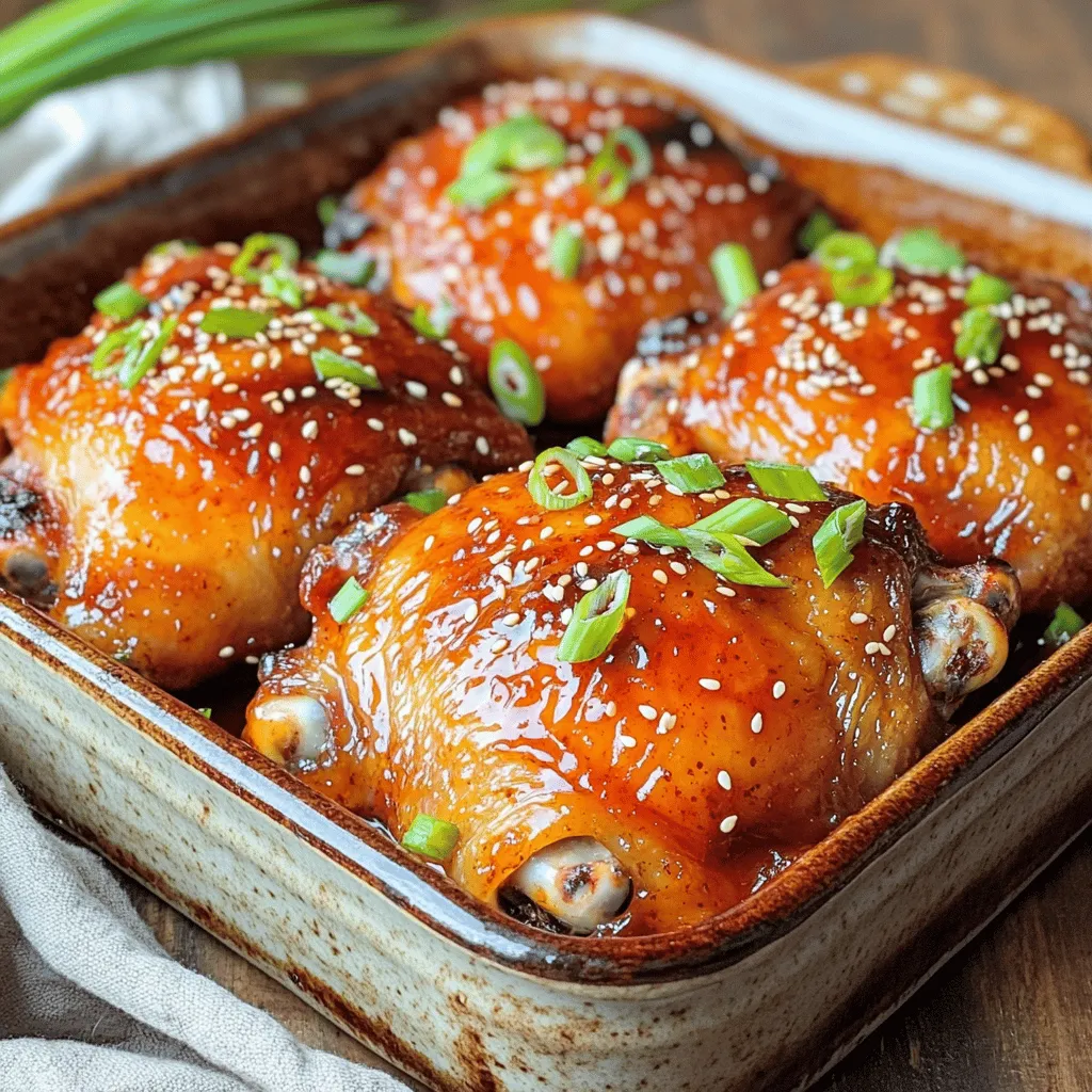 To make this dish, gather these key items: - 4 chicken thighs, bone-in and skin-on - 1/4 cup sweet chili sauce - 2 tablespoons soy sauce - 1 tablespoon rice vinegar - 2 cloves garlic, minced - 1 tablespoon ginger, freshly grated - 1 tablespoon honey - 1 tablespoon sesame oil - Salt and black pepper to taste - 1 tablespoon sesame seeds (for garnish) - 2 green onions, sliced (for garnish) These ingredients come together to create a rich and flavorful glaze that makes your chicken shine. The sweet chili sauce gives it a nice sweetness, while the soy sauce adds depth. The garlic and ginger bring warmth, making every bite a delight. You can adjust the recipe to suit your taste. Consider adding: - Red pepper flakes for heat - Lime juice for a zesty kick - Fresh herbs like cilantro for a fresh touch Feel free to mix and match based on what you have at home. Customizing the dish allows you to make it truly yours. This recipe can fit various diets with a few changes. If you're gluten-free, use tamari instead of soy sauce. For a lower-carb option, swap honey with a sugar-free substitute. If you prefer a leaner protein, chicken breast can replace thighs, but adjust cooking time. Always check ingredient labels for allergens. Enjoy cooking, and have fun experimenting! To start, let’s make the marinade for the sweet chili glazed chicken thighs. Grab a small bowl. In it, mix together the following ingredients: - 1/4 cup sweet chili sauce - 2 tablespoons soy sauce - 1 tablespoon rice vinegar - 2 cloves garlic, minced - 1 tablespoon ginger, freshly grated - 1 tablespoon honey - 1 tablespoon sesame oil - Salt and black pepper to taste Whisk these ingredients well until they combine. This mix gives the chicken flavor and a nice glaze. Now, let's marinate the chicken thighs. Take your four bone-in, skin-on chicken thighs and place them in a large resealable bag or a bowl. Pour the marinade over the chicken. Make sure each thigh is coated well. Seal the bag or cover the bowl. Let it sit in the fridge for at least 30 minutes. If you have time, two hours is even better. This helps the flavors soak into the meat. After marinating, it’s time to cook. Preheat your oven to 400°F (200°C). Take the chicken out of the fridge. Arrange the thighs skin-side up in a baking dish. Pour any leftover marinade over the chicken. Bake for about 35-40 minutes. The chicken should reach an internal temperature of 165°F (75°C) and the skin should look golden brown. For a crispy finish, broil the chicken for 2-3 minutes after baking. Just keep an eye on it to avoid burning. That’s it! You have sweet chili glazed chicken thighs ready to enjoy. For more details, check out the Full Recipe. To get that nice, crispy skin, start by drying the chicken thighs well. Pat them with paper towels before marinating. The less moisture on the skin, the better it will crisp up. When baking, place the thighs skin-side up in the dish. This helps the heat reach the skin directly. For that extra crunch, broil the chicken for 2-3 minutes at the end. Keep an eye on it to avoid burning. Cook chicken thighs until they reach an internal temperature of 165°F (75°C). This ensures they are safe to eat. Use a meat thermometer for accuracy. I recommend preheating your oven to 400°F (200°C) for even cooking. The high heat helps to crisp the skin and cook the meat through. You can boost the flavor of your sweet chili glazed chicken thighs with some tasty additions. Try adding lime juice or zest for a fresh kick. A pinch of red pepper flakes can add heat if desired. Fresh herbs like cilantro or basil can also brighten the dish. Don’t forget to serve with extra sweet chili sauce for dipping. For the full recipe, check out the details above. {{image_2}} You can use different proteins to make this dish. Try sweet chili glaze on chicken breasts, pork chops, or even firm tofu. Each protein will soak up the flavors. Just adjust the cooking time based on the protein you choose. For example, chicken breasts may cook faster, while pork needs a bit more time. The sweet chili sauce pairs well with all these options. If you like heat, add more spice to the glaze. You can mix in cayenne pepper, red pepper flakes, or even sriracha. Start with a small amount and taste as you go. This way, you can find your perfect heat level. The extra spice will bring a new twist to the sweet and savory balance of the dish. To make this dish gluten-free, use tamari instead of soy sauce. Tamari has a similar flavor but is gluten-free. For a paleo version, swap the sweet chili sauce with a homemade mix of honey and chili paste. This keeps the dish true to the paleo diet while still adding that sweet and spicy flavor. These substitutions let everyone enjoy this easy dinner delight. You can find the Full Recipe here. After enjoying your sweet chili glazed chicken thighs, store any leftovers in an airtight container. Make sure to let the chicken cool down to room temperature first. This keeps the chicken moist and tasty. Store it in the fridge for up to three days. Label the container with the date to track freshness. Reheating should be done gently to keep the chicken juicy. Preheat your oven to 350°F (175°C). Place the chicken in a baking dish and cover it with foil. Heat for about 15-20 minutes or until warmed through. This keeps the skin from getting soggy. You can also microwave the chicken, but use a low power setting to avoid drying it out. If you want to save some for later, freezing works well. First, let the chicken cool completely. Wrap each piece in plastic wrap, then place them in a freezer bag. Remove as much air as possible. This can keep your chicken fresh for up to three months. To reheat, just thaw overnight in the fridge and follow the reheating tips above. For more details on making this dish, check out the Full Recipe. You should marinate the chicken for at least 30 minutes. This allows the flavors to soak in. For the best taste, marinate for 2 hours or more. The longer you marinate, the more flavor the chicken absorbs. If you're in a rush, even 30 minutes will help. Just make sure to keep it in the fridge while it marinates. Yes, you can use boneless chicken thighs. They cook faster than bone-in thighs. Just reduce the cooking time by about 10 minutes. Check that they reach an internal temperature of 165°F (75°C). Boneless thighs also soak up the glaze very well. This makes them a great option if you prefer less fuss. Sweet Chili Glazed Chicken Thighs pair well with many sides. Here are some tasty options: - Steamed rice for a filling meal - Stir-fried vegetables for added crunch - A fresh salad to balance the flavors - Noodles tossed in sesame oil for extra flavor Feel free to mix and match these sides. You can also explore the [Full Recipe] for more ideas! You now have all you need to make sweet chili glazed chicken thighs. We covered the key ingredients and how to mix them. You learned about cooking methods and tips for crispy skin. Variations offered new ways to enjoy this dish. For storage, you know how to keep leftovers fresh. Now, take these ideas and make this meal your own. Enjoy the flavors and impress your friends!