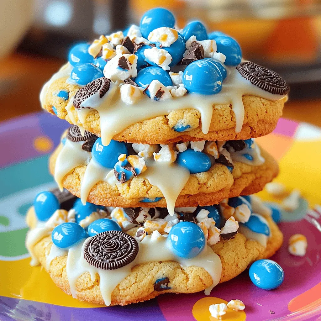 - 1 cup unsalted butter, softened - 1 cup brown sugar - 1/2 cup granulated sugar - 2 large eggs - 2 teaspoons vanilla extract - 3 cups all-purpose flour - 1 teaspoon baking soda - 1/2 teaspoon salt - 1 cup blue chocolate candies (like M&M’s) - 1/2 cup chocolate chips - 1/2 cup crushed Oreos You might want to change some ingredients. Here are a few ideas: - Alternatives for butter: You can use coconut oil or margarine. Both give great results. - Sugar replacements: Try using coconut sugar or maple syrup. Both add a nice flavor. - Options for gluten-free flour: Use a gluten-free blend instead of all-purpose flour. This keeps the cookies tasty. These changes can help you make COOKIE MONSTER COOKIES!!! just the way you like them. Enjoy the fun and flavor! 1. Preheat and prepare baking sheets Start by preheating your oven to 350°F (175°C). Line two baking sheets with parchment paper. This step helps the cookies bake evenly and prevents sticking. 2. Mixing wet ingredients In a large bowl, cream together 1 cup of softened unsalted butter, 1 cup of brown sugar, and 1/2 cup of granulated sugar. Mix until the mixture is light and fluffy. Next, add 2 large eggs one at a time. Then, stir in 2 teaspoons of vanilla extract. Mix well after each addition. 3. Combining dry ingredients In another bowl, whisk together 3 cups of all-purpose flour, 1 teaspoon of baking soda, and 1/2 teaspoon of salt. Gradually add this dry mixture to your wet mixture. Stir until just combined. Avoid overmixing to keep your cookies soft. 4. Folding in the chocolate and Oreos Now, gently fold in 1 cup of blue chocolate candies, 1/2 cup of chocolate chips, and 1/2 cup of crushed Oreos. This adds fun flavors and textures to your cookies. 5. Baking instructions Scoop tablespoons of cookie dough onto the prepared baking sheets. Leave enough space between each cookie as they will spread. Bake in your preheated oven for 10-12 minutes. The cookies should be lightly golden at the edges. The centers may seem a bit underbaked, but they will firm up as they cool. 6. Cooling and serving suggestions Once baked, remove the cookies from the oven. Let them cool on the baking sheets for about 5 minutes. After that, transfer them to a wire rack to cool completely. For a fun touch, stack the cookies on a colorful plate and drizzle with melted white chocolate. Add extra blue candies on top for a great look. Enjoy your COOKIE MONSTER COOKIES!!! You can find the full recipe in the previous section! To get the perfect cookie texture, start with softened butter. Soft butter helps the dough mix well. Cream it with sugars until fluffy. This step adds air, making cookies light. Use the right flour amount. Too much can make cookies dry. Use a spoon to fill your measuring cup, then level it off. To keep cookies soft and chewy, underbake them slightly. Remove the cookies when edges turn golden but centers look soft. They will firm up as they cool. For a fun presentation, stack the cookies on a colorful plate. Drizzle melted white chocolate on top for a sweet touch. Add more blue chocolate candies on the cookies. This boosts the Cookie Monster theme and adds color. For extra flair, use fun cupcake liners to serve them. Each cookie becomes a treat that kids and adults will love. Explore more ideas in the Full Recipe for other fun ways to present your Cookie Monster cookies! {{image_2}} You can change the flavors of your COOKIE MONSTER COOKIES!!! to keep things fun. Try adding different candies or nuts. For example, swap the blue chocolate candies for peanut butter cups or butterscotch chips. Add chopped nuts like walnuts or pecans for a crunchy surprise. Experimenting with extracts can also boost flavor. Besides vanilla, try almond extract for a nutty taste. Just a little can change the whole cookie. You can mix and match these ideas to create your dream cookie! Themed cookies make any occasion special. For Halloween, create Cookie Monster Halloween cookies. Use orange and black candies instead of blue ones. You can also add spooky decorations like edible eyes or ghost shapes. If you want to serve cookies at a party, try mini cookie versions. They are cute and easy to eat. Just scoop smaller amounts of dough and bake them for a shorter time. Everyone will love these fun bites! For the full recipe, check out the detailed instructions above and start baking! To keep your Cookie Monster cookies fresh, use an airtight container. Place parchment paper between layers to prevent sticking. Store at room temperature for up to one week. If you want to keep them longer, freezing is a great option. To freeze your cookies, let them cool completely first. Then, arrange them in a single layer on a baking sheet. Freeze for about an hour. Once firm, place them in a freezer-safe bag or container. They can last up to three months in the freezer. For the best taste and texture, enjoy your cookies within a week. If stored properly, they will remain soft and tasty. Look for signs of staleness, like a dry texture or crumbly edges. If you see any mold or an off smell, it’s time to toss them out. Always remember, it’s better to be safe than sorry when it comes to food! How to make COOKIE MONSTER COOKIES!!! from scratch? To make COOKIE MONSTER COOKIES!!! from scratch, follow these simple steps. First, gather your ingredients. You need butter, sugars, eggs, vanilla, flour, baking soda, salt, blue chocolate candies, chocolate chips, and crushed Oreos. Mix the butter and sugars until fluffy. Then add eggs and vanilla. In another bowl, whisk flour, baking soda, and salt. Combine both mixtures and fold in the candies and Oreos. Scoop dough onto a baking sheet and bake at 350°F for 10-12 minutes. Check the [Full Recipe] for all the details. Can I use regular chocolate chips instead of blue chocolate candies? Yes, you can use regular chocolate chips. They will taste great too! However, the blue candies give a fun Cookie Monster look. If you want a more colorful cookie, mix in both blue candies and chocolate chips. Why are my cookies spreading too much during baking? Cookies can spread too much for a few reasons. If your butter is too warm, the cookies may spread. Also, using too little flour can cause spreading. Make sure to measure your flour correctly. Chill the dough for 30 minutes for thicker cookies. What’s the best way to decorate COOKIE MONSTER COOKIES!!!? To decorate COOKIE MONSTER COOKIES!!!, stack them on a bright plate. Drizzle with melted white chocolate for a nice touch. Add more blue candies on top for fun eyes. You could also use small chocolate pieces for pupils. This makes your cookies look extra special! You can now make fun Cookie Monster cookies at home. We covered key ingredients and substitutions for those with dietary needs. I shared step-by-step instructions, baking tips, and creative ideas for presentation. Plus, we explored flavor variations and storage methods to keep your treats fresh. Remember, experimenting is part of the fun. So, gather your ingredients and start baking these tasty cookies. They'll be a hit at any gathering!