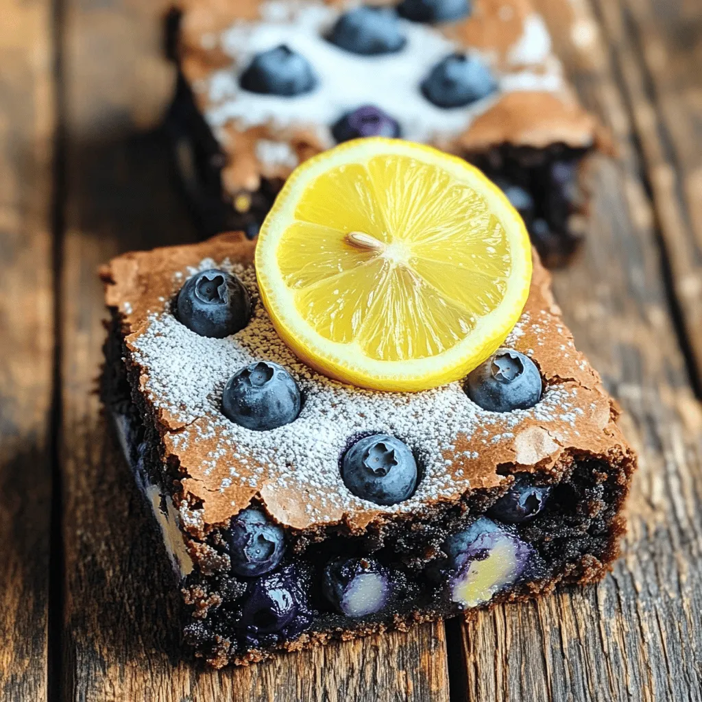 - 1 cup unsalted butter, melted - 1 1/2 cups granulated sugar - 3 large eggs - 1 tablespoon lemon zest - 1/4 cup fresh lemon juice - 1 teaspoon vanilla extract - 1 cup all-purpose flour - 1/2 teaspoon baking powder - 1/4 teaspoon salt - 1 cup fresh blueberries - 1/2 cup white chocolate chips (optional) In this recipe for blueberry lemon brownies, each ingredient plays a key role. The unsalted butter brings richness and moisture. Granulated sugar adds sweetness that balances the tartness of the lemon. Eggs help bind the brownies and give them a nice structure. Lemon zest and juice infuse the brownies with a bright, refreshing flavor. The vanilla extract enhances the overall taste, while flour gives the brownies their chewy texture. Baking powder helps them rise, and salt intensifies all the flavors. Fresh blueberries add bursts of sweetness and color. If you love white chocolate, the chips add a creamy touch. If you need to make swaps, there are great options. You can replace unsalted butter with coconut oil for a dairy-free version. For vegan brownies, consider using flax eggs or applesauce as an egg substitute. If gluten is a concern, you can use gluten-free flour blends. These substitutions keep the brownies tasty and enjoyable for everyone. For more tips and the full recipe, check out the complete guide on blueberry lemon brownies. 1. Preheat the oven and prepare the pan. Set your oven to 350°F (175°C). Grease and line a 9x9 inch baking pan with parchment paper. Leave some paper hanging over the edges for easy lifting later. 2. Mix the wet ingredients. In a large bowl, whisk together 1 cup of melted butter and 1 1/2 cups of granulated sugar. Make sure it's smooth. Add 3 large eggs one by one, mixing well after each. Stir in 1 tablespoon of lemon zest, 1/4 cup of fresh lemon juice, and 1 teaspoon of vanilla extract. 3. Combine the dry ingredients. In another bowl, whisk together 1 cup of all-purpose flour, 1/2 teaspoon of baking powder, and 1/4 teaspoon of salt. Slowly add this mix to the wet ingredients. Fold gently until just combined. Be careful not to overmix the batter. 1. Pour and spread the batter. Carefully fold in 1 cup of fresh blueberries and 1/2 cup of white chocolate chips if you want them. Pour the batter into your prepared pan. Spread it evenly with a spatula. 2. Bake the brownies. Place the pan in the oven and bake for 25-30 minutes. Check if they are ready by inserting a toothpick in the center. It should come out clean or with a few moist crumbs. 3. Test for doneness. Once done, allow the brownies to cool in the pan for about 10 minutes. Lift them out using the parchment paper. Let them cool completely on a wire rack before slicing into squares. To get the best texture in your blueberry lemon brownies, avoid overmixing. Overmixing makes brownies tough. Mix just until the ingredients blend. This keeps them soft and chewy. Using room temperature ingredients is key too. Cold butter or eggs can cause the batter to clump. Let your butter and eggs sit out for about 30 minutes before using. This helps create a smoother batter. Maximize the lemon flavor by using fresh ingredients. Use both lemon zest and juice for a bright taste. The zest adds oils that boost the lemon flavor. A good rule is to use the zest of one lemon per batch. You can also add depth with spices or extracts. A pinch of cinnamon or a splash of almond extract can work wonders. These small touches can change the flavor profile of your brownies. They add warmth and complexity to each bite. For the full recipe, check out the detailed steps to create these tasty treats! {{image_2}} You can play with flavors in your blueberry lemon brownies. Adding nuts like walnuts or pecans gives a nice crunch. You can also swap blueberries for raspberries for a fun twist. If you love chocolate, try adding cocoa powder to the batter. This change will give your brownies a rich, chocolatey taste. Making vegan blueberry lemon brownies is easy. Simply replace the eggs with flaxseed meal and water. Use coconut oil instead of butter for a smooth texture. For gluten-free brownies, swap regular flour with almond flour or a gluten-free blend. These options keep the brownies delicious and friendly for all diets. For the complete recipe, check out the [Full Recipe]. To keep your blueberry lemon brownies fresh, store them in an airtight container. This helps prevent them from drying out. You can also place a piece of bread inside the container. The bread will help keep the brownies moist. For longer storage, you can freeze them. Wrap each brownie in plastic wrap, then place them in a freezer bag. This keeps them safe from freezer burn. Blueberry lemon brownies can last for about 3 to 4 days at room temperature. Just make sure they are covered well. If you store them in the fridge, they can last up to a week. When you want to enjoy them again, you can reheat them. Place them in the microwave for about 10-15 seconds. This will warm them up and make them taste fresh again. Can I use frozen blueberries? Yes, you can use frozen blueberries. They add a nice burst of flavor. Just toss them in a bit of flour before mixing them in. This helps keep them from sinking to the bottom of your brownies. How do I prevent brownies from sticking to the pan? To prevent sticking, grease your pan well. Use butter or cooking spray. You can also line the pan with parchment paper. Leave some paper hanging over the edges. This makes it easy to lift the brownies out. What can I serve with blueberry lemon brownies? Serve these brownies with whipped cream or ice cream. A scoop of vanilla pairs well with their flavor. You can also add fresh berries on top for color and taste. Why is my brownie batter too thick? If your batter is too thick, you may have added too much flour. Always measure flour carefully. You can also add a splash of milk to loosen it up. This helps create a smooth, spreadable batter. How can I tell when my brownies are done baking? To check for doneness, insert a toothpick into the center. If it comes out clean or with a few moist crumbs, they are ready. Avoid overbaking, as this will make them dry. You learned how to make delicious blueberry lemon brownies using simple ingredients. I shared tips on substitutions, preparation, and baking techniques to help you succeed. Don’t forget to try variations for extra flavor and dietary needs. Proper storage ensures your brownies stay fresh longer. With practice, you’ll master this fun recipe. Enjoy your baking journey and share these yummy brownies with friends and family!