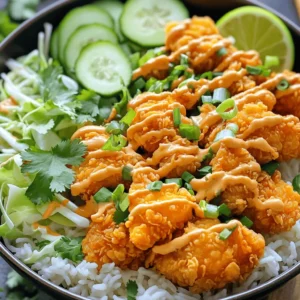 To make the BEST Bang Bang Chicken Bowl, you need these key ingredients: - Chicken: 1 lb boneless, skinless chicken breasts, diced - Seasonings: - 1 cup cornflour - 1 teaspoon paprika - 1 teaspoon garlic powder - 1 teaspoon onion powder - Salt and pepper to taste - Sauce Ingredients: - 1 cup buttermilk or plant-based alternative - 1/2 cup mayonnaise - 2 tablespoons sweet chili sauce - 1 tablespoon sriracha (adjust to taste) These ingredients create a tasty and crunchy chicken that will shine in your bowl. Toppings add flavor and color to your bowl. Here are what you should use: - Vegetables: - 2 cups cooked jasmine rice (or brown rice) - 1 cup shredded cabbage - 1/2 cup sliced cucumber - Herbs: - 1/4 cup chopped green onions - Fresh cilantro for garnish - Lime wedges: Serve these on the side for a zesty kick. These toppings make the dish bright and fresh. You need some tools to make this dish easy: - Mixing bowls: For combining your ingredients. - Skillet: To fry the chicken until crispy. - Measuring cups and spoons: To ensure you get the right amounts. With the right ingredients and tools, you’ll create a bowl full of flavor. For the complete process, check out the Full Recipe. Marinating Chicken First, you need to marinate the chicken. Take a bowl and pour in the buttermilk. Add the diced chicken pieces. Let it soak for about 10 minutes. This makes the chicken juicy and tasty. Coating Chicken Next, get another bowl. Mix cornflour, paprika, garlic powder, onion powder, salt, and pepper. Take each chicken piece from the buttermilk. Roll it in the cornflour mix until it's fully covered. This coating gives the chicken a nice crunch. Frying Chicken Now, heat a skillet over medium-high heat. Add enough oil to cover the bottom. Once the oil is hot, carefully place the coated chicken pieces in the skillet. Fry for about 5 to 7 minutes. They should turn golden brown and be fully cooked. Remove them and let them drain on paper towels. Making the Bang Bang Sauce In a bowl, mix mayonnaise, sweet chili sauce, and sriracha. Whisk until smooth. This sauce adds a sweet and spicy kick to your dish. Layering Rice and Chicken To build your bowl, start with cooked jasmine rice at the bottom. Then, add the crispy fried chicken on top. Adding Toppings and Sauce Next, sprinkle shredded cabbage and sliced cucumber over the chicken. Drizzle the Bang Bang sauce generously on top. Finish with chopped green onions and fresh cilantro. Serve with lime wedges for a zesty touch. For the complete recipe, check out the Full Recipe above. Enjoy your flavorful creation! Achieving the Right Crispy Texture To make your chicken crispy, coat it well. Use cornflour for a light crunch. Dip each piece in buttermilk first. This helps the coating stick better. Fry in hot oil, and don’t crowd the pan. This way, each piece gets even heat. Temperature Control of Oil Heat the oil on medium-high. A hot oil ensures a great crisp. You can test the oil by dropping in a small piece of chicken. If it bubbles and sizzles, it’s ready. If it doesn’t, wait a bit longer. Pairing with Side Dishes Serve your Bang Bang Chicken Bowl with a fresh side. I love adding a simple salad or steamed veggies. They balance the richness of the chicken. You can also try serving it with a hot bowl of miso soup. Customizing for Spiciness If you like heat, adjust the sriracha in the sauce. Start with one tablespoon and taste it. You can always add more if you want. For a milder dish, cut back on the sriracha. The sweet chili sauce adds a nice balance. Plating Techniques Layer your bowl for the best look. Start with a base of rice, then add chicken. Arrange the veggies on top for color. Use bright green onions and cilantro for a pop. This makes the dish more inviting. Photo-ready Bowls To make your bowl photo-ready, use contrasting colors. A bright lime wedge adds a nice touch. Arrange your ingredients neatly. Take your time to make it look nice. A well-presented dish tastes even better! For the Full Recipe, check out my detailed guide on making The BEST Bang Bang Chicken Bowl. {{image_2}} You can switch up the protein in your Bang Bang Chicken Bowl. If you want a vegetarian option, use tofu or tempeh. Both options soak up flavors well. Cut them into bite-sized pieces. Coat them in the same spices as the chicken. Fry until crispy. For seafood lovers, try shrimp. Shrimp cooks quickly and tastes great. Just marinate them in the Bang Bang sauce before cooking. They add a nice twist to the bowl. While the classic Bang Bang sauce is delicious, you can play with flavors. Consider a sweet and spicy sauce. Add more sriracha for heat or honey for sweetness. You can also mix in some lime juice for tang. If you prefer a vegan option, swap mayonnaise for a plant-based alternative. Use avocado or cashew cream for a creamy texture. These choices keep the bowl tasty and healthy. The base of your bowl can change too. Instead of jasmine rice, use quinoa or cauliflower rice. Quinoa adds protein, while cauliflower rice lowers carbs. Both options bring different textures and flavors. Feel free to add more vegetables. Bell peppers, carrots, or snap peas give color and crunch. Mix and match to create a bowl that fits your taste. You can find the full recipe in the earlier section for guidance. To keep your Bang Bang Chicken Bowl fresh, follow these steps: - Refrigeration Guidelines: Place leftover chicken and toppings in an airtight container. Store in the fridge for up to three days. Keep the sauce separate to maintain its crunch and flavor. - Freezing Recommendations: For longer storage, freeze leftovers. Pack chicken and rice in freezer-safe bags. They can last for up to two months. When ready, thaw overnight in the fridge before reheating. To enjoy your Bang Bang Chicken Bowl again, use these reheating tips: - Best Methods for Maintaining Texture: The oven is best for reheating. Preheat to 350°F (175°C). Place chicken on a baking sheet and heat for about 10-15 minutes. This keeps the chicken crispy. - Reheating in the Oven vs. Microwave: The microwave is quicker, but it can make the chicken soggy. If using a microwave, heat in short bursts and avoid overheating. Meal prep makes enjoying this bowl easier: - Making in Advance: Cook chicken and rice ahead of time. Store separately in the fridge. Assemble when you are ready to eat. - Keeping Ingredients Fresh: Chop vegetables and store them in airtight bags. This keeps them crisp. Prepare sauce in advance and refrigerate. Just mix before serving. For a detailed recipe, check out the Full Recipe for the BEST Bang Bang Chicken Bowl! To boost the heat, add more sriracha. Start with one tablespoon, then taste. If you want more spice, keep adding. You can also add extra sweet chili sauce for balance. This sauce is all about your taste, so adjust it until you’re happy. Yes, you can. Simply swap cornflour for a gluten-free flour mix. You can also use rice flour, which works well too. Make sure your mayonnaise and sweet chili sauce are gluten-free as well. Check labels to be sure. Bang Bang Chicken finds its roots in Chinese cuisine. It is known for its bold flavors and creamy sauce. The dish became popular worldwide, especially in Western countries. Each region adds its twist, making it unique. You can find many variations, but the sauce and crispy chicken stay the same. Many sides go well with this bowl. Try crispy spring rolls or a light Asian salad. Steamed broccoli or stir-fried vegetables also make great options. You can even serve it with dumplings for a fun twist. Each side adds more flavor and balance to your meal. The Bang Bang Chicken Bowl is a fun and tasty dish. You learned about key ingredients, helpful tips, and various ways to customize it. I shared how to store leftovers and what side dishes work best. Remember, cooking is about having fun, so don’t be afraid to try new flavors. Enjoy making this bowl your own, whether with shrimp or a new sauce. Dive in and savor each bite of your delicious creation!