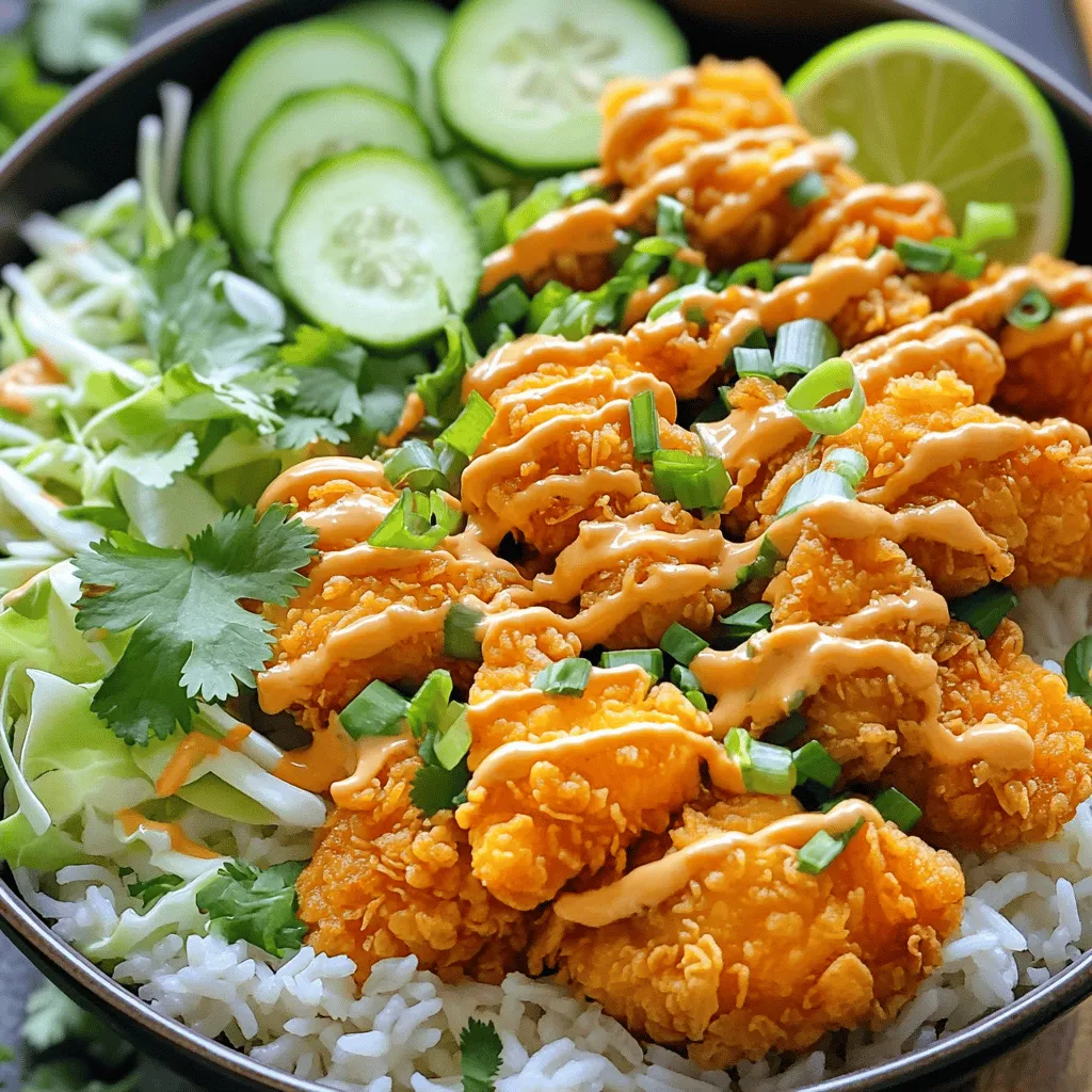 To make the BEST Bang Bang Chicken Bowl, you need these key ingredients: - Chicken: 1 lb boneless, skinless chicken breasts, diced - Seasonings: - 1 cup cornflour - 1 teaspoon paprika - 1 teaspoon garlic powder - 1 teaspoon onion powder - Salt and pepper to taste - Sauce Ingredients: - 1 cup buttermilk or plant-based alternative - 1/2 cup mayonnaise - 2 tablespoons sweet chili sauce - 1 tablespoon sriracha (adjust to taste) These ingredients create a tasty and crunchy chicken that will shine in your bowl. Toppings add flavor and color to your bowl. Here are what you should use: - Vegetables: - 2 cups cooked jasmine rice (or brown rice) - 1 cup shredded cabbage - 1/2 cup sliced cucumber - Herbs: - 1/4 cup chopped green onions - Fresh cilantro for garnish - Lime wedges: Serve these on the side for a zesty kick. These toppings make the dish bright and fresh. You need some tools to make this dish easy: - Mixing bowls: For combining your ingredients. - Skillet: To fry the chicken until crispy. - Measuring cups and spoons: To ensure you get the right amounts. With the right ingredients and tools, you’ll create a bowl full of flavor. For the complete process, check out the Full Recipe. Marinating Chicken First, you need to marinate the chicken. Take a bowl and pour in the buttermilk. Add the diced chicken pieces. Let it soak for about 10 minutes. This makes the chicken juicy and tasty. Coating Chicken Next, get another bowl. Mix cornflour, paprika, garlic powder, onion powder, salt, and pepper. Take each chicken piece from the buttermilk. Roll it in the cornflour mix until it's fully covered. This coating gives the chicken a nice crunch. Frying Chicken Now, heat a skillet over medium-high heat. Add enough oil to cover the bottom. Once the oil is hot, carefully place the coated chicken pieces in the skillet. Fry for about 5 to 7 minutes. They should turn golden brown and be fully cooked. Remove them and let them drain on paper towels. Making the Bang Bang Sauce In a bowl, mix mayonnaise, sweet chili sauce, and sriracha. Whisk until smooth. This sauce adds a sweet and spicy kick to your dish. Layering Rice and Chicken To build your bowl, start with cooked jasmine rice at the bottom. Then, add the crispy fried chicken on top. Adding Toppings and Sauce Next, sprinkle shredded cabbage and sliced cucumber over the chicken. Drizzle the Bang Bang sauce generously on top. Finish with chopped green onions and fresh cilantro. Serve with lime wedges for a zesty touch. For the complete recipe, check out the Full Recipe above. Enjoy your flavorful creation! Achieving the Right Crispy Texture To make your chicken crispy, coat it well. Use cornflour for a light crunch. Dip each piece in buttermilk first. This helps the coating stick better. Fry in hot oil, and don’t crowd the pan. This way, each piece gets even heat. Temperature Control of Oil Heat the oil on medium-high. A hot oil ensures a great crisp. You can test the oil by dropping in a small piece of chicken. If it bubbles and sizzles, it’s ready. If it doesn’t, wait a bit longer. Pairing with Side Dishes Serve your Bang Bang Chicken Bowl with a fresh side. I love adding a simple salad or steamed veggies. They balance the richness of the chicken. You can also try serving it with a hot bowl of miso soup. Customizing for Spiciness If you like heat, adjust the sriracha in the sauce. Start with one tablespoon and taste it. You can always add more if you want. For a milder dish, cut back on the sriracha. The sweet chili sauce adds a nice balance. Plating Techniques Layer your bowl for the best look. Start with a base of rice, then add chicken. Arrange the veggies on top for color. Use bright green onions and cilantro for a pop. This makes the dish more inviting. Photo-ready Bowls To make your bowl photo-ready, use contrasting colors. A bright lime wedge adds a nice touch. Arrange your ingredients neatly. Take your time to make it look nice. A well-presented dish tastes even better! For the Full Recipe, check out my detailed guide on making The BEST Bang Bang Chicken Bowl. {{image_2}} You can switch up the protein in your Bang Bang Chicken Bowl. If you want a vegetarian option, use tofu or tempeh. Both options soak up flavors well. Cut them into bite-sized pieces. Coat them in the same spices as the chicken. Fry until crispy. For seafood lovers, try shrimp. Shrimp cooks quickly and tastes great. Just marinate them in the Bang Bang sauce before cooking. They add a nice twist to the bowl. While the classic Bang Bang sauce is delicious, you can play with flavors. Consider a sweet and spicy sauce. Add more sriracha for heat or honey for sweetness. You can also mix in some lime juice for tang. If you prefer a vegan option, swap mayonnaise for a plant-based alternative. Use avocado or cashew cream for a creamy texture. These choices keep the bowl tasty and healthy. The base of your bowl can change too. Instead of jasmine rice, use quinoa or cauliflower rice. Quinoa adds protein, while cauliflower rice lowers carbs. Both options bring different textures and flavors. Feel free to add more vegetables. Bell peppers, carrots, or snap peas give color and crunch. Mix and match to create a bowl that fits your taste. You can find the full recipe in the earlier section for guidance. To keep your Bang Bang Chicken Bowl fresh, follow these steps: - Refrigeration Guidelines: Place leftover chicken and toppings in an airtight container. Store in the fridge for up to three days. Keep the sauce separate to maintain its crunch and flavor. - Freezing Recommendations: For longer storage, freeze leftovers. Pack chicken and rice in freezer-safe bags. They can last for up to two months. When ready, thaw overnight in the fridge before reheating. To enjoy your Bang Bang Chicken Bowl again, use these reheating tips: - Best Methods for Maintaining Texture: The oven is best for reheating. Preheat to 350°F (175°C). Place chicken on a baking sheet and heat for about 10-15 minutes. This keeps the chicken crispy. - Reheating in the Oven vs. Microwave: The microwave is quicker, but it can make the chicken soggy. If using a microwave, heat in short bursts and avoid overheating. Meal prep makes enjoying this bowl easier: - Making in Advance: Cook chicken and rice ahead of time. Store separately in the fridge. Assemble when you are ready to eat. - Keeping Ingredients Fresh: Chop vegetables and store them in airtight bags. This keeps them crisp. Prepare sauce in advance and refrigerate. Just mix before serving. For a detailed recipe, check out the Full Recipe for the BEST Bang Bang Chicken Bowl! To boost the heat, add more sriracha. Start with one tablespoon, then taste. If you want more spice, keep adding. You can also add extra sweet chili sauce for balance. This sauce is all about your taste, so adjust it until you’re happy. Yes, you can. Simply swap cornflour for a gluten-free flour mix. You can also use rice flour, which works well too. Make sure your mayonnaise and sweet chili sauce are gluten-free as well. Check labels to be sure. Bang Bang Chicken finds its roots in Chinese cuisine. It is known for its bold flavors and creamy sauce. The dish became popular worldwide, especially in Western countries. Each region adds its twist, making it unique. You can find many variations, but the sauce and crispy chicken stay the same. Many sides go well with this bowl. Try crispy spring rolls or a light Asian salad. Steamed broccoli or stir-fried vegetables also make great options. You can even serve it with dumplings for a fun twist. Each side adds more flavor and balance to your meal. The Bang Bang Chicken Bowl is a fun and tasty dish. You learned about key ingredients, helpful tips, and various ways to customize it. I shared how to store leftovers and what side dishes work best. Remember, cooking is about having fun, so don’t be afraid to try new flavors. Enjoy making this bowl your own, whether with shrimp or a new sauce. Dive in and savor each bite of your delicious creation!