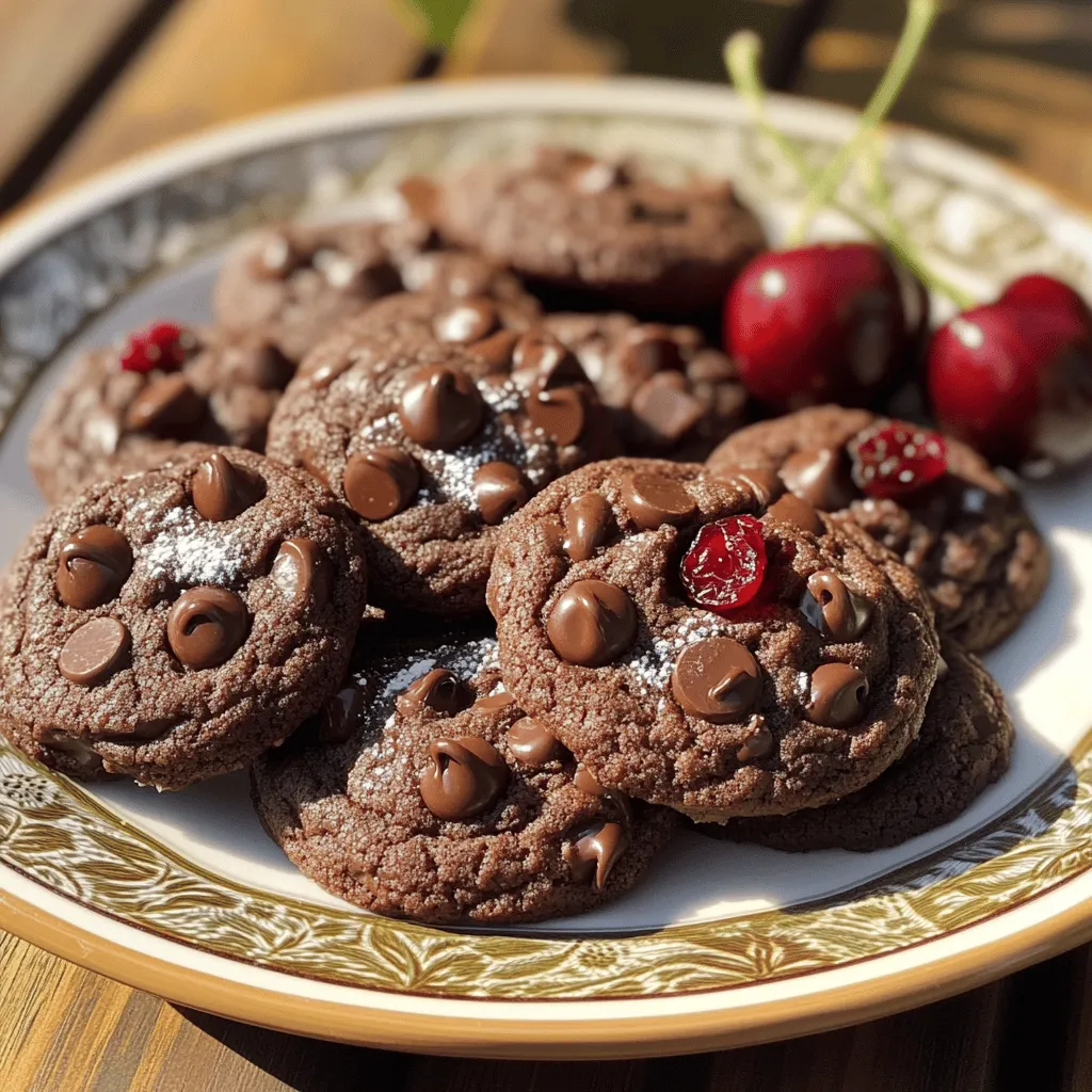 To make these tasty cookies, you need some key items. Here’s what you will gather: - 1 cup all-purpose flour - 1/2 cup unsweetened cocoa powder - 1/2 teaspoon baking soda - 1/4 teaspoon salt - 1/2 cup unsalted butter, softened - 3/4 cup brown sugar, packed - 1/4 cup granulated sugar - 1 large egg - 1 teaspoon vanilla extract - 1 cup dark chocolate chips - 1/2 cup dried cherries, chopped These ingredients combine to create a rich and chewy cookie. The dark chocolate and cherries give a delightful mix of flavors. You will need a few tools to make the process smooth. Here’s a list: - Mixing bowls - Whisk - Baking sheet - Parchment paper - Measuring cups and spoons - Cookie scoop or tablespoon Using these tools helps you mix and bake your cookies with ease. Want to take your cookies to the next level? Consider these optional ingredients: - 1/4 teaspoon almond extract Adding almond extract gives a nice twist to the cookie's flavor. It pairs well with the chocolate and cherries. For the full details on making these cookies, check out the Full Recipe. To start, gather your ingredients for the chocolate cherry cookies. Here’s what you need: - 1 cup all-purpose flour - 1/2 cup unsweetened cocoa powder - 1/2 teaspoon baking soda - 1/4 teaspoon salt - 1/2 cup unsalted butter, softened - 3/4 cup brown sugar, packed - 1/4 cup granulated sugar - 1 large egg - 1 teaspoon vanilla extract - 1 cup dark chocolate chips - 1/2 cup dried cherries, chopped - 1/4 teaspoon almond extract (optional) Start by preheating your oven to 350°F (175°C). This gets your oven ready for baking. Next, line a baking sheet with parchment paper. This helps the cookies not to stick. In a medium bowl, whisk together the flour, cocoa powder, baking soda, and salt. Set this bowl aside for now. In a larger mixing bowl, cream the softened butter, brown sugar, and granulated sugar. Mix until it looks light and fluffy. This step adds air to the dough. Now, beat in the egg and vanilla extract. If you want to use almond extract, add it in at this point. Gradually add the dry mix to the wet mix. Stir until just combined. Be careful not to overmix. Finally, fold in the dark chocolate chips and chopped dried cherries. Make sure they are evenly spread throughout the dough. Using a tablespoon, scoop the dough and drop rounded balls onto the prepared baking sheet. Space them about 2 inches apart. This gives them room to spread while baking. Place the baking sheet in the preheated oven. Bake the cookies for 10 to 12 minutes. The edges should be set, but the centers will still be soft. This softness creates a chewy texture. After baking, let the cookies cool on the baking sheet for about 5 minutes. This allows them to firm up a bit. Then, transfer the cookies to a wire rack to cool completely. For a lovely presentation, arrange the cookies on a decorative plate. You can dust them with a light sprinkle of powdered sugar. Serve them with a side of fresh cherries for a fun touch. Enjoy your chocolate cherry cookies! Baking is a science. Small errors can change your cookies. Here are some common mistakes to watch for: - Overmixing the dough: This can make cookies tough. Mix just until combined. - Incorrect oven temperature: Use an oven thermometer. It helps ensure the right heat. - Skipping the chilling step: Let the dough rest. This helps the flavors meld. Want your cookies to be soft and chewy? Follow these tips: - Use brown sugar: It adds moisture. This keeps your cookies chewy. - Don’t overbake: Pull them out when they look slightly underdone. They will continue to firm up. - Add an extra egg yolk: This creates a rich texture. It enhances the chewiness. Balancing flavors is key. Here’s how to get it right: - Use high-quality chocolate: Dark chocolate pairs well with cherries. Its rich taste shines through. - Chop the cherries finely: This ensures even distribution. You want a cherry in every bite. - Add almond extract: It enhances the cherry flavor. Just a little makes a big difference. For a complete guide, check the Full Recipe for Chocolate Cherry Bliss Cookies. Enjoy your baking journey! {{image_2}} You can make these cookies vegan easily. Replace butter with coconut oil or vegan butter. For the egg, use a flaxseed egg. To make a flaxseed egg, mix one tablespoon of ground flaxseed with three tablespoons of water. Let it sit for five minutes to thicken. This simple swap keeps the cookies rich and tasty. Going gluten-free is simple with this recipe. Use gluten-free flour in place of all-purpose flour. Almond flour or oat flour works best. This change keeps the cookies soft and chewy. Make sure your chocolate chips are also gluten-free. You can still enjoy the same great flavor! Feel free to get creative with flavors! You can add nuts like walnuts or pecans for a crunchy bite. Different dried fruits can add a twist too. Try dried apricots or cranberries. They blend well with chocolate and cherries. You can even mix in some spices, like cinnamon or a pinch of sea salt, to enhance the taste. The options are endless! For the full recipe, follow the steps to create your perfect batch of chocolate cherry cookies. To keep your chocolate cherry cookies fresh, store them in an airtight container. This helps prevent moisture loss and keeps them chewy. Place a piece of parchment paper between layers of cookies to avoid sticking. If you want to enjoy them later, follow these tips to ensure they stay delicious. Freezing chocolate cherry cookies is simple. First, let them cool completely after baking. Then, place them in a single layer on a baking sheet. Once frozen, transfer them to a freezer-safe bag or container. Label the bag with the date. You can freeze them for up to three months. When you're ready to enjoy, thaw them at room temperature or reheat them in the oven for a few minutes. Chocolate cherry cookies last about one week at room temperature in an airtight container. If you freeze them, they can last for three months. To reheat, set your oven to 350°F (175°C). Place the cookies on a baking sheet for about 5 minutes. This warms them up and restores their soft texture. For the best experience, enjoy them warm with a glass of milk. You can find the full recipe to make these tasty treats again. To make chocolate cherry cookies from scratch, start with the ingredients listed in the Full Recipe. Preheat your oven to 350°F. Mix flour, cocoa powder, baking soda, and salt in one bowl. In another bowl, cream butter with brown and granulated sugar. Add an egg and vanilla extract, mixing well. Then, stir in the dry mix. Finally, fold in dark chocolate chips and chopped dried cherries. Scoop the dough onto a baking sheet and bake for 10-12 minutes. Yes, you can substitute ingredients in this recipe. You can use coconut oil instead of butter for a dairy-free option. If you want a nut-free version, skip the almond extract. You can also swap dried cherries for raisins or cranberries if you prefer. Try using milk chocolate chips if dark chocolate is not your favorite. Be creative, and you might find a new favorite blend. The best way to serve chocolate cherry cookies is warm, fresh from the oven. You can place them on a decorative plate to impress guests. Dust a little powdered sugar on top for a fancy touch. Serve them with a glass of cold milk or a scoop of vanilla ice cream. Fresh cherries as a side garnish add a nice touch too. You learned about the key ingredients, tools, and steps for making chocolate cherry cookies. I shared tips to avoid common mistakes and enhance flavors. You also discovered variations for vegan and gluten-free options. Proper storage practices can keep your cookies fresh longer. Baking these cookies can be fun and rewarding. With practice, you’ll enjoy perfect treats that everyone loves. Now, it’s your turn to bake and share!