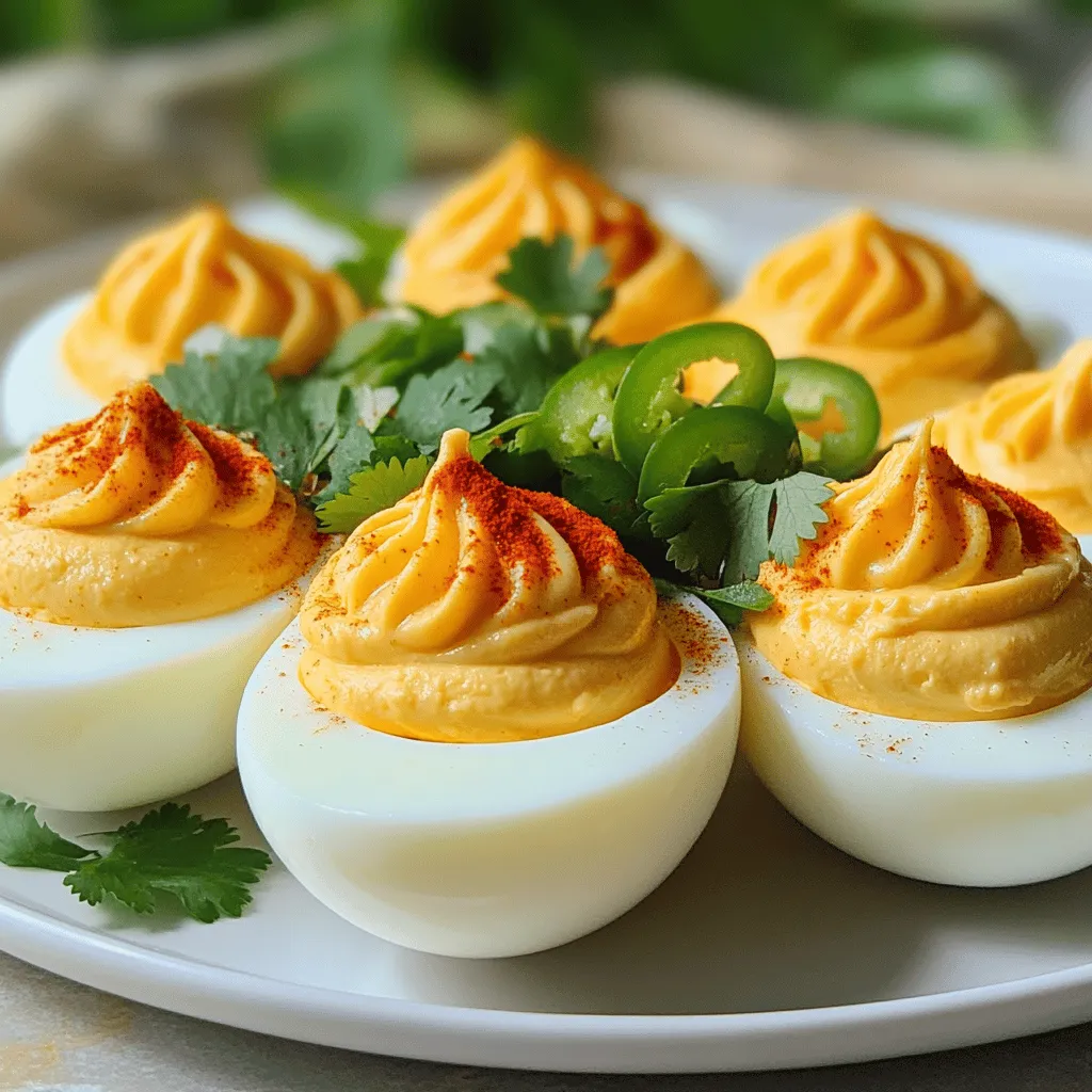 - 6 large eggs - 2 tablespoons mayonnaise - 1 teaspoon Dijon mustard - 1 teaspoon chili garlic sauce - 1 teaspoon garlic powder - ¼ teaspoon smoked paprika - Salt and pepper - Fresh cilantro (for garnish) - Sliced jalapeños (optional garnish) These ingredients create a bold flavor in each bite. The eggs serve as a creamy base. Mayonnaise and Dijon mustard add a rich taste. Chili garlic sauce brings the heat, while garlic powder enhances the flavor. Smoked paprika adds a nice touch, giving a hint of smokiness. You can adjust the chili garlic sauce for more or less spice. If you prefer a milder taste, use less sauce. For a bigger kick, go for more. The fresh cilantro makes a perfect garnish. Sliced jalapeños give an extra spicy option if you like it hot. Gather these ingredients to make a delicious snack. This recipe is perfect for parties, picnics, or just a fun night at home. To see the complete instructions, check the Full Recipe. To make great deviled eggs, start by boiling the eggs correctly. First, place six large eggs in a pot. Cover them with cold water, about an inch above the eggs. Heat the pot over medium-high flame until the water boils. When it starts to bubble, cover the pot and take it off the heat. Let the eggs sit in the hot water for 12-14 minutes. This time gives you perfect hard-boiled eggs. Once the time is up, it's time to cool the eggs. Quickly move the boiled eggs to a bowl filled with ice water. Let them sit in the ice bath for about 5-10 minutes. This step is key. The cold water helps stop the cooking and makes peeling easier. Now that the eggs are cool, peel each one gently. Slice them in half lengthwise and put the yolks in a bowl. This is where the magic happens! Add the mayonnaise, Dijon mustard, chili garlic sauce, garlic powder, smoked paprika, salt, and pepper. Mix everything until it's smooth and creamy. If you want a perfect filling, don’t rush it! Next, it’s time to fill the egg whites. You can use a spoon or a pastry bag for this. If you want a neat look, the pastry bag works best. Carefully fill each egg white half with the yolk mixture. You want it to look nice and rounded. Finally, let’s add some flair! Sprinkle chopped cilantro over the filled eggs. For an extra kick, add sliced jalapeños on top. These garnishes not only look great but also add more flavor to your spicy chili garlic deviled eggs. Enjoy them as a bold and tasty snack! You can find the full recipe for these delicious deviled eggs above. To make your deviled eggs just right, you can modify the chili garlic sauce. If you want less heat, use less sauce. You can also mix in a bit of honey for sweetness. If you crave more spice, try adding a dash of cayenne pepper or crushed red pepper flakes. Both will boost the flavor and heat without overpowering the dish. You can also consider other spicy ingredients. For example, a few drops of hot sauce can add a nice kick. You can even swap chili garlic sauce with sriracha or harissa for unique flavors. These options let you tailor the heat to your taste. A creamy filling makes deviled eggs shine. To achieve this, you should mix the yolks and other ingredients well. Use mayonnaise and Dijon mustard to create a smooth base. If you want extra creaminess, try adding a bit of sour cream or Greek yogurt. Be careful not to over-mix the filling. Over-mixing can make it grainy. Mix just until smooth, then stop. This simple step keeps the filling perfect and delicious. Presentation matters, especially for parties. You can serve your spicy chili garlic deviled eggs on a colorful platter. Arrange them in a circle or in rows for a fun look. This draws attention and makes them inviting. For a special touch, garnish each egg with fresh cilantro and sliced jalapeños. It adds color and enhances the flavor. You can also sprinkle some smoked paprika on top for a pop of color. These small details make your dish stand out and impress your guests. For more details on making these tasty deviled eggs, check out the Full Recipe. {{image_2}} You can easily change the taste of your Spicy Chili Garlic Deviled Eggs. Try adding unique spices. A pinch of cumin or cayenne pepper can give your eggs a different kick. You can also use smoked paprika for a deeper flavor. Experimenting with different types of mustard can also change the flavor. Yellow mustard is common, but spicy brown mustard adds a nice bite. Honey mustard can bring a sweet touch. If you're looking to make these eggs vegan or vegetarian-friendly, use a plant-based mayo. You can also replace eggs with avocado. This swap gives a creamy texture and a different taste. For low-calorie options, substitute regular mayo with Greek yogurt. This adds protein while cutting calories. You can also use less mayonnaise in the filling to lighten the dish. Pair your deviled eggs with refreshing drinks. A cold beer or a zesty lemonade works well. You can also serve them alongside veggies or chips for a fun snack. Creating a deviled egg platter is a great idea for gatherings. Try adding different flavors to each egg. This makes for a colorful and tasty spread. For the full recipe, check out the Spicy Chili Garlic Deviled Eggs. To keep your spicy chili garlic deviled eggs fresh, store them in the fridge. Place them in an airtight container. This helps prevent drying out and keeps them tasty. Make sure to eat the leftovers within 2 to 3 days for the best flavor. If you have any deviled eggs left after a party, don't worry! Just follow these simple steps to keep them fresh. Can you freeze deviled eggs? It’s not the best option. The texture changes, and they can become watery. If you must freeze them, separate the filling from the egg whites. Store the filling in a freezer-safe bag. This helps maintain some quality. When you are ready to eat, thaw the filling in the fridge. Then, prepare fresh egg whites for a new batch. This way, you still get that creamy and spicy taste! For the full recipe, check out the Spicy Chili Garlic Deviled Eggs 🤤. To hard-boil eggs, start with a pot. Place the eggs in the pot and cover them with cold water. Heat the pot over medium-high heat until the water boils. Once it boils, cover the pot and take it off the heat. Let the eggs sit for 12-14 minutes. This method makes the yolk firm and the whites tender. Yes, you can swap out the chili garlic sauce for other options. Sriracha gives a nice heat and flavor. You can try buffalo sauce for a different kick. If you prefer milder flavors, go for a creamy ranch dressing. You can even mix in some hot sauce for a unique twist. Stuffed deviled eggs last about 2-3 days in the fridge. Keep them in an airtight container to stay fresh. If you notice any off smells or looks, it's best to toss them out. For best taste, enjoy them within the first day or two. This blog post covered how to make deviled eggs from start to finish. We explored ingredients, cooking steps, and useful tips for flavor and texture. Remember, you can always adjust the spice level and try new flavors. Deviled eggs are fun to make and share. They can suit any gathering. Use the tips for great results every time. Enjoy your cooking and impress your guests with your tasty deviled eggs!