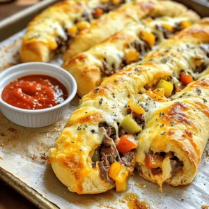 - Refrigerated pizza dough - Cooked steak (ribeye or preferred cut) - Diced bell peppers (red and green) - Provolone cheese - Mozzarella cheese - Olive oil - Garlic powder - Italian seasoning - Salt and pepper When making Philly cheesesteak stuffed cheesy breadsticks, the ingredients matter. First, we need refrigerated pizza dough. It saves time and works great for this recipe. Next, we need cooked steak, like ribeye, which gives a rich flavor. You can also use other cuts if you prefer. Diced bell peppers, both red and green, add color and crunch. They mix well with the steak and cheese. For cheese, I love using provolone and mozzarella. Provolone has a sharp taste, while mozzarella melts beautifully. Together, they create a gooey, cheesy center. To bring all these flavors together, we add some simple seasonings. Olive oil helps sauté the veggies and adds richness. Garlic powder gives a nice kick, while Italian seasoning adds depth. Don’t forget salt and pepper to taste. These ingredients come together to create a tasty treat. For the full recipe, check out the detailed instructions to bring these delicious breadsticks to life! First, I heat a skillet over medium heat and add two tablespoons of olive oil. Once hot, I toss in 1/2 cup of diced onion and 1/2 cup of diced bell peppers. I sauté these until they soften, which takes about 4 to 5 minutes. Next, I add 1 cup of cooked steak, thinly sliced. You can use ribeye or any steak you like. I then sprinkle in 2 teaspoons of garlic powder, 1 teaspoon of Italian seasoning, and season it with salt and pepper. I mix everything well and let it cook for 2 to 3 minutes to warm through. Now, I roll out 1 package of refrigerated pizza dough on a lightly floured surface. I aim for a large rectangle, about 1/4 inch thick. After that, I cut the dough into strips, roughly 3 inches wide. At one end of each strip, I place a portion of the steak and veggie mixture. Then, I sprinkle a mix of provolone and mozzarella cheese on top. I roll the dough over the filling to form a stick, pinching the ends to seal it tightly. Next, I prepare a baking sheet by lining it with parchment paper. I place the stuffed breadsticks on the sheet, making sure to leave space between each one. I brush the tops with some olive oil and sprinkle a bit of garlic powder on top for extra flavor. Now, I bake them in a preheated oven at 400°F (200°C) for about 12 to 15 minutes. I know they are done when they turn golden brown. After removing them from the oven, I let the breadsticks cool for a couple of minutes. Finally, I serve them warm with marinara sauce for dipping. For the full recipe, check the earlier section. To roll pizza dough, start with a lightly floured surface. This helps prevent sticking. Use a rolling pin to flatten the dough evenly. Aim for a thickness of about 1/4 inch. If it springs back, let it rest a few minutes. This relaxes the gluten, making it easier to shape. Avoid overfilling your breadsticks. Too much filling can make them burst during baking. A good rule is to use about 2 tablespoons of filling per stick. This ensures you get a nice balance of dough and filling. Add some spices to kick up the taste. Try red pepper flakes for heat or smoked paprika for depth. Fresh herbs like parsley or basil can brighten the flavors. If you want a healthier option, swap regular cheese for low-fat versions. You can also use whole wheat pizza dough for added fiber. Serve your breadsticks warm with marinara sauce for dipping. The rich, tangy sauce pairs well with the flavors of the cheesesteak. For something different, try ranch or garlic sauce. These add a fun twist to each bite. You can also sprinkle some fresh herbs on top for extra flair. Make your meal special with these simple touches. For the full recipe, check out the complete guide! {{image_2}} You can mix things up with different fillings. If you want a vegetarian option, try mushrooms and spinach. A blend of cheeses adds great flavor too. For meat lovers, chicken or turkey work well. These options keep the recipe fresh and fun. Want to change the flavor? Try a garlic butter mix on your breadsticks. Just melt some butter, add garlic, and brush it on before baking. You can also make cheesy garlic knots. These knots are soft, gooey, and full of flavor. They can be a great twist on the classic breadstick. Turn these breadsticks into mini sliders. Just cut them in half and add toppings. You can use different cheese blends for more options. This way, you can impress your friends at any gathering. Each bite becomes a tasty treat! For the full recipe, check out the complete instructions. To keep your Philly cheesesteak stuffed cheesy breadsticks fresh, let them cool completely first. This helps avoid sogginess. Once cooled, place them in an airtight container. This container will keep them from drying out and protect their flavor. For the best taste and texture, reheat your breadsticks in the oven. Preheat it to 350°F (175°C). Place the breadsticks on a baking sheet and heat for about 10 minutes. This method keeps them crispy. If you use a microwave, they may turn chewy. If you're in a hurry, heat them in the microwave for 30-45 seconds, but expect a softer texture. If you want to save time, freeze uncooked breadsticks. Place them on a baking sheet and freeze until firm. Once firm, transfer them to a freezer bag. This way, you can bake them fresh later. For cooked breadsticks, let them cool and wrap each one in plastic wrap. Then, store them in a freezer bag. They will stay tasty for up to three months. Yes, you can make these breadsticks ahead of time. Prepare them up to the baking step. Then, cover them and store them in the fridge for up to 24 hours. When you are ready to bake, just take them out and let them sit for about 15 minutes. Preheat your oven and bake as usual. This way, you save time and still enjoy fresh breadsticks. The best steak for Philly cheesesteak is ribeye. Ribeye has great flavor and tenderness. You can also use sirloin or flank steak if you prefer. Just make sure to slice the steak thin. This will help it cook fast and mix well with the veggies and cheese. To make this recipe gluten-free, use gluten-free pizza dough. Many stores sell gluten-free options. You can also make your own dough if you like. Make sure to check all ingredients for gluten. This way, everyone can enjoy these tasty breadsticks. Yes, you can use homemade pizza dough. Just roll it out to about 1/4 inch thick. Follow the same steps as you would with the refrigerated dough. Homemade dough can add a fresh taste and texture to your breadsticks. If you want, you can find the full recipe for more details. This article covered how to make Philly cheesesteak stuffed cheesy breadsticks. We discussed essential ingredients and their roles, including dough, steak, and cheese. I provided step-by-step instructions for preparing the filling, assembling, and baking. I offered tips to perfect the dough and enhance flavor, plus variations for different tastes. Consider trying out these ideas for your next meal or snack. Enjoy the deliciousness of homemade breadsticks!