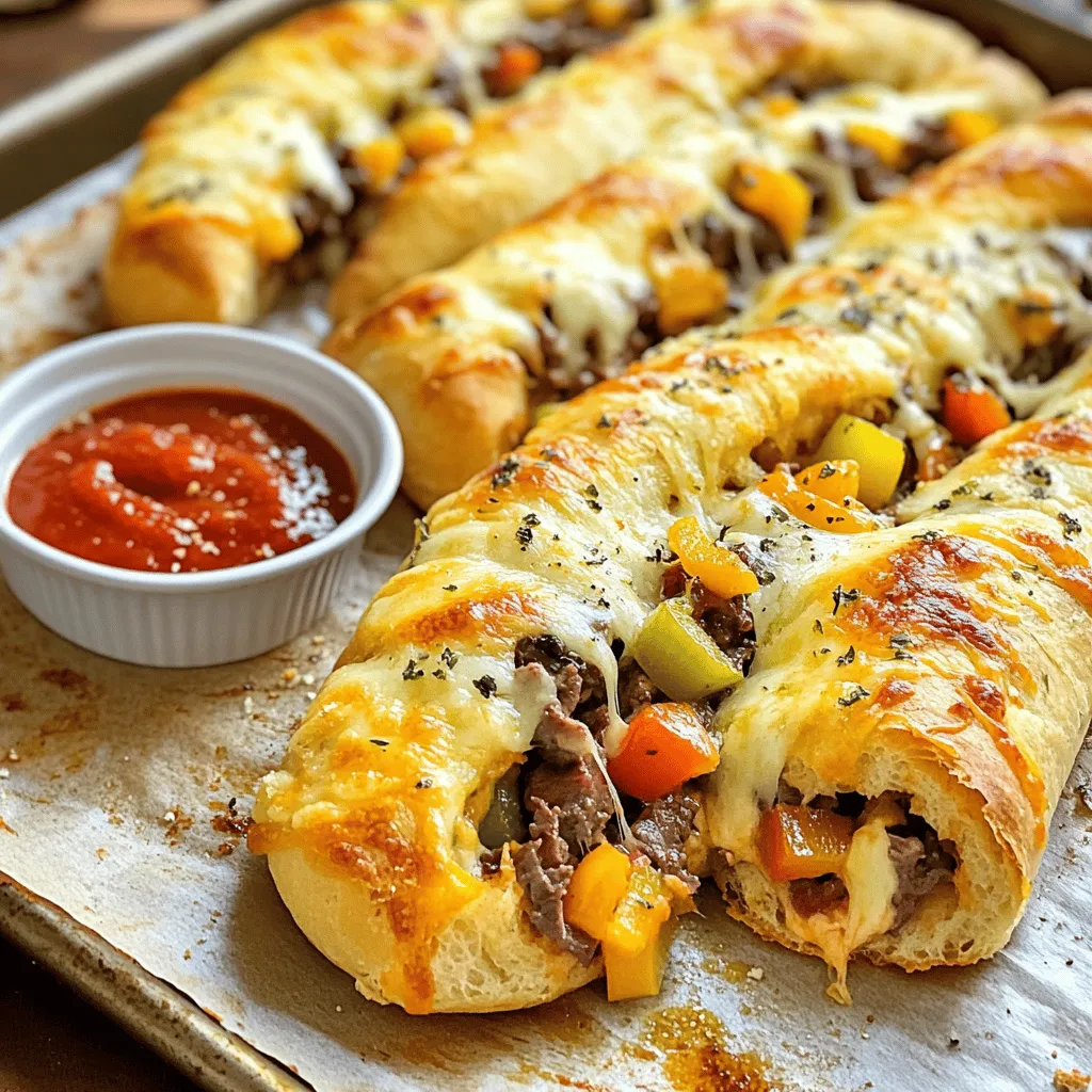 - Refrigerated pizza dough - Cooked steak (ribeye or preferred cut) - Diced bell peppers (red and green) - Provolone cheese - Mozzarella cheese - Olive oil - Garlic powder - Italian seasoning - Salt and pepper When making Philly cheesesteak stuffed cheesy breadsticks, the ingredients matter. First, we need refrigerated pizza dough. It saves time and works great for this recipe. Next, we need cooked steak, like ribeye, which gives a rich flavor. You can also use other cuts if you prefer. Diced bell peppers, both red and green, add color and crunch. They mix well with the steak and cheese. For cheese, I love using provolone and mozzarella. Provolone has a sharp taste, while mozzarella melts beautifully. Together, they create a gooey, cheesy center. To bring all these flavors together, we add some simple seasonings. Olive oil helps sauté the veggies and adds richness. Garlic powder gives a nice kick, while Italian seasoning adds depth. Don’t forget salt and pepper to taste. These ingredients come together to create a tasty treat. For the full recipe, check out the detailed instructions to bring these delicious breadsticks to life! First, I heat a skillet over medium heat and add two tablespoons of olive oil. Once hot, I toss in 1/2 cup of diced onion and 1/2 cup of diced bell peppers. I sauté these until they soften, which takes about 4 to 5 minutes. Next, I add 1 cup of cooked steak, thinly sliced. You can use ribeye or any steak you like. I then sprinkle in 2 teaspoons of garlic powder, 1 teaspoon of Italian seasoning, and season it with salt and pepper. I mix everything well and let it cook for 2 to 3 minutes to warm through. Now, I roll out 1 package of refrigerated pizza dough on a lightly floured surface. I aim for a large rectangle, about 1/4 inch thick. After that, I cut the dough into strips, roughly 3 inches wide. At one end of each strip, I place a portion of the steak and veggie mixture. Then, I sprinkle a mix of provolone and mozzarella cheese on top. I roll the dough over the filling to form a stick, pinching the ends to seal it tightly. Next, I prepare a baking sheet by lining it with parchment paper. I place the stuffed breadsticks on the sheet, making sure to leave space between each one. I brush the tops with some olive oil and sprinkle a bit of garlic powder on top for extra flavor. Now, I bake them in a preheated oven at 400°F (200°C) for about 12 to 15 minutes. I know they are done when they turn golden brown. After removing them from the oven, I let the breadsticks cool for a couple of minutes. Finally, I serve them warm with marinara sauce for dipping. For the full recipe, check the earlier section. To roll pizza dough, start with a lightly floured surface. This helps prevent sticking. Use a rolling pin to flatten the dough evenly. Aim for a thickness of about 1/4 inch. If it springs back, let it rest a few minutes. This relaxes the gluten, making it easier to shape. Avoid overfilling your breadsticks. Too much filling can make them burst during baking. A good rule is to use about 2 tablespoons of filling per stick. This ensures you get a nice balance of dough and filling. Add some spices to kick up the taste. Try red pepper flakes for heat or smoked paprika for depth. Fresh herbs like parsley or basil can brighten the flavors. If you want a healthier option, swap regular cheese for low-fat versions. You can also use whole wheat pizza dough for added fiber. Serve your breadsticks warm with marinara sauce for dipping. The rich, tangy sauce pairs well with the flavors of the cheesesteak. For something different, try ranch or garlic sauce. These add a fun twist to each bite. You can also sprinkle some fresh herbs on top for extra flair. Make your meal special with these simple touches. For the full recipe, check out the complete guide! {{image_2}} You can mix things up with different fillings. If you want a vegetarian option, try mushrooms and spinach. A blend of cheeses adds great flavor too. For meat lovers, chicken or turkey work well. These options keep the recipe fresh and fun. Want to change the flavor? Try a garlic butter mix on your breadsticks. Just melt some butter, add garlic, and brush it on before baking. You can also make cheesy garlic knots. These knots are soft, gooey, and full of flavor. They can be a great twist on the classic breadstick. Turn these breadsticks into mini sliders. Just cut them in half and add toppings. You can use different cheese blends for more options. This way, you can impress your friends at any gathering. Each bite becomes a tasty treat! For the full recipe, check out the complete instructions. To keep your Philly cheesesteak stuffed cheesy breadsticks fresh, let them cool completely first. This helps avoid sogginess. Once cooled, place them in an airtight container. This container will keep them from drying out and protect their flavor. For the best taste and texture, reheat your breadsticks in the oven. Preheat it to 350°F (175°C). Place the breadsticks on a baking sheet and heat for about 10 minutes. This method keeps them crispy. If you use a microwave, they may turn chewy. If you're in a hurry, heat them in the microwave for 30-45 seconds, but expect a softer texture. If you want to save time, freeze uncooked breadsticks. Place them on a baking sheet and freeze until firm. Once firm, transfer them to a freezer bag. This way, you can bake them fresh later. For cooked breadsticks, let them cool and wrap each one in plastic wrap. Then, store them in a freezer bag. They will stay tasty for up to three months. Yes, you can make these breadsticks ahead of time. Prepare them up to the baking step. Then, cover them and store them in the fridge for up to 24 hours. When you are ready to bake, just take them out and let them sit for about 15 minutes. Preheat your oven and bake as usual. This way, you save time and still enjoy fresh breadsticks. The best steak for Philly cheesesteak is ribeye. Ribeye has great flavor and tenderness. You can also use sirloin or flank steak if you prefer. Just make sure to slice the steak thin. This will help it cook fast and mix well with the veggies and cheese. To make this recipe gluten-free, use gluten-free pizza dough. Many stores sell gluten-free options. You can also make your own dough if you like. Make sure to check all ingredients for gluten. This way, everyone can enjoy these tasty breadsticks. Yes, you can use homemade pizza dough. Just roll it out to about 1/4 inch thick. Follow the same steps as you would with the refrigerated dough. Homemade dough can add a fresh taste and texture to your breadsticks. If you want, you can find the full recipe for more details. This article covered how to make Philly cheesesteak stuffed cheesy breadsticks. We discussed essential ingredients and their roles, including dough, steak, and cheese. I provided step-by-step instructions for preparing the filling, assembling, and baking. I offered tips to perfect the dough and enhance flavor, plus variations for different tastes. Consider trying out these ideas for your next meal or snack. Enjoy the deliciousness of homemade breadsticks!