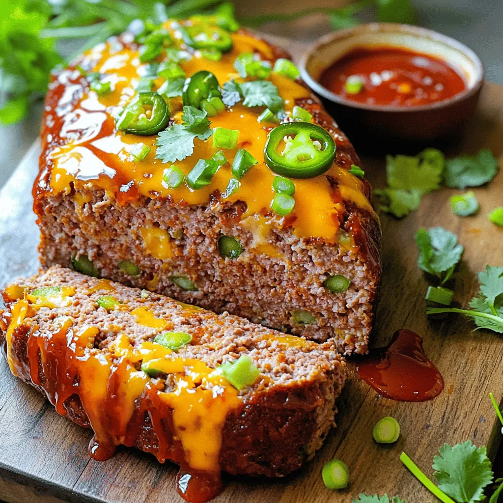 - 1 lb ground beef - 1/2 lb ground turkey - 1 cup crushed tortilla chips - 1/2 cup cream cheese, softened - 1 cup shredded sharp cheddar cheese - 1 jalapeño pepper, seeded and diced - 1/2 teaspoon smoked paprika - 1 tablespoon Worcestershire sauce - Salt and pepper to taste - 1/2 cup ketchup (for glaze) - 2 tablespoons chopped green onions (for garnish) To create my Smoky Jalapeño Popper Meatloaf, you need to gather some key ingredients. The main base is a mix of ground beef and turkey. I love this combo because it gives a rich flavor and great texture. You’ll also need crushed tortilla chips, which add a nice crunch and flavor. Cream cheese makes this dish creamy and helps bind everything together. Sharp cheddar cheese adds a burst of flavor that you can’t miss. Next, let’s spice it up! A diced jalapeño pepper gives heat and a fresh taste. Smoked paprika adds a unique depth, while Worcestershire sauce brings in a savory kick. Don't forget to season with salt and pepper to your liking. For the glaze, ketchup is a classic choice. It adds sweetness and balances the spice. Finally, finish with green onions for a fresh garnish. You can find the full recipe in the previous section. Enjoy making this delicious dish! - Preheat your oven to 350°F (175°C). Lightly grease a loaf pan. - In a large bowl, mix the ground beef and ground turkey. Use your hands for best results. - Transfer the mixture into the prepared loaf pan. Press it down firmly to shape it. - Spread the ketchup evenly over the top. This adds a nice glaze and flavor. - Bake in the oven for about 1 hour. Check that the internal temperature reaches 160°F (70°C). - Once baked, remove the meatloaf from the oven. Let it rest for 10 minutes before slicing. This process makes your smoky jalapeño popper meatloaf so tasty and juicy. For the full recipe, check the details above! To boost flavors in your Smoky Jalapeño Popper Meatloaf, try adding some extra spices. A pinch of cumin can give it a warm, earthy taste. You might also want to add garlic powder for depth. For texture, use fresh, finely chopped herbs like parsley or cilantro. They brighten the dish and add freshness. Ensure your ground meat mixture is just combined. Overmixing can lead to a dense loaf. For plating, slice the meatloaf and arrange it neatly on a wooden board. This rustic look adds charm. You can place a small bowl of extra ketchup or a spicy sauce on the side. This gives people a fun option to dip. Garnish with chopped green onions on top for a pop of color. It makes the dish look fresh and inviting. One common mistake is overmixing the meat. This can make the meatloaf tough. Mix until just combined; don’t go overboard. Another mistake is slicing too soon. Always let the meatloaf rest for about 10 minutes. This helps the juices settle and makes for cleaner slices. Following these tips will ensure a tasty, beautiful dish every time. {{image_2}} You can change the meat for your Smoky Jalapeño Popper Meatloaf. Try ground chicken or pork. Each adds its unique flavor. You can also mix meats for a richer taste. If you want to swap out the cream cheese, consider using Greek yogurt. It adds creaminess with fewer calories. You could also use ricotta cheese for a lighter option. To make this dish gluten-free, use gluten-free tortilla chips. Many brands offer great options that taste just as good. You can also check sauces like Worcestershire for gluten-free labels. For low-fat options, use lean ground turkey or chicken. This change can cut down on calories. You can also reduce the cheese or use low-fat versions. You can spice it up with local flavors. For example, add cumin or chili powder for a Southwest twist. Fresh herbs from your garden can also enhance taste. Incorporate seasonal ingredients, like zucchini in summer or butternut squash in fall. These can add moisture and flavor to your meatloaf. Experimenting with what's fresh makes cooking fun! Check out the Full Recipe to see how these variations can work in your kitchen! To store leftovers of your Smoky Jalapeño Popper Meatloaf, let it cool first. Place slices in an airtight container. This keeps flavors fresh and prevents drying out. You can store it in the fridge for up to four days. If you want to keep it longer, freezing is a great option. For freezing meatloaf, wrap it tightly in plastic wrap. Then, place it in a freezer-safe bag. This method prevents freezer burn. You can freeze it for up to three months. When you’re ready to eat, thaw it overnight in the fridge for the best results. To reheat meatloaf, use the oven for the best taste. Preheat your oven to 350°F (175°C). Place the meatloaf in a baking dish and cover it with foil. Heat for about 20-25 minutes. If using a microwave, heat on medium power for about 2-3 minutes. Check it often to avoid drying out. Enjoy your reheated meatloaf just as much as when it was fresh! To make this meatloaf gluten-free, swap out the crushed tortilla chips. You can use gluten-free breadcrumbs or crushed gluten-free corn chips instead. This keeps the texture while removing gluten. Be sure to check your Worcestershire sauce brand, as some may contain gluten. Opt for a gluten-free version if needed. Absolutely! Adding vegetables can boost flavor and nutrition. Try adding finely chopped bell peppers or onions. You might also add grated zucchini or carrots for moisture and a bit of sweetness. Just be careful not to add too much liquid. Aim for a balanced mixture to keep the meatloaf firm. This meatloaf pairs well with many sides. Consider serving it with mashed potatoes or a fresh salad. Roasted vegetables like broccoli or green beans work great, too. For a fun twist, serve it with a side of spicy fries or cornbread. Each option complements the smokiness of the meatloaf well. Check out the Full Recipe for more serving ideas! This blog post covered how to make a delicious Smoky Jalapeño Popper Meatloaf. We discussed the main ingredients, spices, and tips for taste and presentation. I shared ways to avoid common mistakes and suggested variations for dietary needs. In the end, this meatloaf recipe can fit any table. Enjoy it with your favorite sides. You can adapt it to your tastes. I hope you feel inspired to try this dish!