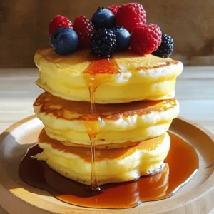 To make fluffy Japanese souffle pancakes, you need a few simple ingredients: - 2 large eggs, separated - 2 tablespoons granulated sugar - 1 tablespoon milk - 1/4 teaspoon vanilla extract - 1/4 teaspoon baking powder - 1/4 cup all-purpose flour - A pinch of salt - Butter, for greasing the pan - Maple syrup and fresh berries, for serving These ingredients create a light and airy pancake that melts in your mouth. The egg whites provide the fluffiness, while the yolks add richness. Having the right tools makes cooking easier and more fun. Here’s what you need: - Mixing bowls - A whisk - A spatula - A non-stick skillet - A ring mold for pancakes - A lid for the skillet Using a ring mold helps the pancakes keep their shape. A non-stick skillet makes flipping easy. You can add fun flavors to your pancakes. Here are a few ideas: - Zest from lemon or orange - Chocolate chips - Matcha powder - Fresh fruit, like blueberries or bananas These add-ins bring new tastes to the dish. Feel free to experiment and make your pancakes unique. For the complete recipe, check the Full Recipe section. To start, gather your ingredients. You'll need egg yolks, sugar, milk, vanilla, baking powder, flour, and salt. In a bowl, whisk the egg yolks with sugar, milk, and vanilla. Make sure it is smooth and creamy. Next, sift the flour and baking powder into the bowl. Fold it gently into the yolk mixture. This step is key for fluffiness. Set this mixture aside. In another bowl, whisk the egg whites and salt. You'll want to beat them until soft peaks form. Slowly add sugar while whisking. Continue until you get stiff peaks. Gently fold the whipped egg whites into the yolk mixture. Do this in three parts. Be careful not to lose the airiness of the mixture. It should feel light and fluffy. Now, it’s time to cook! Preheat a non-stick skillet over low heat. Grease it lightly with butter. Use a ring mold to shape your pancakes. Pour about 1/4 cup of the batter into the mold. Cover the skillet with a lid. Cook for about 4-5 minutes. You want the bottom to turn golden brown. After that, carefully flip the pancake. You might need to loosen it from the mold gently. Cover again and cook for another 4-5 minutes. This will ensure the pancake cooks through. Repeat this process for the rest of the batter. Add more butter to the skillet as needed. Once all the pancakes are cooked, stack 2-3 on a plate. Drizzle them with maple syrup. Top with fresh berries for a nice touch. You can also add whipped cream if you like. Enjoy your fluffy Japanese souffle pancake delight in every bite! For the full recipe, check the section above. To make your pancakes super fluffy, use fresh eggs. The fresher the eggs, the better the rise. When whisking the egg whites, ensure your bowl is clean and dry. This helps form nice peaks. Fold the whipped egg whites into the yolk mixture gently. This keeps the bubbles intact. If you mix too hard, you lose fluffiness. Use a ring mold to shape the pancakes. This gives them height and helps with cooking. One common mistake is not sifting the flour. Sifting helps remove lumps and adds air. Another mistake is cooking on too high heat. Low heat cooks them evenly and keeps them fluffy. Avoid opening the lid too soon. This can deflate the pancakes. Lastly, be careful when flipping. If they stick, gently loosen them with a spatula before flipping. To achieve golden edges, ensure your skillet is hot but not too hot. Grease the skillet lightly with butter. This helps the pancakes brown nicely. Use a lid to trap steam while cooking. This keeps the pancakes moist and fluffy. If you want extra color, add a tiny bit of sugar to the batter. This will help caramelize the edges as they cook. For more tips and the full recipe, refer to the Fluffy Japanese Souffle Pancake. {{image_2}} You can add fruits to your souffle pancakes for extra flavor. Berries work well. Blueberries, strawberries, or raspberries give a sweet burst. Simply fold in some fresh fruit before cooking. You can also use fruit purees. Try mixing in banana or peach puree into the batter. This adds a lovely taste and color. If you love savory foods, try making savory souffle pancakes. Add cheese, herbs, or even cooked bacon. Grated cheese, like cheddar or feta, melts perfectly. Fresh herbs, like chives or parsley, add a nice touch. Mix these into the batter for a tasty, unique meal. These can serve as a fun brunch option. Want a vegan option? You can replace eggs with flaxseed meal. Mix 1 tablespoon of flaxseed meal with 2.5 tablespoons of water. Let it sit for a few minutes to thicken. Use almond milk instead of regular milk. Sift in flour and baking powder just like in the full recipe. This way, everyone can enjoy these fluffy pancakes. To keep your fluffy Japanese souffle pancakes fresh, place them in an airtight container. Layer parchment paper between each pancake to prevent sticking. Store them in the fridge for up to two days. If you want to keep them longer, freezing is a great option. When you are ready to enjoy your pancakes again, reheating them properly is key. You can use a skillet over low heat. This method warms them through and keeps them fluffy. Cover the skillet with a lid for even heating. You can also microwave them for about 15-20 seconds. Just be careful not to overheat, as they can become tough. To freeze your pancakes, let them cool completely first. Then, stack them with parchment paper in between and wrap them tightly in plastic wrap. Place the wrapped stack in a freezer bag. They will keep well for up to two months. When you want to enjoy them, simply thaw in the fridge overnight before reheating. Enjoy your fluffy pancakes anytime! For the full recipe, check out the details above. Japanese souffle pancakes are unique because they are super fluffy and airy. They use whipped egg whites to create a light texture. This method makes them rise high and stay soft. You will find they are thicker than regular pancakes. They also have a delicate, cloud-like feel. Topping them with syrup or berries enhances their taste. Yes, you can make souffle pancakes without eggs. You can use egg substitutes like flaxseed meal or aquafaba. Flaxseed meal is made by mixing ground flaxseeds with water. Aquafaba is the liquid from canned chickpeas. These substitutes can help create a fluffy texture. However, the taste may change slightly. You can find the best Japanese souffle pancakes in specialty cafes or Japanese restaurants. Big cities often have places that focus on these treats. You can also look online for recipes to make them at home. I suggest trying my Full Recipe for a delicious experience! Creating fluffy Japanese souffle pancakes is easy once you know the steps. I shared key ingredients, tools, and optional flavors. You learned how to prepare, cook, and serve these pancakes for maximum delight. I also covered tips to avoid mistakes and techniques for perfect edges. With variations for everyone and storage tips, you can enjoy these pancakes anytime. Experiment confidently and enjoy the joy of making these light, fluffy treats. Happy cooking!