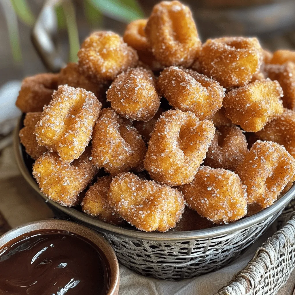 To make crispy air fryer churro bites, gather these simple ingredients: - 1 cup all-purpose flour - 1/2 teaspoon baking powder - 1/4 teaspoon salt - 1/4 cup unsalted butter, melted - 1/2 cup water - 1 tablespoon granulated sugar - 1/2 teaspoon vanilla extract - 1/2 teaspoon ground cinnamon - Cooking spray - 1/4 cup granulated sugar (for coating) - 1 teaspoon ground cinnamon (for coating) For those with dietary needs, here are some allergen-friendly substitutes: - Substitute all-purpose flour with gluten-free flour. - Use coconut oil or vegan butter instead of unsalted butter. - Replace granulated sugar with coconut sugar or a sugar alternative. Feel free to mix and match these ingredients to suit your taste. Enjoy crafting your perfect churro bites! For the full recipe, check out the provided details. First, we need to whisk the dry ingredients. In a bowl, mix 1 cup of all-purpose flour, 1/2 teaspoon of baking powder, and 1/4 teaspoon of salt. This step helps to blend the flavors. Next, let’s move to the wet ingredients. In a saucepan, add 1/4 cup of melted butter, 1/2 cup of water, and 1 tablespoon of sugar. Heat this mix over medium heat until it simmers. It’s important to watch it closely. After it simmers, remove the saucepan from heat. Stir in 1/2 teaspoon of vanilla extract. Now, we add our dry mix to this saucepan. Stir quickly until a dough forms. It should look smooth and thick. Allow the dough to cool a bit. Transfer it to a piping bag with a star tip. This helps create those fun churro shapes. Now, let’s preheat the air fryer. Set it to 375°F (190°C) for about 5 minutes. Preheating is key to getting crispy churros. While it heats up, pipe small churro bites onto parchment paper or the air fryer basket. Aim for bites about 1.5 inches long, and keep them spaced apart. Once you’ve piped them, spray the churro bites lightly with cooking spray. This helps them crisp up nicely. Air fry the churros for about 8-10 minutes. Flip them halfway through to ensure even cooking. You want them golden brown and crispy. While the churro bites cook, prepare the cinnamon-sugar mixture. In a bowl, mix together 1/4 cup of sugar and 1 teaspoon of cinnamon. This will be the tasty coating. When the churro bites are done, remove them from the air fryer. Toss them right into the cinnamon-sugar mixture. Make sure they get fully coated for that sweet kick. For the full recipe, check back with the detailed instructions above. Using cooking spray is key for crispy churro bites. It helps them brown and get that crunchy texture. I recommend preheating your air fryer to 375°F (190°C) for five minutes. This heat helps seal in moisture and creates that golden finish we all love. One common mistake is overcrowding the air fryer. Leave space between each churro bite. This allows hot air to circulate and cook them evenly. Another mistake is not letting the dough cool before piping. If the dough is too hot, it can get messy when you pipe it. Just let it cool for a few minutes after mixing. For a fun presentation, serve your churro bites in a rustic basket. Line it with parchment paper for a nice touch. Pair them with a small bowl of chocolate or caramel sauce for dipping. You can also dust them with extra cinnamon-sugar to make them look even more tempting. {{image_2}} You can make your churro bites even better! One fun idea is to add chocolate chips to the dough. This gives a sweet surprise in every bite. Just mix in about 1/2 cup of chocolate chips when you combine the wet and dry ingredients. Another way to enhance flavor is by experimenting with spices. Try adding a pinch of nutmeg or cardamom for a unique twist. You can even mix in a little cocoa powder for a chocolate churro flavor. The options are endless! If you need a gluten-free version, you can swap out the all-purpose flour. Use a gluten-free flour blend instead. Make sure it has xanthan gum, as this helps with texture. You can also try almond flour or coconut flour, but they may change the taste and texture a bit. Want to get creative? You can make savory churro bites by adding cheese. Try mixing in some shredded cheddar or Parmesan into the dough. This adds a nice depth of flavor. You can also adjust the sweetness. If you prefer less sugar, cut back on the granulated sugar in the mix. You can still toss the churro bites in the cinnamon-sugar after cooking for a sweet touch. For the full recipe, check out the main section! After making your crispy air fryer churro bites, you can store leftovers easily. First, let them cool to room temperature. Place them in an airtight container. This keeps them fresh. Store in the fridge for up to three days. When you want to enjoy them again, reheat in the air fryer. Set the air fryer to 350°F (175°C) for about 3-5 minutes. This brings back their crispiness without drying them out. If you want to save churro bites for later, freezing works well. Before cooking, arrange uncooked churro bites on a baking sheet. Make sure they are not touching each other. Freeze them for 1-2 hours until solid. Once frozen, transfer them to a freezer bag. Seal it tightly, and they can last for up to three months. When you're ready to cook them, take the churro bites out of the freezer. Let them thaw in the fridge for a few hours or overnight. For quick thawing, leave them at room temperature for about 30 minutes. Cook them in the air fryer as usual, adding a couple of extra minutes to the cook time. Enjoy your delicious churro bites anytime! You can tell when churro bites are done by looking for a golden brown color. They should feel crispy on the outside. If they are a light color, they may need more time. The perfect texture is key to a great snack! Yes, you can use a traditional oven! Preheat your oven to 400°F (200°C). Spread the churro bites on a baking sheet lined with parchment paper. Bake them for about 12-15 minutes or until golden brown. Remember to give them space so they cook evenly. Churro bites taste amazing with many dipping sauces. Here are my favorites: - Chocolate sauce: It adds rich flavor. - Caramel sauce: It gives a sweet, buttery touch. - Nutella: This hazelnut spread is a crowd-pleaser. - Vanilla yogurt: A light and refreshing option. Try different sauces to find your favorite! For the full recipe, check out the entire article. This post covered how to make delicious churro bites in your air fryer. We listed ingredients, shared step-by-step instructions, and offered air frying tips. You learned variations for flavors and how to store leftovers. Avoid common mistakes to get crisp churros every time. Enjoy experimenting with flavors and dips. Making churro bites can be quick and fun! Get ready to impress your family and friends with these tasty treats.