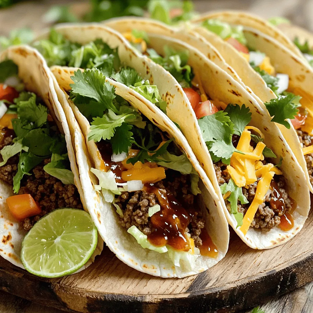 To make these tasty tacos, you need the following main ingredients: - 1 lb ground beef - 4 cloves garlic, minced - 3 tablespoons unsalted butter - 1/4 cup honey - 1/2 cup BBQ sauce (your favorite brand) - 1 teaspoon smoked paprika - 1 teaspoon chili powder - Salt and pepper to taste - 8 small taco tortillas These ingredients make the beef rich and full of flavor. The garlic and butter create a savory base. Honey adds a sweet touch, while BBQ sauce brings a smoky flavor. Spices like smoked paprika and chili powder give it a nice kick. You can add fun garnishes and toppings to your tacos. Here are some great options: - 1 cup shredded lettuce - 1 cup diced tomatoes - 1/2 cup shredded cheddar cheese - Fresh cilantro - Lime wedges These toppings add color and crunch. The fresh cilantro gives a burst of freshness. A squeeze of lime juice brightens up the dish too. Pair your tacos with delightful side dishes. Here are a few ideas: - Mexican rice - Refried beans - Corn on the cob - Guacamole with tortilla chips These side dishes enhance the meal. They add more flavors and textures. Each bite will be a delicious experience. For the full recipe, check out the [Full Recipe]. Start by melting butter in a large skillet over medium heat. After that, add the minced garlic. Sauté the garlic for about 1-2 minutes. You want it fragrant, but don’t let it burn. Next, add the ground beef. Season it with smoked paprika, chili powder, salt, and pepper. Use a spatula to break apart the beef as it cooks. Brown it for about 5-7 minutes until fully cooked. Once the beef is ready, reduce the heat to low. Pour in the honey and BBQ sauce, mixing well. Let it simmer for 2-3 minutes. This step helps the flavors blend perfectly. While the beef simmers, it’s time for the tortillas. You can warm them in a separate skillet or microwave. If using a skillet, heat it over low heat. Place the tortillas in the skillet for about 30 seconds on each side. They should become soft and pliable. If you choose the microwave, wrap the tortillas in a damp paper towel. Heat them for about 20-30 seconds. This method keeps them warm and flexible for easy folding. Now, let’s put it all together! Start with a warm tortilla. Add a generous scoop of the BBQ beef mixture in the center of the tortilla. Then, top it with shredded lettuce, diced tomatoes, and cheddar cheese. For a fresh touch, sprinkle some cilantro on top. Finally, add a squeeze of lime juice for brightness. These small details make a big difference in flavor. Serve the tacos on a large platter, and feel free to add lime wedges and extra BBQ sauce for dipping. Check out the Full Recipe for specific measurements and tips! To make your BBQ beef shine, use fresh garlic. It gives a strong flavor that enhances the dish. Don’t skip the honey; it balances the BBQ sauce sweetness. Try to use your favorite BBQ sauce for a personal touch. Adjust the spices to your taste; more chili powder adds heat. Finally, let the beef simmer to allow flavors to blend perfectly. Start with a hot skillet to sear the beef quickly. This helps keep the meat juicy. Break the beef apart gently while cooking. Overcooking can make it tough. Stir in the honey and BBQ sauce while the beef is still warm. This keeps the meat moist and flavorful. Always taste your beef mix before serving; adjust seasoning if needed. For a fun look, arrange the tacos on a large platter. Use colorful toppings like lettuce and tomatoes for a pop of color. Add lime wedges around the platter for a fresh touch. Consider using a taco holder; it keeps them upright and neat. Serve with extra BBQ sauce on the side for dipping. This adds a fun element for guests. For the full recipe, check above! {{image_2}} You can switch the beef for other meats. Ground turkey or chicken works well. These options are leaner but still tasty. You can also use shredded pork or beef brisket. Just adjust the cooking time to ensure they are tender. Each meat brings a new twist to your tacos. If you prefer a meatless option, try using black beans or lentils. They add protein and fiber. You can sauté them with garlic and spices for flavor. Another great choice is grilled vegetables, like bell peppers and zucchini. They add color and crunch to your tacos. You can make your tacos spicy or sweet. Add chopped jalapeños or hot sauce for heat. Adjust the BBQ sauce to a spicy version for more kick. On the sweet side, you can increase the honey. Adding pineapple or mango chunks gives a fruity twist. Each flavor profile offers a unique taste experience. For the full recipe, check out the Garlic Butter Honey BBQ Beef Tacos section. Once you finish your meal, let the beef cool down. Then, place it in an airtight container. Store it in the fridge. It will stay fresh for up to three days. Make sure to keep the beef separate from the tortillas. This helps keep everything fresh and tasty. To reheat your leftover beef, use a skillet. Heat it over medium-low heat. Stir it often to keep it from sticking. You can also add a splash of water or BBQ sauce to keep it moist. Heat until warm, about 5-7 minutes. If you prefer the microwave, place the beef in a bowl. Cover it with a damp paper towel and heat for 1-2 minutes. Check to see if it's hot throughout. If you want to freeze the beef, do it right away. Place it in freezer-safe bags or containers. Remove as much air as possible. Label the bags with the date. The beef will stay good for up to three months. To use it later, thaw it in the fridge overnight. Reheat it as mentioned above. This method makes meal prep a breeze! Check the [Full Recipe] for more ideas. To add heat, you can mix in a few chopped jalapeños. You can also use spicy BBQ sauce. Another option is to sprinkle cayenne pepper into the beef mix. Start with a small amount, then taste and adjust as needed. Don't be afraid to experiment until you find your perfect level of spice! Yes, you can use store-bought tortillas. They save time and work well. Look for soft corn or flour tortillas. Just warm them up before filling. This step makes them more pliable and tasty. Choosing high-quality tortillas can enhance your taco experience. You can add many fun toppings! Here are some great ideas: - Shredded lettuce - Diced tomatoes - Shredded cheddar cheese - Sliced avocados or guacamole - Chopped red onions - Fresh cilantro - Sour cream or Greek yogurt - Lime wedges Feel free to mix and match toppings to suit your taste. Each adds a new layer of flavor! Garlic Butter Honey BBQ Beef Tacos are a delicious treat. We discussed key ingredients, cooking steps, and ways to serve them. You learned how to choose meats or make swaps for vegetarians. Storing leftovers and reheating tips were also covered. Incorporate what you’ve learned to create your own tasty tacos. Enjoy experimenting with flavors and garnishes. Make these tacos for your next gathering or quiet dinner at home. You'll impress anyone who tries them. Happy cooking!