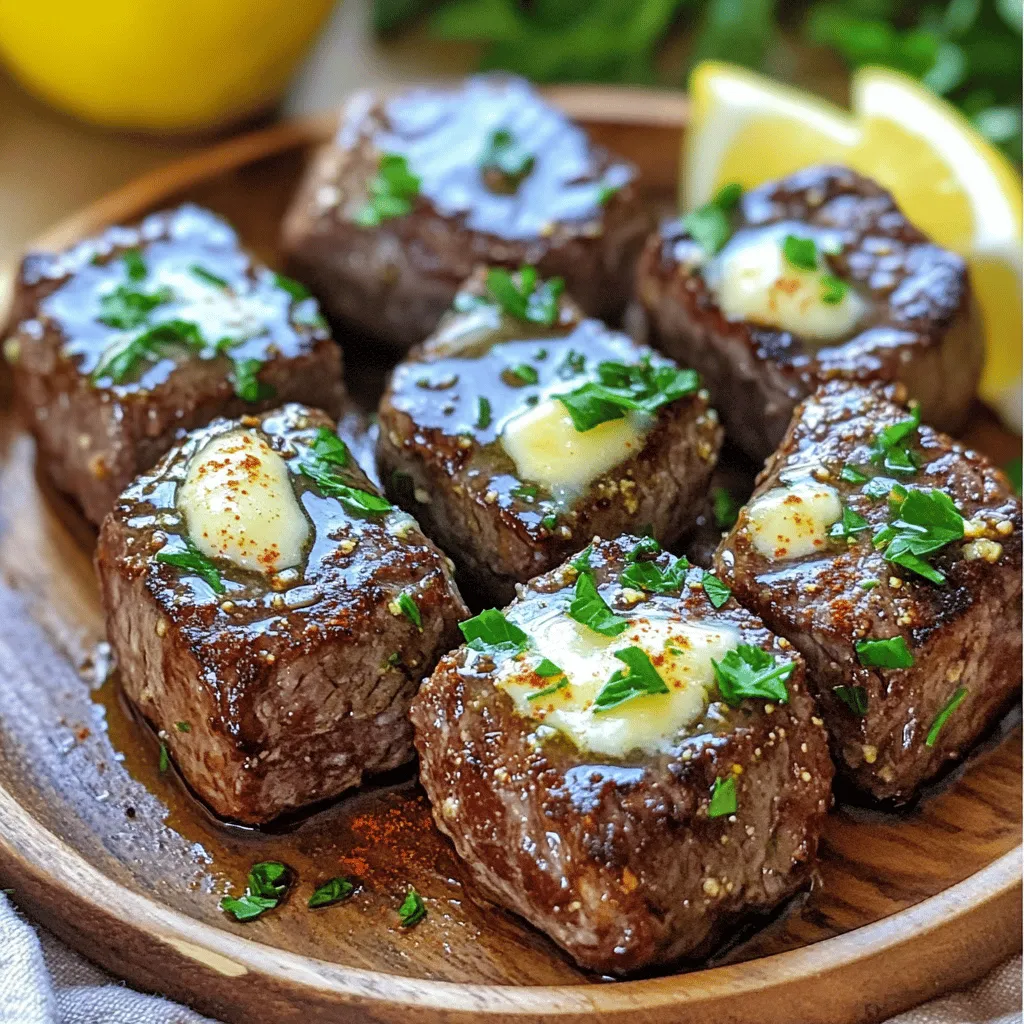 Here is what you need for Air Fryer Garlic Butter Steak Bites: - 1 lb filet mignon or sirloin steak, cut into 1-inch cubes - 4 tablespoons unsalted butter, melted - 4 cloves garlic, minced - 1 tablespoon fresh parsley, chopped - 1 teaspoon salt - ½ teaspoon black pepper - 1 teaspoon smoked paprika - 1 tablespoon olive oil - Optional: Fresh lemon wedges for serving Gather these ingredients before you start. The quality of your steak matters. I always choose fresh cuts for the best taste. Filet mignon is tender, while sirloin has great flavor. Both work well with garlic butter. Melted butter is key. It adds richness and helps flavor the meat. Garlic provides a savory aroma that makes every bite special. Fresh parsley gives a pop of color and freshness. Seasoning is important. Salt enhances all the flavors. Black pepper adds a nice kick. Smoked paprika brings a hint of smokiness, making the dish unique. Finally, the olive oil helps to prevent sticking in the air fryer. You can serve with lemon wedges for a zesty touch. These ingredients come together to make a savory treat you won't forget. For the complete recipe, check out the [Full Recipe]. To start, I mix the garlic butter ingredients. In a medium bowl, I combine: - 4 tablespoons unsalted butter, melted - 4 cloves garlic, minced - 1 tablespoon fresh parsley, chopped - 1 teaspoon salt - ½ teaspoon black pepper - 1 teaspoon smoked paprika I stir this mixture well. Next, I add the steak cubes, about 1 lb of filet mignon or sirloin, cut into 1-inch pieces. I pour the garlic butter over the steak. I toss gently to coat each piece. I let the steak marinate for 15 to 30 minutes. This step is key for rich flavor. Before frying, I preheat the air fryer to 400°F (200°C). This takes about 5 minutes. While it heats, I lightly drizzle the air fryer basket with olive oil to stop sticking. Then, I arrange the marinated steak bites in a single layer in the basket. I make sure not to overcrowd them, so they cook evenly. I air fry the steak bites for 8-10 minutes. Halfway through, I shake the basket to promote even cooking. For medium-rare, I check the internal temperature. It should reach around 130°F (54°C). Once done, I remove the steak bites from the air fryer and let them rest for a few minutes. Resting helps keep them juicy. I serve them warm, garnished with extra parsley and fresh lemon wedges for a zesty kick. For the complete method and more details, check the Full Recipe. Marinating your steak bites is key to great taste. I suggest a marinating time of 15 to 30 minutes. This lets the flavors soak into the meat. If you are short on time, even a quick 10-minute marinate helps. Do not overcrowd the air fryer. This step is very important. If you put too many steak bites in at once, they won't cook evenly. Cook in batches if needed. This ensures each piece gets that nice, crispy texture. To check steak doneness, use a meat thermometer. For medium-rare, the internal temp should be 130°F (54°C). If you like it more done, adjust the cooking time. Add a couple of minutes for medium or well-done. Everyone has their own taste. If you prefer a bit more char, you can increase the cook time slightly. Just keep an eye on it to prevent overcooking. Garnish your steak bites with fresh parsley. This adds a pop of color and flavor. A squeeze of fresh lemon juice also brightens the dish. For sides, consider serving with roasted veggies or a fresh salad. Both pair well with the rich flavors of the steak. You can find the full recipe for Air Fryer Garlic Butter Steak Bites in the earlier section. Enjoy your meal! {{image_2}} You can switch up the steak cut for this dish. While filet mignon or sirloin works best, you can try ribeye, flank, or even chuck steak. Each cut offers a unique flavor and texture. Ribeye gives more marbling, making it juicier. Flank steak is leaner but still tender if cooked right. Chuck steak needs a bit more care, but it can be tasty too. Feel free to get creative with your seasonings! You can add a pinch of cayenne for heat or rosemary for a fresh taste. Try using garlic powder instead of fresh garlic for convenience. Mixing in a bit of Worcestershire sauce can add a savory depth. You can also play with spices like cumin or coriander for a twist. The options are endless! If you are on a low-carb or keto diet, this recipe fits right in. The steak and butter are great for low-carb plans. You can skip any added sugar or breading and stick with the meat and spices. For gluten-free options, ensure all your ingredients are gluten-free. Most spices and herbs are safe, but it's always good to check labels. Enjoy your steak bites without worry! To keep your steak bites fresh, store them in an airtight container. Place a paper towel inside to absorb excess moisture. This helps keep the steaks tender. They can last in the fridge for up to three days. When ready to eat, just take out what you need! To reheat the steak bites, use your air fryer. Set it to 350°F (175°C). Heat the bites for about 3-5 minutes. This keeps them juicy and warm. You can also use a skillet on low heat. Just add a little butter to keep them flavorful. Avoid using a microwave, as it can dry them out. If you want to save some for later, freezing works great! First, let the steak bites cool completely. Then, place them in a freezer-safe bag and remove as much air as you can. They can be frozen for up to three months. When you're ready to enjoy them, thaw in the fridge overnight. Reheat using your air fryer or skillet for the best taste. Yes, you can use frozen steak. However, thawing it first gives better results. It helps the meat cook evenly and absorb flavors. If you use frozen steak, let it thaw overnight in the fridge. This way, your garlic butter will stick well. To keep your steak bites moist, marinate them well. The garlic butter mix adds flavor and moisture. Don't skip the marinating step. Also, avoid overcooking. Check the steak's doneness using a meat thermometer. Aim for 130°F for medium-rare. Rest the steak bites before serving to lock in the juices. Scaling up is easy! Just multiply the ingredients by the number of servings you need. For example, for six servings, use 2 lbs of steak and double the butter and spices. Make sure to cook in batches if your air fryer is small. This helps each batch cook evenly. For the full recipe, check out the instructions above. This post shared a simple way to make tasty steak bites. We covered ingredients, preparation, cooking, and tips for best flavor and doneness. Remember to marinate well and don’t overcrowd your air fryer. You can also try different cuts and spices to suit your taste. Store leftovers properly to enjoy them later. These steak bites are easy, fun, and perfect for any meal. Happy cooking!