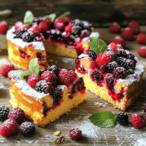 To make this easy berry cake, you need these simple ingredients: - 1 cup all-purpose flour - 1 teaspoon baking powder - 1/2 teaspoon baking soda - 1/4 teaspoon salt - 1/2 cup unsalted butter, softened - 1 cup granulated sugar - 2 large eggs - 1 teaspoon vanilla extract - 1/2 cup buttermilk (or milk with 1/2 tablespoon vinegar) - 1 cup mixed berries (strawberries, blueberries, raspberries) - Powdered sugar for dusting Using the right measurements is key for baking. If you don’t have buttermilk, use regular milk with a bit of vinegar. This will help the cake rise well. For the butter, make sure it is softened. This helps it mix better with sugar. If you want a lighter cake, you can use half the sugar or swap for coconut sugar. Just remember, these changes can alter taste and texture. For the best flavor, use a mix of berries. Strawberries add sweetness, while blueberries bring a juicy burst. Raspberries add a nice tang. You can also try blackberries or even cherries. Each berry adds a unique touch. Mixing different berries creates a colorful and tasty cake. Just make sure they are fresh. Fresh berries keep the cake moist and flavorful. Start by preheating your oven to 350°F (175°C). This step is key for even baking. Next, take a 9-inch round cake pan. Grease it with butter, then dust it with flour. You can also line it with parchment paper for easy removal later. In a medium bowl, combine the dry ingredients. Use 1 cup of all-purpose flour, 1 teaspoon of baking powder, 1/2 teaspoon of baking soda, and 1/4 teaspoon of salt. Whisk them together until mixed well. This will help your cake rise nicely. In a large bowl, add 1/2 cup of softened unsalted butter and 1 cup of granulated sugar. Use an electric mixer on medium speed to beat them together. Mix until the blend is light and fluffy—this takes about 3 to 4 minutes. This step adds air to your cake. Now it’s time to add the wet stuff! Beat in 2 large eggs one at a time. Mix well after each one. After that, stir in 1 teaspoon of vanilla extract. Then, slowly add the dry ingredients to the butter mixture. Alternate with 1/2 cup of buttermilk. Start and end with the flour mix. Gently fold in 1 cup of mixed berries like strawberries, blueberries, and raspberries. Be careful not to overmix. You want to keep the berries intact and prevent their color from bleeding into the batter. Pour the batter into your prepared cake pan. Smooth the top with a spatula. Bake in the oven for 25 to 30 minutes. To check if it’s done, insert a toothpick in the center. It should come out clean. Once baked, cool the cake in the pan for 10 minutes. Then transfer it to a wire rack to cool completely. For a sweet touch, dust the cooled cake with powdered sugar. You can find the Full Recipe for more details! For a fluffy cake, start with room temperature butter. This helps it mix well with sugar, creating air pockets. Cream the butter and sugar for about 3–4 minutes. The mixture should look light in color. Don’t skip the baking powder and baking soda; they help the cake rise. Mix your batter until just combined. Overmixing can lead to a tough cake. After adding flour and buttermilk, stir gently. When you fold in the berries, use a spatula. This keeps the berries whole and colorful. Avoid stirring too much to prevent color bleeding. Use fresh berries for the best flavor. Look for ripe strawberries, blueberries, and raspberries. They should smell sweet and look vibrant. Wash the berries gently and pat them dry. If using frozen berries, let them thaw first. Fresh berries give the cake a bright taste and great look. For the full recipe, check the earlier section. {{image_2}} You can use many types of berries in your cake. Strawberries, blueberries, and raspberries work best. Each berry adds its own sweet flavor. You can mix and match them too. Blackberries are another great choice. They add a bold taste and beautiful color. Feel free to experiment! Try using seasonal berries for the freshest flavor. To make your cake even better, add flavor boosts. A little lemon zest gives a bright taste. It pairs well with the berries. Almond extract adds a warm, nutty flavor. Just a small amount can make a big difference. Vanilla extract is great too, but consider mixing it with other flavors. These small tweaks can take your cake to the next level. You can easily make this cake gluten-free. Use a gluten-free flour blend instead of all-purpose flour. Many blends work well for baking. Check the package for the right ratio to use. You may also want to add a bit of xanthan gum. This helps mimic the structure of gluten. Your cake will still be soft and delicious! To keep your Easy Berry Cake fresh, store it in an airtight container. Place it in the fridge for up to four days. If you notice any leftover cake, slice it first. This helps keep each piece moist and ready to enjoy. Always cover the cake with plastic wrap if you don’t have a container. You can freeze your berry cake for longer storage. First, let the cake cool completely. Wrap it tightly in plastic wrap. Then, place it in a freezer bag or container. This method keeps your cake safe for up to three months. When ready to eat, thaw it overnight in the fridge before serving. To reheat your cake, slice it into pieces. Place a slice on a microwave-safe plate. Heat it for about 10-15 seconds. Check if it's warm enough; if not, add a few more seconds. For a more even heat, you can also warm it in the oven. Set the oven to 350°F (175°C) and heat for about 5-10 minutes. Enjoy your cake warm! Yes, you can use frozen berries! They work well in this cake. Just make sure to thaw and drain them first. This keeps the batter from getting too wet. Frozen berries might add a bit more color to the cake, which can look nice. Check the cake with a toothpick. Insert it into the center of the cake. If it comes out clean, the cake is done. You can also gently press the top. It should spring back. If it leaves a dent, it needs more time in the oven. You can serve this cake with whipped cream or ice cream. A scoop of vanilla ice cream adds a creamy touch. Fresh berries on top make it even better. A drizzle of berry sauce can add flavor and style. The cake lasts about two days at room temperature. Cover it well to keep it fresh. If you want it to last longer, store it in the fridge. It can last up to a week there. Yes, you can bake the cake a day or two early. Just store it in an airtight container. You can also freeze it for longer storage. Wrap it tightly in plastic wrap, then foil, and freeze for up to three months. Thaw it in the fridge before serving. For the full recipe, check the Step-by-Step Instructions section. You learned about making an easy berry cake from scratch. We covered ingredients, baking steps, and helpful tips. You can choose different berries and flavors to make it your own. Remember to store leftovers properly and reheat for the best taste. Enjoy the sweet results of your hard work and share it with friends! You’ll impress everyone with your new baking skills. Happy baking, and may your berry cake always be a hit!