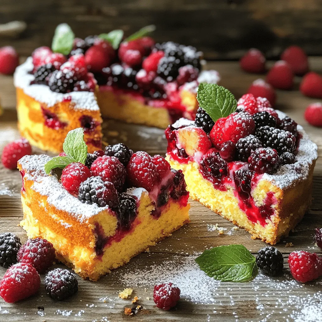 To make this easy berry cake, you need these simple ingredients: - 1 cup all-purpose flour - 1 teaspoon baking powder - 1/2 teaspoon baking soda - 1/4 teaspoon salt - 1/2 cup unsalted butter, softened - 1 cup granulated sugar - 2 large eggs - 1 teaspoon vanilla extract - 1/2 cup buttermilk (or milk with 1/2 tablespoon vinegar) - 1 cup mixed berries (strawberries, blueberries, raspberries) - Powdered sugar for dusting Using the right measurements is key for baking. If you don’t have buttermilk, use regular milk with a bit of vinegar. This will help the cake rise well. For the butter, make sure it is softened. This helps it mix better with sugar. If you want a lighter cake, you can use half the sugar or swap for coconut sugar. Just remember, these changes can alter taste and texture. For the best flavor, use a mix of berries. Strawberries add sweetness, while blueberries bring a juicy burst. Raspberries add a nice tang. You can also try blackberries or even cherries. Each berry adds a unique touch. Mixing different berries creates a colorful and tasty cake. Just make sure they are fresh. Fresh berries keep the cake moist and flavorful. Start by preheating your oven to 350°F (175°C). This step is key for even baking. Next, take a 9-inch round cake pan. Grease it with butter, then dust it with flour. You can also line it with parchment paper for easy removal later. In a medium bowl, combine the dry ingredients. Use 1 cup of all-purpose flour, 1 teaspoon of baking powder, 1/2 teaspoon of baking soda, and 1/4 teaspoon of salt. Whisk them together until mixed well. This will help your cake rise nicely. In a large bowl, add 1/2 cup of softened unsalted butter and 1 cup of granulated sugar. Use an electric mixer on medium speed to beat them together. Mix until the blend is light and fluffy—this takes about 3 to 4 minutes. This step adds air to your cake. Now it’s time to add the wet stuff! Beat in 2 large eggs one at a time. Mix well after each one. After that, stir in 1 teaspoon of vanilla extract. Then, slowly add the dry ingredients to the butter mixture. Alternate with 1/2 cup of buttermilk. Start and end with the flour mix. Gently fold in 1 cup of mixed berries like strawberries, blueberries, and raspberries. Be careful not to overmix. You want to keep the berries intact and prevent their color from bleeding into the batter. Pour the batter into your prepared cake pan. Smooth the top with a spatula. Bake in the oven for 25 to 30 minutes. To check if it’s done, insert a toothpick in the center. It should come out clean. Once baked, cool the cake in the pan for 10 minutes. Then transfer it to a wire rack to cool completely. For a sweet touch, dust the cooled cake with powdered sugar. You can find the Full Recipe for more details! For a fluffy cake, start with room temperature butter. This helps it mix well with sugar, creating air pockets. Cream the butter and sugar for about 3–4 minutes. The mixture should look light in color. Don’t skip the baking powder and baking soda; they help the cake rise. Mix your batter until just combined. Overmixing can lead to a tough cake. After adding flour and buttermilk, stir gently. When you fold in the berries, use a spatula. This keeps the berries whole and colorful. Avoid stirring too much to prevent color bleeding. Use fresh berries for the best flavor. Look for ripe strawberries, blueberries, and raspberries. They should smell sweet and look vibrant. Wash the berries gently and pat them dry. If using frozen berries, let them thaw first. Fresh berries give the cake a bright taste and great look. For the full recipe, check the earlier section. {{image_2}} You can use many types of berries in your cake. Strawberries, blueberries, and raspberries work best. Each berry adds its own sweet flavor. You can mix and match them too. Blackberries are another great choice. They add a bold taste and beautiful color. Feel free to experiment! Try using seasonal berries for the freshest flavor. To make your cake even better, add flavor boosts. A little lemon zest gives a bright taste. It pairs well with the berries. Almond extract adds a warm, nutty flavor. Just a small amount can make a big difference. Vanilla extract is great too, but consider mixing it with other flavors. These small tweaks can take your cake to the next level. You can easily make this cake gluten-free. Use a gluten-free flour blend instead of all-purpose flour. Many blends work well for baking. Check the package for the right ratio to use. You may also want to add a bit of xanthan gum. This helps mimic the structure of gluten. Your cake will still be soft and delicious! To keep your Easy Berry Cake fresh, store it in an airtight container. Place it in the fridge for up to four days. If you notice any leftover cake, slice it first. This helps keep each piece moist and ready to enjoy. Always cover the cake with plastic wrap if you don’t have a container. You can freeze your berry cake for longer storage. First, let the cake cool completely. Wrap it tightly in plastic wrap. Then, place it in a freezer bag or container. This method keeps your cake safe for up to three months. When ready to eat, thaw it overnight in the fridge before serving. To reheat your cake, slice it into pieces. Place a slice on a microwave-safe plate. Heat it for about 10-15 seconds. Check if it's warm enough; if not, add a few more seconds. For a more even heat, you can also warm it in the oven. Set the oven to 350°F (175°C) and heat for about 5-10 minutes. Enjoy your cake warm! Yes, you can use frozen berries! They work well in this cake. Just make sure to thaw and drain them first. This keeps the batter from getting too wet. Frozen berries might add a bit more color to the cake, which can look nice. Check the cake with a toothpick. Insert it into the center of the cake. If it comes out clean, the cake is done. You can also gently press the top. It should spring back. If it leaves a dent, it needs more time in the oven. You can serve this cake with whipped cream or ice cream. A scoop of vanilla ice cream adds a creamy touch. Fresh berries on top make it even better. A drizzle of berry sauce can add flavor and style. The cake lasts about two days at room temperature. Cover it well to keep it fresh. If you want it to last longer, store it in the fridge. It can last up to a week there. Yes, you can bake the cake a day or two early. Just store it in an airtight container. You can also freeze it for longer storage. Wrap it tightly in plastic wrap, then foil, and freeze for up to three months. Thaw it in the fridge before serving. For the full recipe, check the Step-by-Step Instructions section. You learned about making an easy berry cake from scratch. We covered ingredients, baking steps, and helpful tips. You can choose different berries and flavors to make it your own. Remember to store leftovers properly and reheat for the best taste. Enjoy the sweet results of your hard work and share it with friends! You’ll impress everyone with your new baking skills. Happy baking, and may your berry cake always be a hit!
