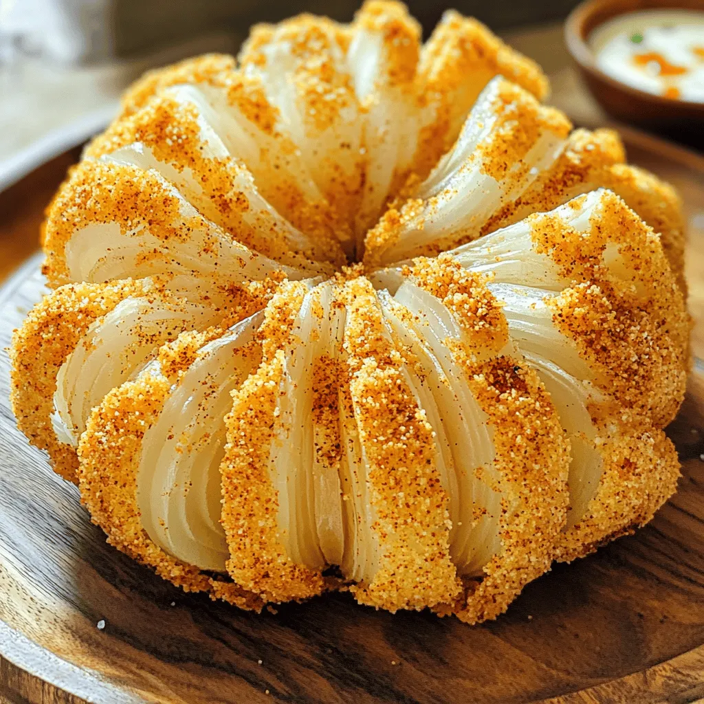 - 1 large sweet onion (like a Vidalia) - 1 cup all-purpose flour - 1 teaspoon paprika - 1 teaspoon garlic powder - 1 teaspoon onion powder - 1/2 teaspoon cayenne pepper (adjust for spice preference) - 1/2 teaspoon salt - 1/2 teaspoon black pepper - 2 large eggs - 1 cup breadcrumbs (panko for extra crunch) - Olive oil spray The main star of this dish is the sweet onion. I love using a Vidalia onion for its gentle sweetness. It blooms beautifully and absorbs all the flavors. The flour and spices form a tasty coating. I use paprika, garlic powder, onion powder, cayenne pepper, salt, and black pepper for zest. Adjust the cayenne to fit your taste. Two large eggs help the coating stick to the onion. Panko breadcrumbs add that crispy texture we all crave. When you spray the blooming onion with olive oil, it creates a lovely golden color. - Calories per serving: Approximately 250 calories - Macronutrient breakdown: - Carbs: 35g - Protein: 6g - Fat: 10g This dish is a fun snack for sharing! Each serving is tasty, with a nice balance of carbs and protein. The calories come from the coating and the onion itself. Enjoy this crispy treat guilt-free! For the complete recipe, check out the [Full Recipe]. Preparing the onion for blooming Start with a large sweet onion, like a Vidalia. Cut off the top of the onion, and peel away the outer layers. Place the onion upside down on a cutting board. Use a sharp knife to slice down about an inch from the bottom. You want to create 8-12 petal-like sections. Be careful not to cut through the root. Once done, gently pull apart the petals to form the blooming shape. Setting up the coating stations Next, you need to set up your breading stations. In a medium bowl, mix together the flour, paprika, garlic powder, onion powder, cayenne pepper, salt, and black pepper. In a second bowl, whisk the two large eggs until they are combined. In a third bowl, pour in the breadcrumbs. Proper techniques for coating the onion Now it's time to coat your blooming onion. First, dip the onion into the flour mixture, ensuring all the petals get coated well. Shake off any extra flour. Then, move the onion to the bowl of beaten eggs, letting any excess egg drip back into the bowl. Finally, coat it with the breadcrumbs, pressing gently to help them stick. Preheating the air fryer Before you cook, preheat your air fryer to 370°F (188°C). This helps the onion cook evenly and get crispy. Cooking time and temperature settings Place the coated blooming onion in the air fryer basket. Make sure the petals are spread out for even cooking. Cook for 12-15 minutes, flipping halfway through. The onion should turn golden brown and become crispy. For a detailed recipe, check the Full Recipe. To make the best blooming onion, start with even coating. When you dip the onion in flour, make sure to cover all the petals. This step helps the flavors stick better. Shake off any extra flour. For the egg wash, let excess egg drip off before moving to the breadcrumbs. This ensures a nice crunch. Next, adjust seasoning to taste. I suggest tasting the flour mixture before coating the onion. If you like more heat, add extra cayenne pepper. For a milder flavor, cut back on the spice. Personalizing the seasoning makes your blooming onion truly yours. When choosing an air fryer for this recipe, consider the size and features. Brands like Philips, Ninja, and Cosori are great options. They offer reliable performance and even cooking. A model with a digital display can help you set precise times and temperatures. Look for air fryers with baskets that are easy to clean. Non-stick surfaces make your cooking experience smoother. Also, ensure the model fits your kitchen space. A compact design is perfect for smaller kitchens. Try my full recipe for a delicious blooming onion experience! {{image_2}} You can easily change the taste of your blooming onion. Spice variations are a fun way to do this. You might try different pepper types. Using jalapeño or smoked paprika adds a new kick. For a milder option, use sweet bell pepper powder. This small change can make a big difference. You can also explore alternative coatings. If you need gluten-free options, try almond flour or gluten-free breadcrumbs. These swaps keep the crunch while being safe for gluten-free diets. You can have great taste and texture without worry. Pairing sauces with your blooming onion adds more joy. A homemade spicy ranch is a popular choice. To make it, mix sour cream, ranch dressing, and hot sauce. Adjust the spice level to your liking. This sauce adds a creamy, zesty flavor that complements the onion's crunch. Other complementary sauces include sweet chili sauce or garlic aioli. Sweet chili gives a nice contrast with its sweetness. Garlic aioli offers a rich, savory taste that pairs well. These sauces make your blooming onion even more delightful. For the full recipe, check out the Air Fryer Blooming Onion section. To store your blooming onion, let it cool down to room temperature. This step prevents moisture buildup. Once cooled, wrap it in plastic wrap or place it in an airtight container. You can keep it in the fridge for up to three days. Make sure to consume it within that time for the best taste. When reheating, the goal is to keep the crispiness. The best method is using the air fryer again. Preheat your air fryer to 350°F (175°C). Place the blooming onion inside for about 5-7 minutes. This will help restore its crunch. You can also use an oven. Just place it on a baking sheet at 350°F (175°C) for 10-12 minutes. Avoid using the microwave, as it will make it soggy. Can I make a blooming onion without an air fryer? Yes, you can. You can deep fry a blooming onion in hot oil. Just heat oil to 350°F (175°C) and fry for about 5-7 minutes. This method gives a crispy texture, but it is less healthy than air frying. What type of onion is best for a blooming onion? A large sweet onion is best. I recommend using Vidalia onions. They are mild and sweet, which makes them perfect for this dish. Their size also helps create the best bloom effect. How do I know when the blooming onion is done? Look for a golden-brown color. The petals should be crispy. You can also check the softness of the onion by gently poking it with a fork. If it feels tender, it is ready. What are the best dipping sauces for a blooming onion? Some great choices are spicy ranch and homemade aioli. You can also try garlic sauce or a zesty BBQ sauce. These flavors pair well with the onion's sweetness. Can I prepare this recipe in advance? You can prepare the onion and coat it ahead of time. Store it in the fridge for a few hours before air frying. This makes it easy to cook when you are ready to serve. Just remember to spray it with olive oil just before cooking. For the full recipe, check the dedicated section above! In this post, we covered how to make a delicious blooming onion using simple ingredients and step-by-step instructions. We explored tips for perfecting your dish and discussed different flavor variations and sauces. Remember, practice makes perfect. Don’t worry if your first try isn’t ideal—just keep adjusting. Enjoy your blooming onion with friends or at family gatherings. It's fun and tasty! With these clear steps, you're ready to impress everyone. Happy cooking!