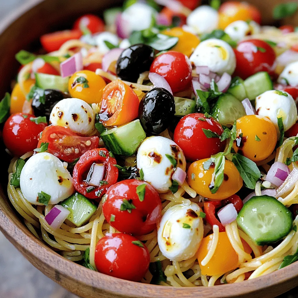 - 8 oz cooked spaghetti, cooled - 1 cup cherry tomatoes, halved - 1 cucumber, diced - 1 red bell pepper, diced - 1 cup fresh mozzarella balls, halved - 1/4 cup black olives, sliced - 1/4 cup red onion, finely chopped - 1/4 cup fresh basil leaves, chopped - 1/4 cup olive oil - 2 tablespoons balsamic vinegar - 1 teaspoon garlic powder - Salt and pepper to taste How to cook spaghetti perfectly: To cook spaghetti perfectly, follow these steps: 1. Boil water in a large pot. Add a pinch of salt. 2. Add the pasta and stir it right away. 3. Cook for 8-10 minutes. 4. Taste it to check if it’s done. 5. Drain the pasta and cool it right away to stop cooking. Tips for choosing the freshest vegetables: When picking vegetables, look for these signs: - Choose firm and bright cherry tomatoes. - Select cucumbers with smooth skin and no blemishes. - Pick bell peppers that are shiny and have a strong color. Suggestions for mozzarella alternatives: If you can’t find fresh mozzarella, try these options: - Use shredded mozzarella for a different texture. - Consider feta cheese for a tangy taste. - Try goat cheese for a creamy twist. For the complete recipe and detailed cooking steps, check out the Full Recipe. 1. First, grab a large mixing bowl. Add the 8 oz cooked spaghetti. Make sure it is cooled down. 2. Next, toss in the 1 cup cherry tomatoes, 1 diced cucumber, 1 diced red bell pepper, 1 cup halved fresh mozzarella, 1/4 cup sliced black olives, and 1/4 cup finely chopped red onion. Mix well to combine. 3. In a small bowl, prepare the dressing. Whisk together 1/4 cup olive oil, 2 tablespoons balsamic vinegar, 1 teaspoon garlic powder, and some salt and pepper. This dressing adds flavor. 4. Pour the dressing over the salad ingredients. Toss lightly to coat everything well. 5. Fold in 1/4 cup chopped fresh basil leaves gently. Be careful not to tear them. 6. Cover the bowl with plastic wrap. Place it in the fridge for at least 30 minutes. This helps the flavors blend together. Chilling the salad is very important. It allows the ingredients to soak up the dressing. This step enhances the taste. You want every bite to be flavorful. Make sure to mix the salad well before serving. This helps distribute the flavors evenly. You want a burst of taste in each forkful. For serving, a large, shallow bowl works best. It allows guests to see all the vibrant colors of the salad. You can also use smaller bowls for each guest. To make it look nice, arrange the salad with a sprinkle of fresh basil on top. You can add a few whole cherry tomatoes or mozzarella balls for a fun touch. This makes the dish look even more inviting. To make the best spaghetti salad, avoid a few common mistakes. First, don't overcook the spaghetti. Cook it just until al dente. This keeps the pasta firm and prevents mushiness. Second, be careful with olives and onions. Their strong flavors can overpower the dish. Use them in moderation for balance. Spices can take your salad to the next level. Try adding a pinch of red pepper flakes for heat or some Italian seasoning for depth. Fresh herbs also boost flavor. Consider using parsley or dill in addition to basil. They add freshness and keep the salad bright. A great salad looks as good as it tastes. Garnish with extra basil leaves or a sprinkle of feta cheese for color and texture. You can also serve it in a nice bowl; it makes a difference. Pair your salad with crusty bread or a light soup. These sides complement the salad and create a lovely meal. {{image_2}} You can easily add protein to your spaghetti salad. Grilled chicken or shrimp works great. Just dice the chicken or shrimp and toss it in. This adds a nice flavor and makes your salad more filling. If you want vegetarian options, try chickpeas or black beans. They add protein and keep your salad hearty. If you're looking for pasta options, you have choices. Gluten-free pasta is a great substitute. It keeps the salad light but still tasty. Whole wheat spaghetti is another option. It adds fiber and a nutty flavor to the dish. Both options give you a healthy twist while keeping the essence of the salad. Don’t be afraid to switch up the dressing. You can try different vinaigrette flavors like lemon or honey mustard. Each one adds a unique taste. If you want to make your own, mix olive oil, vinegar, and your favorite herbs. This allows you to control the flavors and make the salad truly yours. For the full recipe, check out the details above. To keep your spaghetti salad fresh, store it in an airtight container. This prevents air from spoiling the flavors. Make sure the salad is cool before you seal it up. If you have leftovers, place them in the container and put it in the fridge right away. Refrigerating your spaghetti salad works best. It stays fresh for about three days. Freezing can change the texture of the salad. If you need to reheat it, do so gently in the microwave. Heat it until it’s warm, but not hot. This helps keep the veggies crisp. You can make spaghetti salad ahead of time. This saves you stress on busy days. Just remember to add the fresh ingredients like basil last. This keeps them crunchy and bright. Store the dressing separately until you are ready to serve. This ensures every bite is fresh and delicious. Serve spaghetti salad chilled for the best taste. You can use a large bowl or individual plates. A gentle toss before serving helps mix the flavors. This brings out the taste of the fresh veggies and cheese. For extra flair, you might add a sprig of basil on top. Yes, you can make spaghetti salad a day ahead. It helps the flavors blend well. The longer it sits, the better it tastes. Just keep it in the fridge. Make sure to cover it well to keep it fresh. You can keep spaghetti salad in the fridge for about 3 days. After that, the veggies may start to lose their crispness. Always check for any off smells or changes in texture. If it looks good, it should still be safe to eat. This blog post shared easy steps for making delicious spaghetti salad. You learned about fresh and pantry items needed. We covered tips on preparation and common pitfalls to avoid. I also discussed how to enhance flavors and present the dish well. Spaghetti salad is an adaptable meal; you can customize it to fit your taste. Keep it fresh and chilled for the best experience. Enjoy creating your own version of this tasty dish!