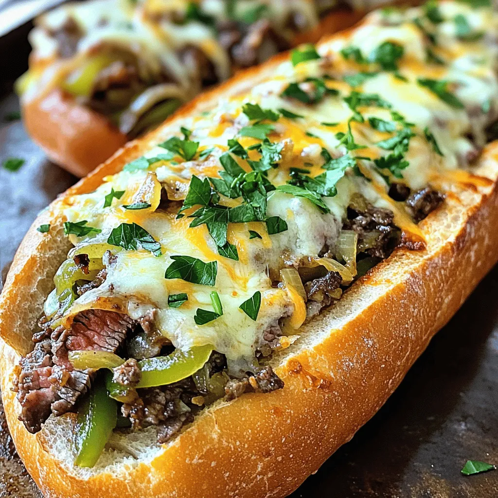 To make Philly cheesesteak cheesy bread, you need a few key items. Start with one large French baguette. This bread gives you a crunchy base. Next, grab one pound of ribeye steak, sliced thin. The ribeye adds rich flavor. You will also need cheese. A mix of provolone and mozzarella works best. They melt beautifully and taste amazing together. You can add some vegetables for extra flavor. I recommend using one small onion, sliced. It adds sweetness when cooked. A green bell pepper, sliced, also enhances the taste. For a nice kick, include two cloves of minced garlic. Garlic adds depth and aroma to the dish. Season your filling to bring out all the flavors. Use one teaspoon of Worcestershire sauce for a savory touch. Don't forget salt and black pepper to taste. Fresh parsley adds a pop of color and freshness. You can sprinkle chopped parsley on top for a great finish. For the full recipe, check out the detailed instructions. First, preheat your oven to 375°F (190°C). This step is key to getting that perfect golden cheese melt. While the oven warms up, gather your ingredients. You will need a large French baguette, ribeye steak, olive oil, onion, green bell pepper, garlic, Worcestershire sauce, salt, black pepper, provolone cheese, mozzarella cheese, and fresh parsley for garnish. Having everything ready makes the cooking part much easier. Next, heat a tablespoon of olive oil in a large skillet over medium-high heat. Add the sliced onion and green bell pepper. Sauté these until they soften and caramelize a bit, which takes about 5 to 7 minutes. Then, add the minced garlic and cook it for one more minute. The smell will be amazing! Remove the veggies from the skillet and set them aside. In the same skillet, add the thinly sliced ribeye steak. Sprinkle with salt, black pepper, and Worcestershire sauce. Cook the steak for about 3 to 5 minutes until it turns brown and is just cooked through. Finally, mix the sautéed veggies back into the skillet with the steak. Now, take your French baguette and slice it in half lengthwise. Place it on a baking sheet with the cut side facing up. Spoon the steak and vegetable mixture evenly over each half of the baguette. It should look delicious already! Generously sprinkle the provolone and mozzarella cheeses over the top. Once done, place the baking sheet in the preheated oven. Bake for 10 to 12 minutes until the cheese is melted and bubbly. After baking, let it cool slightly. Garnish with fresh parsley before slicing it into pieces. Enjoy your Philly cheesesteak cheesy bread! For the full recipe, check out the provided details. To get the best bite, slice your ribeye steak thinly. Use a sharp knife for clean cuts. Chill the steak for a bit before slicing. Cold meat firms up, making it easier to cut. Always slice against the grain. This helps keep the meat tender. For the best melt, choose a mix of provolone and mozzarella. Provolone gives a great flavor, while mozzarella melts beautifully. Grate your cheese instead of using slices. Grated cheese melts faster and more evenly. To melt cheese perfectly, watch it closely in the oven. You want it bubbly and golden, not burnt. You can spice things up by adding some garlic powder or paprika. These spices add depth to the flavor. Consider adding a dash of hot sauce for heat. You can also try some fresh herbs, like thyme or oregano. A little goes a long way, so start small. Feel free to experiment with your favorite sauces too. This adds a personal touch to your cheesy bread. For more details, check out the Full Recipe. {{image_2}} You can easily make a meatless version of Philly cheesesteak cheesy bread. Use mushrooms or plant-based beef instead of ribeye steak. Portobello mushrooms work great. They have a meaty texture and deep flavor. Just slice them thin and sauté until soft. If you choose plant-based beef, cook it just like you would ground meat. Add the same veggies for extra taste. While provolone and mozzarella are classic choices, feel free to mix it up. Cheddar adds a nice sharpness, while gouda brings a smoky flavor. You can even try pepper jack for a spicy kick. Just shred your cheese and sprinkle it on top before baking. The more cheese, the better! You can add fun toppings to your cheesy bread. Try sliced jalapeños for heat or drizzle some hot sauce on top. Fresh herbs like basil or oregano can brighten up the dish. You might also consider adding sautéed mushrooms or roasted red peppers for more flavor. The options are endless and will make your cheesy bread even more tasty! To keep your Philly cheesesteak cheesy bread fresh, wrap it tightly in plastic wrap. You can also use aluminum foil. Store it in the fridge for up to three days. For best results, let it cool before wrapping. This helps prevent sogginess. When you want to enjoy your leftovers, preheat your oven to 350°F (175°C). Place the bread on a baking sheet. Heat for about 10-15 minutes. This method keeps the bread crusty and the cheese melty. Avoid the microwave, as it can make the bread tough. If you want to save it for later, freezing is a great choice. Wrap the cheesy bread tightly in plastic wrap, then in aluminum foil. This prevents freezer burn. You can freeze it for up to three months. To thaw, place it in the fridge overnight before reheating. Enjoy your tasty treat any time! The best bread for this recipe is a large French baguette. It has a crispy crust and a soft inside. This texture holds up well against the juicy steak and melted cheese. You can also use hoagie rolls or Italian bread if you prefer. Both options will work well, but the baguette gives it that classic feel. Yes, you can prepare this dish ahead of time. You can slice the bread and cook the filling earlier in the day. Just store the cooked steak and veggies in the fridge. When you're ready to eat, assemble the bread and topping. Bake it until the cheese is melted. This way, you save time and still enjoy a fresh meal. You have many options to customize this dish. For a gluten-free version, use gluten-free bread. If you want a dairy-free option, choose dairy-free cheese. For a low-carb meal, try using lettuce wraps instead of bread. These changes help you enjoy the flavors while meeting your dietary needs. Philly Cheesesteak Cheesy Bread is a treat you won’t forget. This dish brings together the rich flavors of a classic Philly cheesesteak and the comforting goodness of cheesy bread. Follow this full recipe to create your own at home. - 1 large French baguette - 1 pound ribeye steak, thinly sliced - 1 tablespoon olive oil - 1 small onion, sliced - 1 green bell pepper, sliced - 2 cloves garlic, minced - 1 teaspoon Worcestershire sauce - Salt and black pepper to taste - 1 cup provolone cheese, shredded - 1 cup mozzarella cheese, shredded - Fresh parsley, chopped (for garnish) 1. Preheat your oven to 375°F (190°C). 2. In a large skillet, heat olive oil over medium-high heat. Add the sliced onion and green bell pepper. Sauté them until softened and lightly caramelized, about 5-7 minutes. 3. Add the minced garlic and cook for an additional minute until fragrant. Then, remove the vegetables from the skillet and set them aside. 4. In the same skillet, add the thinly sliced ribeye steak. Season with salt, black pepper, and Worcestershire sauce. Cook until browned and just cooked through, about 3-5 minutes. 5. Combine the sautéed vegetables back into the skillet with the steak, mixing everything together. 6. Slice the French baguette in half lengthwise and place it on a baking sheet, cut side up. 7. Spoon the steak and vegetable mixture evenly over the cut sides of the baguette. 8. Generously sprinkle the provolone and mozzarella cheeses over the top of the steak mixture. 9. Place the baking sheet in the preheated oven and bake for 10-12 minutes, or until the cheese is melted and bubbly. 10. Once baked, remove from the oven and let it cool slightly. Garnish with fresh parsley before slicing into pieces. This recipe takes about 15 minutes to prep and 30 minutes total. It serves 4 and is perfect for any gathering. Enjoy every cheesy bite! Philly Cheesesteak Cheesy Bread is a simple yet delicious dish. We covered all the key ingredients, from the French baguette to ribeye steak and cheese. Vegetables and tasty seasonings elevate the flavor. I shared step-by-step instructions for preparation, cooking, and baking. Plus, you learned useful tips for the perfect cut of steak and cheese melting. Feel free to explore variations, such as vegetarian options or different cheeses. Proper storage and reheating keep your leftovers fresh. This dish is both fun to make and eat! Enjoy your cooking adventure!