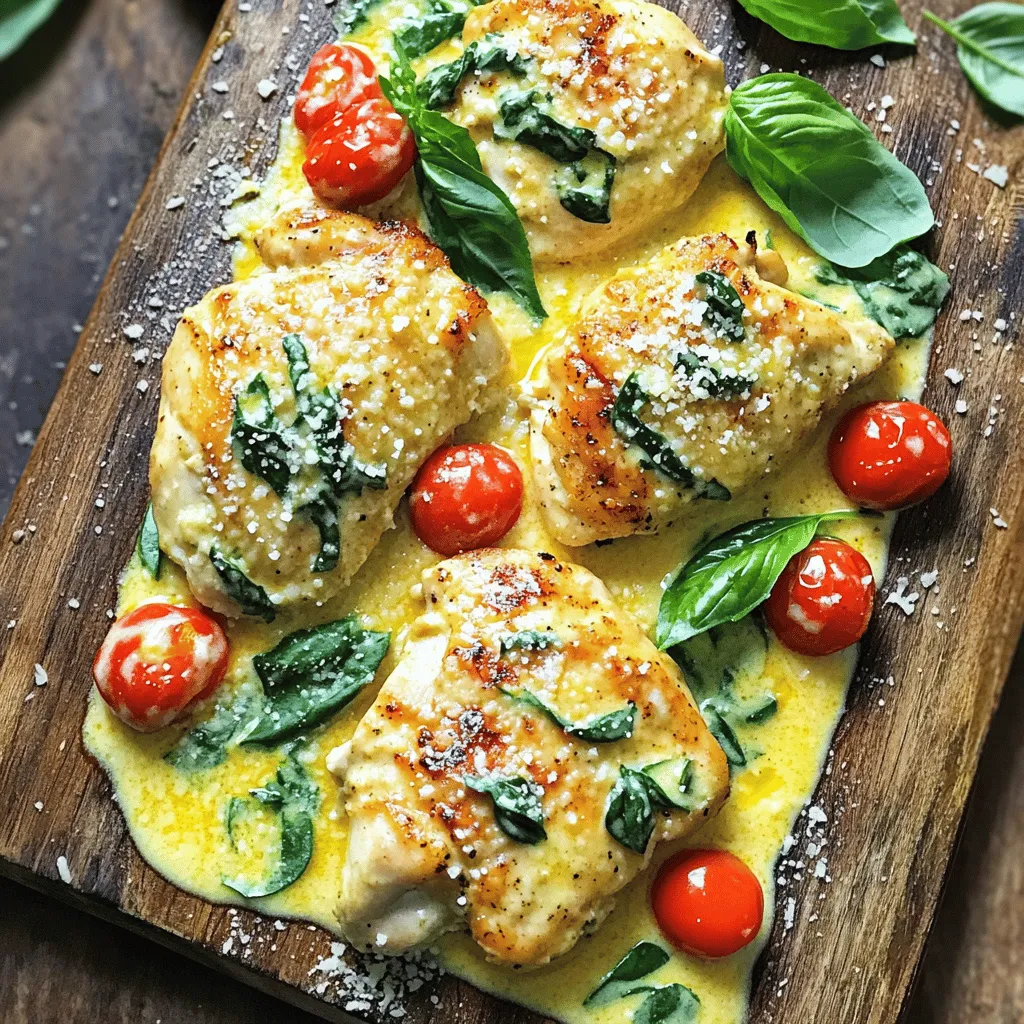 - Chicken - Garlic - Cream - Spinach The main ingredients create a rich and creamy dish. You need four boneless, skinless chicken breasts. Garlic gives the dish a strong flavor. Heavy cream adds smoothness, and fresh spinach brings color and nutrients. - Parmesan cheese - Italian herbs - Olive oil To boost the taste, use grated Parmesan cheese. It melts beautifully into the sauce. Italian herbs like oregano, basil, and thyme give it that classic Tuscan touch. Olive oil is key for searing the chicken and adding flavor. - Fresh basil - Extra Parmesan cheese Garnishing adds a special touch. Fresh basil leaves brighten the dish. A sprinkle of extra Parmesan cheese adds more flavor and looks nice on the plate. For the full recipe, check out the detailed cooking steps. Seasoning the chicken Start by seasoning the chicken breasts. Use salt, pepper, and dried Italian herbs. This step adds flavor right from the start. Make sure to coat every side of the chicken well. Preparing the skillet Next, heat olive oil in a large skillet over medium-high heat. Make sure the oil is hot enough before adding the chicken. A properly heated skillet helps the chicken sear nicely. Searing the chicken Place the seasoned chicken in the skillet. Cook each side for about 5 to 7 minutes. Look for a golden brown color to know it’s ready. Once cooked, remove the chicken from the skillet and set it aside. Sautéing garlic and vegetables In the same skillet, add minced garlic. Sauté it for about 30 seconds until it smells great. Then, add the halved cherry tomatoes. Cook them for 2 to 3 minutes until they soften. Finally, toss in fresh spinach and stir until it wilts. Combining ingredients for the sauce Reduce the heat to medium-low. Pour in the heavy cream and mix well. Let it simmer for a few minutes. Then, add grated Parmesan cheese. Stir until it melts and thickens the sauce. Adding chicken back into the skillet Return the seared chicken to the skillet. Coat it well with the creamy sauce. Let it simmer for another 2 to 3 minutes. This allows the flavors to blend perfectly. For the full recipe, check the main article. - Cook chicken at 165°F for safe eating. - Use a meat thermometer for best results. - Avoid overcooking by checking the chicken often. - Let the chicken rest before serving for juicy bites. - Add fresh herbs like thyme or parsley for a boost. - Replace heavy cream with coconut milk for a lighter dish. - Use vegetable broth instead of cream for a lighter sauce. - Try lemon juice for a zesty kick. - Plate the chicken on a colorful dish to stand out. - Drizzle sauce over the chicken for a glossy look. - Serve with roasted veggies or garlic bread for balance. - Add a sprinkle of fresh herbs for a pop of color. For the full recipe, check out Creamy Garlic Tuscan Chicken. {{image_2}} You can easily change the protein in this dish. Try shrimp or tofu for a twist. Both options cook well in the creamy sauce. For vegetables, think bell peppers or mushrooms. They add texture and flavor to the meal. To make this dish gluten-free, simply check your cream and cheese labels. Most are gluten-free, so you can enjoy without worry. For dairy-free options, try coconut cream and nutritional yeast. They still give you that rich, creamy taste. If you like heat, add red pepper flakes to the sauce. Start with a pinch and adjust to your taste. You can also mix in different spice blends. Italian seasoning works well, but try Cajun or taco spice for a new flavor. For the full recipe, check the link provided. Enjoy the cooking adventure! To keep your Creamy Garlic Tuscan Chicken fresh, store it in an airtight container. Place it in the fridge right after it cools down. It will last about 3 to 4 days. Make sure to label it with the date. This way, you know when to eat it. If you want to keep it longer, you can freeze it. Let the chicken cool completely. Then, place it in a freezer-safe container or a heavy-duty zip-top bag. It will last up to 3 months in the freezer. When ready to eat, thaw it overnight in the fridge. To reheat, place the chicken in a skillet over low heat. Stir gently until warmed through. You can also use the microwave. Just cover the dish and heat it in short bursts. To enjoy the flavors at their best, reheat the chicken slowly. This helps keep it juicy. Pair it with pasta, rice, or a fresh salad for a complete meal. Leftovers taste great on a bed of spinach or in a wrap. You can even make a tasty sandwich with the chicken. Feel free to get creative with your pairings! For the full recipe, check out the earlier section. How to ensure chicken stays tender? To keep your chicken tender, don’t overcook it. Use a meat thermometer. Aim for 165°F (75°C) inside the thickest part. Let the chicken rest for a few minutes after cooking. This keeps the juices inside. Can I use frozen chicken for this recipe? Yes, you can use frozen chicken. Just thaw it completely first. Use the fridge for safe thawing overnight. Cooking from frozen will require more time. Ensure it still reaches 165°F (75°C). How can I thicken the sauce more? To thicken the sauce, add more Parmesan cheese. You can also mix in a cornstarch slurry. Just combine cornstarch with cold water, then stir it in. Let it simmer until it thickens. What can I serve with Creamy Garlic Tuscan Chicken? Serve this dish with pasta, rice, or crusty bread. A side salad pairs well too. Roasted veggies or steamed broccoli are great choices for extra color and health. What's the best way to know when the chicken is done? Use a meat thermometer. Insert it into the thickest part of the chicken. It should read 165°F (75°C) to be safe. Cut into the chicken, and check for no pink inside. How to adjust the seasonings to my taste? Start with the recipe, then taste as you cook. If you want more flavor, add extra herbs or salt. Fresh basil can add a nice touch at the end. Adjust based on your preference! In this blog post, we explored the key ingredients for Creamy Garlic Tuscan Chicken, such as chicken, garlic, and cream. I shared step-by-step instructions for preparation and cooking, along with helpful tips to make the dish shine. We also discussed variations and storage options for leftovers. Embrace these ideas to create your own version. Cooking is all about fun and flavor. Enjoy experimenting and savor each bite!