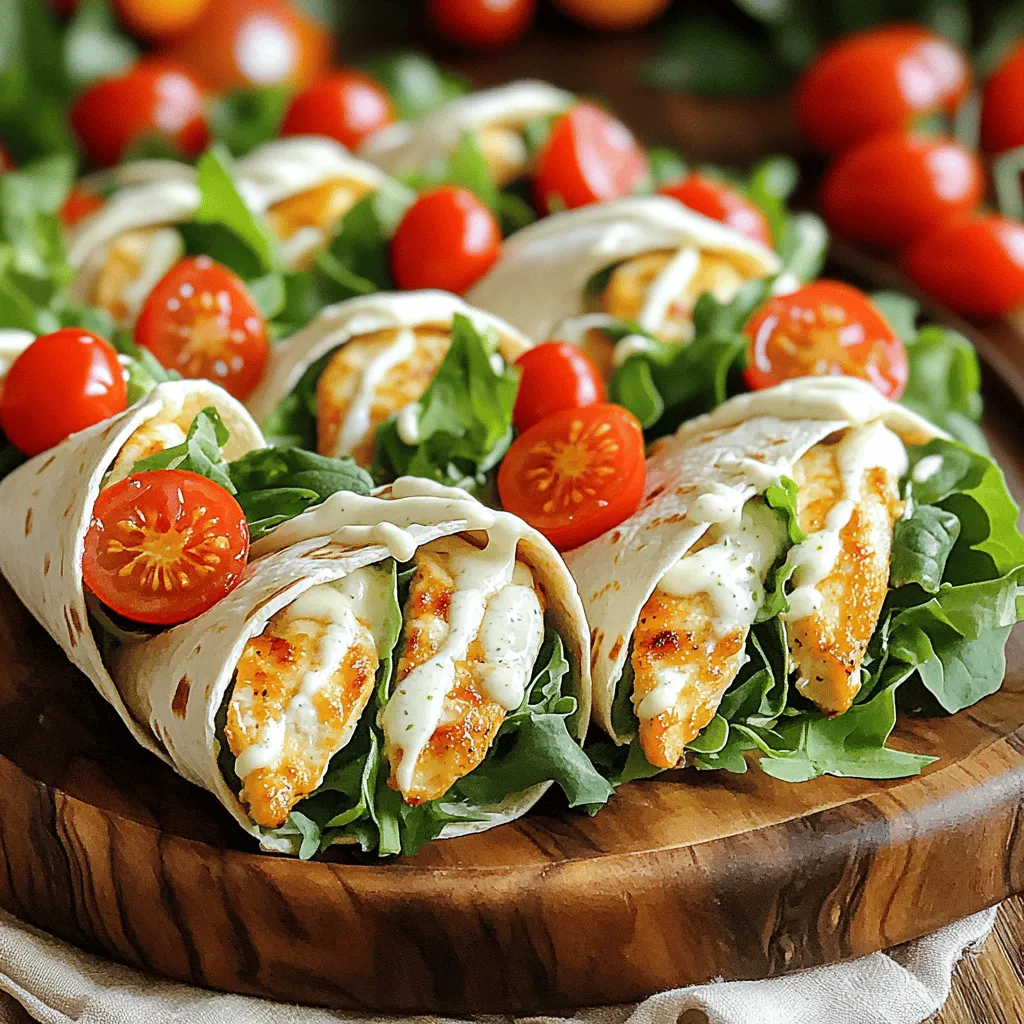 To make these cheesy garlic chicken wraps, you need a few key items. Here’s what you’ll need: - 2 boneless, skinless chicken breasts - 1 cup shredded mozzarella cheese - 1 tablespoon olive oil - 4 cloves garlic, minced - 1 teaspoon dried oregano - 1 teaspoon paprika - Salt and pepper to taste - 4 large flour tortillas - 1 cup mixed greens (lettuce, spinach, arugula) - ½ cup cherry tomatoes, halved - ¼ cup ranch dressing or your favorite sauce These ingredients work together to create a tasty dish that pleases everyone. You can add a few extra ingredients to make these wraps your own. Here are some ideas: - Sliced bell peppers for crunch - Avocado for creaminess - Jalapeños for heat - Different cheese like cheddar or pepper jack - Fresh herbs like cilantro or parsley Feel free to experiment and find what you like best! Having the right tools makes cooking easier. For this recipe, be sure to have: - A skillet for cooking the chicken - A cutting board for slicing - A sharp knife for easy chopping - An oven-safe dish for baking - Measuring cups and spoons for accuracy These tools will help you prepare the wraps quickly and efficiently. For the full recipe, check out the detailed instructions! First, gather all your ingredients. You will need: - 2 boneless, skinless chicken breasts - 1 cup shredded mozzarella cheese - 1 tablespoon olive oil - 4 cloves garlic, minced - 1 teaspoon dried oregano - 1 teaspoon paprika - Salt and pepper to taste - 4 large flour tortillas - 1 cup mixed greens (lettuce, spinach, arugula) - ½ cup cherry tomatoes, halved - ¼ cup ranch dressing or your favorite sauce Make sure to wash the greens and tomatoes. This step helps keep your meal fresh and clean. Now, let’s cook the chicken. Start by preheating your oven to 375°F (190°C). In a skillet, heat the olive oil over medium heat. Add in the minced garlic and sauté it for about one minute. You want it aromatic but not burnt. Next, season the chicken breasts with salt, pepper, oregano, and paprika. Place the seasoned chicken in the skillet. Cook it for 5 to 7 minutes on each side. You want the chicken to be golden brown and fully cooked. Once done, take the chicken out and let it rest for a minute. Slice it into thin strips for easy wrapping. In an oven-safe dish, layer the sliced chicken. Sprinkle the shredded mozzarella cheese evenly over the top. Bake it in your preheated oven for about 10 minutes. The cheese should be melted and bubbly. While the chicken bakes, prepare your tortillas. Lay them flat on a clean surface. Add a handful of mixed greens and a few halved cherry tomatoes to each tortilla. Once the cheesy chicken is ready, take it out of the oven. Add the cheesy chicken strips on top of the greens and tomatoes in each tortilla. Drizzle ranch dressing or your favorite sauce over the top. Fold the sides of the tortillas in and roll them up tightly. Finally, arrange the wraps on a serving platter. Cut them in half at a slight diagonal. This showcases that cheesy filling beautifully. Enjoy your Cheesy Garlic Chicken Wraps! For the full recipe, refer to the earlier section. To make juicy chicken, start with good chicken breasts. I like to use boneless, skinless breasts. They cook evenly and stay moist. Always season them well with salt and pepper. This step brings out the flavor. Cook the chicken on medium heat. This way, it cooks through without drying out. Slicing the chicken thin after cooking helps keep it juicy. When you bake the chicken with cheese, the moisture stays locked in. Choosing the right tortilla is key. I prefer large flour tortillas for these wraps. They are soft and hold the filling well. You can also use whole wheat or spinach tortillas for a healthy twist. Both choices add flavor and color. If you want a gluten-free option, try corn tortillas. Just make sure they are sturdy enough to hold the filling. For the best cheese melt, use fresh mozzarella. It melts beautifully and tastes great. Shred the cheese yourself for a creamy texture. Preheat your oven to 375°F (190°C) to get the cheese bubbly. Layer the cheese over the cooked chicken and bake until it melts. This step really makes the wraps special. You can also mix in some cheddar for extra flavor. Don’t rush this step; the perfect melt is worth it! For the full recipe, check out the details above. {{image_2}} For a tasty vegetarian option, swap the chicken for grilled zucchini or bell peppers. Slice the veggies into strips. Sauté them in olive oil with garlic, salt, and pepper. Use the same spices for flavor. Add shredded mozzarella on top and bake. This keeps all the cheesy goodness while being meat-free. You can enjoy all the flavors without the protein. If you crave heat, add some spice! Mix in chopped jalapeños or red pepper flakes when cooking the chicken. You can also use pepper jack cheese instead of mozzarella. This adds a kick to every bite. Serve with a spicy ranch or sriracha sauce for extra flavor. Your taste buds will thank you for the added heat. Ranch dressing is great, but there are many other options. Try a honey mustard or a zesty vinaigrette. You can even use a creamy avocado dressing for a fresh twist. Each sauce brings a new flavor profile to your wraps. Experiment with different sauces to find your favorite combo. This makes each meal feel new and exciting. For even more ideas, check out the Full Recipe for more sauce options. To keep your cheesy garlic chicken wraps fresh, place them in an airtight container. Make sure to let the wraps cool down first. This helps avoid sogginess. Store them in the fridge for up to three days. If you want to eat them later, it's best to freeze them. When it's time to eat your leftovers, you want them warm and tasty. The best way to reheat them is in the oven. Preheat your oven to 350°F (175°C). Wrap each wrap in foil to keep them moist. Heat for about 15 minutes. You can also use a microwave, but the oven gives better results. To make your wraps ahead of time, freeze them before you add the sauce. Wrap each one tightly in plastic wrap, then place them in a freezer bag. They can stay in the freezer for up to three months. When you're ready to eat, let them thaw in the fridge overnight. Then, reheat as described above. For the full recipe, check back anytime! Yes, you can use leftover chicken. It saves time and adds flavor. Just shred or slice it into small pieces. Use about 2 cups of cooked chicken for the wraps. Heat the chicken in a skillet with garlic for extra taste. This makes the dish quick and easy. If you don’t have mozzarella, use provolone or cheddar cheese. Both options melt well and add creamy texture. Feta cheese also works for a tangy flavor. Choose what you like best for your wraps. Mixing cheeses can create a fun flavor too. To make these wraps gluten-free, swap flour tortillas for gluten-free ones. Many stores sell them now. You can also use lettuce wraps for a low-carb option. Both choices keep the great taste while being gluten-free. Enjoy your meal without worry! Cheesy garlic chicken wraps are fun and easy to make. We covered essential and optional ingredients to give you choices. You learned how to prep the chicken and assemble the wraps for tasty bites. We shared tips for juicy chicken, the best tortilla, and perfect cheese melt. Try the variations for a twist! Store extras easily, and reheat them for later. I hope you feel ready to make these wraps any time! Enjoy the tasty treats you create.