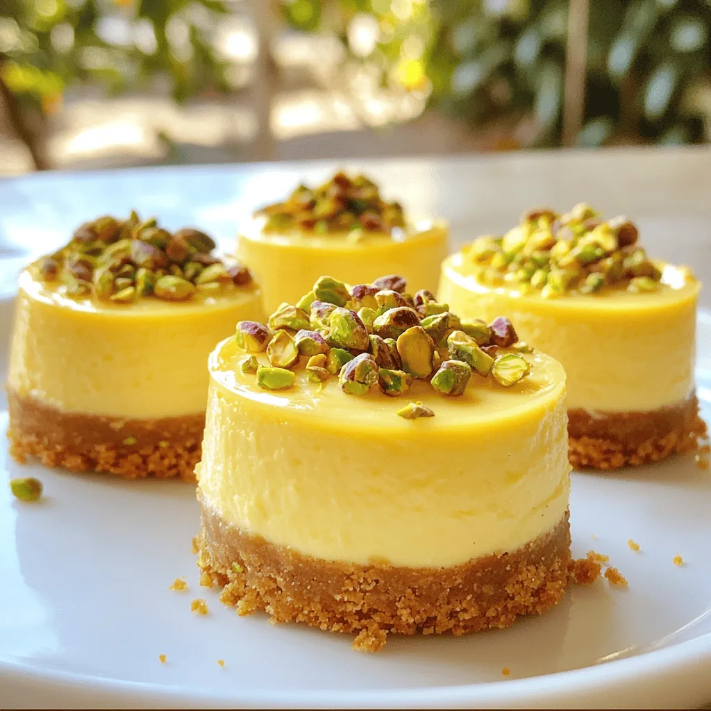 - Cream cheese - Graham cracker crumbs - Unsalted butter - Sugar - Eggs - Vanilla extract - Instant coffee granules - Heavy cream - Shelled pistachios - Pinch of salt These ingredients come together to create a rich and creamy treat. Let's break down why each one is key. - Cream cheese: This gives the cheesecake its smooth and creamy base. Always use softened cream cheese for a lump-free filling. - Graham cracker crumbs: These form the crust. They add a sweet crunch that balances the creaminess. - Unsalted butter: This helps bind the crust. It also adds a rich flavor. - Sugar: This sweetens the filling and enhances the overall taste. - Eggs: They provide structure. Eggs help the cheesecake set perfectly. - Vanilla extract: This adds a warm flavor. It complements the other ingredients beautifully. - Instant coffee granules: They infuse a coffee flavor. This makes the cheesecake unique and delightful. - Heavy cream: This adds richness and smoothness to the filling. - Shelled pistachios: These provide crunch and a nutty flavor. They make the mini cheesecakes special. - Pinch of salt: This enhances all the flavors. It’s a must for balance. - Additional chopped pistachios - Whipped cream Garnishes can elevate your cheesecakes. A sprinkle of chopped pistachios adds a nice crunch. Whipped cream can make them feel extra fancy. You can mix and match these garnishes based on what you like. Enjoy experimenting! For the complete steps and methods, check the Full Recipe. 1. Preheat your oven to 325°F (160°C). 2. Line a muffin tin with mini cupcake liners. - In a medium bowl, mix: - 1 cup graham cracker crumbs - 1/4 cup unsalted butter, melted - Stir until the crumbs are coated with butter. - Press about a tablespoon of this mixture firmly into the bottom of each liner. - In a large bowl, add: - 2 cups cream cheese, softened - 1/2 cup sugar - Beat with a hand mixer until smooth. - Add the eggs, one at a time, mixing well after each addition. - In a small bowl, dissolve: - 1 tablespoon instant coffee granules in - 1/4 cup heavy cream. - Add this mixture and: - 1 tablespoon vanilla extract to the cream cheese mix. - Mix until well combined. - Gently fold in: - 1/2 cup finely chopped pistachios. - Spoon the cheesecake mixture evenly over the prepared crusts, filling each liner three-quarters full. - Bake in the oven for 18-20 minutes. - Look for centers that are set but slightly wobble when you move the pan. - Remove the cheesecakes from the oven and let them cool. - Refrigerate for at least 2 hours before serving. - Before serving, garnish with extra chopped pistachios for a crunch. For the complete recipe, check the [Full Recipe]. - How to avoid overmixing: Mix the cream cheese on low speed. Add eggs slowly. This keeps the texture smooth. Overmixing can make your mini cheesecakes dense. - Ensuring even baking: Place your muffin tin in the center of the oven. This helps heat circulate. Rotate the tin halfway through baking for best results. - Pairings with coffee or dessert wines: Enjoy these cheesecakes with a rich cup of coffee. They also pair well with sweet dessert wines. This adds extra flavor to your tasting experience. - Creative serving ideas: Serve on a colorful plate. Add fresh berries for a pop of color. You can also drizzle chocolate or caramel sauce for fun. - Uncooled cheesecakes: Let your mini cheesecakes cool in the pan first. Cooling is key for good texture. If you skip this step, they may crack. - Skipping refrigeration: Always chill your cheesecakes for at least two hours. This helps them firm up. Serving them too soon can ruin the taste and texture. {{image_2}} You can change up the flavors in your pistachio coffee mini cheesecakes. Try using different nuts like almonds or hazelnuts. These can add a unique taste and texture. You can also use flavored coffee instead of instant coffee. Vanilla, mocha, or hazelnut coffee can give your cheesecakes a fun twist. If you need to make these mini cheesecakes gluten-free, use gluten-free graham cracker crumbs. You can find these at most stores. For those with allergies, substitute cream cheese with a dairy-free option like cashew cream. You can also replace eggs with flax eggs for a vegan version. Want to make full-sized cheesecakes? Just double the recipe and use a springform pan. Bake it longer, around 30-40 minutes. If you want a different flavor, try adding fruit puree or chocolate to the batter. You can even make mini cheesecakes in other flavors, like lemon or berry, to mix things up. For the full recipe, follow the steps I've laid out above. To store leftovers, place your mini cheesecakes in an airtight container. This keeps them fresh and prevents them from absorbing smells. You can also wrap them tightly in plastic wrap if you prefer. They will last for up to five days in the fridge. Yes, you can freeze these mini cheesecakes! To freeze, place them in a single layer on a baking sheet. Once frozen, transfer them to a freezer-safe container or bag. They will stay fresh for about two months. For thawing, move the cheesecakes from the freezer to the fridge. Let them thaw overnight for the best texture. Enjoy your tasty treat whenever you want! For the full recipe, check out the details above. You can use mascarpone or ricotta cheese. Both have a creamy texture. They will change the taste a bit. If you want a lighter option, try Greek yogurt. It gives a nice tang. Just remember, the final taste will be different. Yes, you can use flavored coffee. Just make sure it is strong. Brew a cup and let it cool. Then, use it in place of instant coffee. This can add a fun twist to your cheesecakes. The cheesecakes are done when the edges are set. The center can still wobble a little. This means they will firm up as they cool. You can also use a toothpick. If it comes out clean, they are ready. Absolutely! These mini cheesecakes are great for making ahead. You can prepare them a day in advance. Just store them in the fridge. This gives the flavors time to blend well. Serve them chilled for the best texture. You can garnish with extra chopped pistachios. A dollop of whipped cream also works well. For a fun twist, pair them with coffee or dessert wine. This makes a delightful treat for guests. Check the Full Recipe for more tips! You've learned how to make delicious Pistachio Coffee Mini Cheesecakes. We covered ingredients, step-by-step instructions, expert tips, variations, and storage advice. Each step is key to making these treats a success. I hope you enjoy creating them. Remember, practice and patience yield the best results. You can impress friends and family with your baking skills. Happy baking!