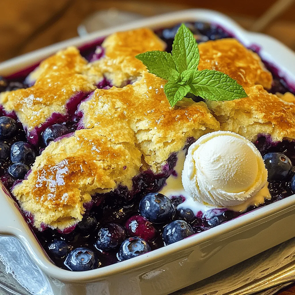 To make this 4 ingredient blueberry cobbler, you will need just a few simple items: - 2 cups fresh or frozen blueberries - 1 cup all-purpose flour - 1 cup granulated sugar - 1 cup milk These ingredients come together to create a dish that is both tasty and easy. The blueberries give it a sweet and fruity flavor that everyone loves. You can use either fresh or frozen blueberries. Fresh blueberries taste bright and juicy. They have a nice texture when baked. Frozen blueberries are also great. They can save time, and they work well in this recipe. Just remember to thaw them before use. If you're missing an ingredient, don't worry! You can make some swaps: - For flour, try almond flour or oat flour for a gluten-free option. - If you want less sugar, use a sugar substitute like stevia or monk fruit. - For milk, any non-dairy milk will work. Almond milk or oat milk are good choices. These options help you customize the recipe to fit your needs. You can still enjoy a delicious cobbler! For the complete recipe, check [Full Recipe]. Start by preheating your oven to 350°F (175°C). This step helps the cobbler bake evenly. Next, grease a 9x9-inch baking dish. This makes it easy to serve later. Now, take a medium bowl and mix the blueberries with 1/2 cup of sugar. Toss them gently to coat. Spread the blueberries evenly in the bottom of your baking dish. In a separate bowl, whisk together the flour, the remaining 1/2 cup of sugar, and milk. Mix until it’s smooth. The batter will be thick but that’s okay. Once mixed, pour the batter over the blueberry layer. Make sure to cover all the blueberries. Now, it’s time to bake! Place your dish in the preheated oven. Bake for 45 to 50 minutes. The batter will rise and form a nice golden top. To check if it is done, insert a toothpick into the center. If it comes out clean, your cobbler is ready! Also, look for a golden-brown top. The edges should be firm and slightly crisp. Let it cool for about 10 minutes before serving. This will help set the cobbler. For an extra treat, serve it warm with vanilla ice cream on top. For the full recipe, refer to the earlier section. To get the best texture, mix the batter gently. Overmixing can make it tough. You want a light and fluffy look. Pour the batter over the blueberries carefully. This helps keep the layers distinct. Bake until the top is golden brown. A golden top means a perfect texture. A soggy bottom can ruin your cobbler. To prevent this, use fresh blueberries if possible. Frozen blueberries can release extra water. Toss the blueberries with sugar before baking. This helps draw out some moisture. Also, bake it long enough to evaporate excess liquid. Keep an eye on the time. Serve your cobbler warm for the best taste. Add a scoop of vanilla ice cream on top. The ice cream melts and mixes with the warm cobbler. For a fresh touch, garnish with mint leaves. You can also pair it with whipped cream. Enjoy it with family and friends for a delightful treat! {{image_2}} You can make this blueberry cobbler gluten-free. Just swap all-purpose flour with a gluten-free blend. Look for a blend that mimics all-purpose flour closely. This way, you can enjoy a tasty dessert without the gluten. Adding flavors can make your cobbler shine. Try mixing in a bit of lemon zest. This adds a bright taste that pairs well with blueberries. You can also sprinkle some cinnamon into the batter. Just a pinch can give it a warm, cozy vibe. While blueberries are the star, you can mix in other fruits too. Raspberries, peaches, or blackberries work great. You can even create a fruit mix for added fun. Just keep the total fruit amount around two cups for the best results. For the full recipe, check out the Berry Bliss Blueberry Cobbler! To keep your cobbler fresh, let it cool completely first. Then, cover it tightly with plastic wrap or aluminum foil. You can also place it in an airtight container. This method stops moisture loss and keeps the flavor intact. If you prefer, you can slice it before storing. This makes it easier to grab a piece later. When you're ready to enjoy your cobbler again, preheat your oven to 350°F (175°C). Place the cobbler in a baking dish and cover it with foil. This helps it heat evenly and keeps it moist. Bake for about 15 to 20 minutes until it's warm. You can also use a microwave, but it may make the topping less crispy. Heat it on medium for about 30 seconds to a minute. If stored properly, your blueberry cobbler lasts for about 3 to 4 days in the fridge. For longer storage, consider freezing it. Wrap it well in plastic wrap and then in foil. It can last up to 3 months in the freezer. When you're ready to eat it, thaw it overnight in the fridge before reheating. Enjoy this delicious treat anytime! Yes, you can use other fruits! Peaches, cherries, or raspberries work well. Just keep the same amount of fruit. Mix and match for fun flavors. Each fruit adds a unique taste. Feel free to experiment! To make the cobbler in advance, prepare it as usual. After baking, let it cool completely. Then, cover it with plastic wrap or foil. Store it in the fridge for up to two days. When you're ready, just reheat it in the oven. This keeps it tasty and fresh. Serve blueberry cobbler warm for the best taste. A scoop of vanilla ice cream on top adds delight. You can also sprinkle some fresh mint leaves for a pop of color. This combination makes each bite special and delicious. For extra fun, try adding whipped cream too! You learned about the key ingredients for blueberry cobbler, including fresh or frozen options. I shared step-by-step baking instructions and tips to ensure the perfect texture. You can even explore variations like gluten-free and fruity twists. Proper storage techniques help keep your cobbler fresh, while FAQs address common questions. In conclusion, with these guidelines, you can make a great blueberry cobbler. Enjoy it warm and share it with friends or family. Happy baking!