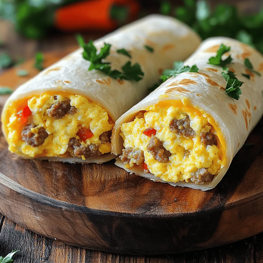 - 6 large eggs - 1 cup milk - 1 tablespoon olive oil - 1 medium onion, finely chopped - 1 red bell pepper, finely chopped - 1 cup cooked sausage, crumbled - 1 cup shredded cheddar cheese - 6 large flour tortillas - Salt and pepper to taste - Fresh parsley for garnish (optional) To make these roll-ups, you need simple and fresh ingredients. Start with large eggs and milk. The eggs give the rolls a fluffy texture. Milk adds creaminess. Next, grab olive oil, onion, and bell pepper. The oil helps cook the veggies. Onions and bell peppers add flavor and color. For protein, use cooked sausage. Crumbled breakfast sausage works well, but turkey sausage is a great choice too. Cheese is next; shredded cheddar melts beautifully. Finally, you need large flour tortillas to wrap everything up. Don’t forget salt and pepper for taste. Fresh parsley is optional, but it makes your dish look nice. Once you gather these ingredients, you're ready to create Easy Sausage Egg & Cheese Roll-Ups. For the full recipe, check out the instructions in the next section! 1. Whisk together eggs and milk: Start by cracking six large eggs into a mixing bowl. Add one cup of milk and a pinch of salt and pepper. Whisk until well combined. This mixture will make the eggs fluffy and creamy. 2. Heat olive oil and sauté vegetables: Next, take a large skillet and pour in one tablespoon of olive oil. Heat it over medium heat. Once hot, add one finely chopped medium onion and one chopped red bell pepper. Sauté these for about 3-4 minutes. You want them soft but not mushy. 1. Cook sausage and combine with egg mixture: Now, stir in one cup of cooked sausage that you’ve crumbled. Cook for an additional 2-3 minutes. This ensures the sausage is heated through. Then, pour your egg mixture into the skillet. Stir gently with a spatula. Cook until the eggs are just set, about 4-5 minutes. 2. Add cheese and prepare the tortillas: Once the eggs are set, remove the skillet from the heat. Stir in one cup of shredded cheddar cheese. Let it melt into the mixture. While this cools a bit, lay out your six large flour tortillas on a clean surface. 1. Describe rolling process and baking options: Spoon an even amount of the sausage and egg mixture onto the center of each tortilla. Roll the tortillas tightly around the filling. Make sure to fold in the sides as you roll. This keeps the filling secure. Optionally, place the roll-ups seam side down on a baking sheet. If you like, you can bake them in a preheated oven at 350°F (175°C) for 5-7 minutes. This will crisp up the outside. For a full recipe, refer to the [Full Recipe]. - Ensuring the right egg consistency: For creamy eggs, cook gently. Stir the eggs often while they cook. Stop when they are just set, but still soft. Overcooking makes them dry. Aim for a velvety texture. - Best practices for sautéing vegetables: Use medium heat for even cooking. Add onions first. Cook until they become clear. Then, add bell peppers. Sauté until tender. This brings out their natural sweetness. - Presentation tips for serving roll-ups: Cut each roll-up in half at an angle. This looks nice on a platter. Place them seam side down. Garnish with fresh parsley for color. - Pairing ideas: Serve with salsa for a fresh taste. Hot sauce adds a spicy kick. Both make your roll-ups even better. Enjoy them warm for the best flavor. For the full recipe, check the [Full Recipe]. {{image_2}} You can switch the sausage for turkey sausage. It has less fat but still packs flavor. If you want a vegetarian option, try using mushrooms or black beans. These options keep the dish hearty and tasty without meat. Cheddar cheese is great, but you can try other kinds too. Pepper jack gives a spicy kick. Monterey jack melts well and adds creaminess. For a strong flavor, use feta or goat cheese. These choices make your roll-ups unique and fun. Want to jazz things up? Add some veggies like spinach or zucchini. They boost nutrition and color. You can also mix in spices, like cumin or smoked paprika, for extra taste. These small changes can turn a simple dish into something special. For the full recipe, check out the details above! To keep your sausage egg and cheese roll-ups fresh, store them in the fridge. Place them in an airtight container. They will stay good for about 3 to 4 days. When you want to eat them, just take one out and warm it up in the microwave. You can also use the oven to reheat them for a crispier texture. Just wrap them in foil and bake at 350°F until warm. If you want to save some for later, freezing is a great option. First, let the roll-ups cool completely. Then, wrap each one in plastic wrap. Next, place them in a freezer bag. They can last for up to 2 months in the freezer. When you’re ready to eat, thaw them in the fridge overnight. To reheat, use the microwave or oven. For the best results, bake them at 350°F until heated through. This keeps them tasty and fresh! Check out the Full Recipe for more tips on making these delicious roll-ups. You can make simple changes to the recipe. Here are some ideas: - Use whole grain tortillas: They add fiber and nutrients. - Choose leaner sausage: Turkey sausage has less fat than pork sausage. - Add more veggies: Spinach, mushrooms, or zucchini can boost nutrients. - Reduce cheese: Use less cheese or a lower-fat option. - Use egg whites: Substitute some whole eggs with egg whites to cut cholesterol. These swaps can help make your roll-ups a healthier choice without losing flavor. Yes, you can! Meal prepping makes cooking easier. Here’s how: - Make the filling ahead: Cook the sausage, veggies, and eggs. Let it cool, then store it in the fridge for up to 3 days. - Assemble when ready: Just roll up the filling in tortillas when you want to eat. - Freeze for later: You can freeze the filling in airtight containers. Just thaw overnight in the fridge before using. Prepping in advance saves time and effort on busy mornings. Pair your roll-ups with these tasty sides: - Fresh fruit: Sliced strawberries, melons, or blueberries add sweetness. - Yogurt: A side of plain or flavored yogurt gives a creamy contrast. - Salad: A light green salad with a citrus dressing adds freshness. - Salsa or hot sauce: These add a kick and enhance the flavor. These side dishes complement your roll-ups and make for a well-rounded meal. For the full recipe, check out the section above. These Easy Sausage Egg & Cheese Roll-Ups are simple and tasty. You learned about the ingredients, preparation, and cooking steps needed to make them. I shared tips, tricks, and variations to suit your taste. Remember, you can personalize these roll-ups with different meats and veggies. Enjoy these roll-ups for breakfast or any meal. They are easy to store, freeze, and reheat too. Try them today and have fun in the kitchen!