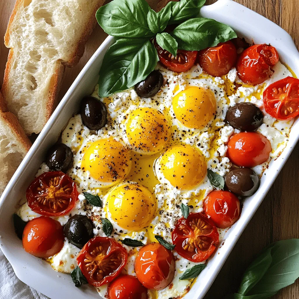 Mediterranean Baked Feta Eggs is a quick and tasty dish. This meal combines eggs, feta cheese, and bright veggies. You can make it in just about 30 minutes. It serves two people, making it perfect for a cozy breakfast or brunch. Here is what you need for this dish: - 200g feta cheese - 4 large eggs - 1 cup cherry tomatoes, halved - 1/2 cup kalamata olives, pitted and halved - 1 tablespoon olive oil - 1 teaspoon dried oregano - 1 teaspoon paprika - Salt and pepper to taste - Fresh basil or parsley for garnish - Crusty bread for serving Each ingredient adds a unique taste. The feta cheese brings creaminess. The olives give a nice salty bite. The tomatoes add sweetness. You can swap some ingredients if needed: - Use goat cheese instead of feta for a different flavor. - If you don’t have cherry tomatoes, try regular diced tomatoes. - Any olives work, but kalamata gives the best taste. - Fresh herbs like cilantro or dill can replace basil or parsley. - For a vegan option, use tofu instead of eggs and cheese. These swaps make the dish fit your taste or diet. Enjoy experimenting! To start, gather your ingredients. You need feta cheese, eggs, cherry tomatoes, kalamata olives, olive oil, dried oregano, paprika, salt, pepper, and some fresh herbs. Preheat your oven to 375°F (190°C). This step is key for even cooking. Next, take a medium-sized baking dish. Place the halved cherry tomatoes and kalamata olives in it. Spread them out evenly. Now, crumble the feta cheese over the top. Make a little well in the center for the eggs. This will keep the eggs cozy. Drizzle olive oil over the feta and veggies. Sprinkle dried oregano, paprika, salt, and pepper on top. This mix will create a burst of flavor when baked. Once your prep is done, it’s time to bake. Carefully crack the eggs into the well you made in the feta. If you need more space, gently move the tomatoes and olives. Pop the dish in the oven. Bake for about 15 to 20 minutes. You want the egg whites to set but keep the yolks a bit runny. This creates a lovely sauce when you dip bread. When baking is complete, take the dish out. Let it cool for a minute. This helps avoid burns when you dig in. To make your eggs perfect, watch the time closely. If you leave them too long, the yolks will firm up. A runny yolk adds richness to the dish. Use fresh ingredients for the best flavor. If your tomatoes are sweet, it makes a big difference. Also, feel free to add fresh basil or parsley right before serving. This adds a nice color and aroma. Serve your Mediterranean Baked Feta Eggs with crusty bread. This is great for dipping into the feta and egg mix. Enjoy every bite! For the complete recipe, refer to the Full Recipe section. To make Mediterranean Baked Feta Eggs, you need a few simple tools: - Medium-sized baking dish - Mixing spoon - Knife for chopping - Measuring spoons - Oven mitts for safety These tools help you prepare and bake your dish without fuss. They keep your kitchen organized and fun to work in. Here are some common mistakes to watch for: - Overbaking the eggs: Check them at 15 minutes. You want runny yolks. - Not using enough salt: Feta can be salty, but you still need more. Taste and adjust. - Crowding the dish: Leave space for the eggs. This way, they cook evenly. Avoid these errors to create a perfect dish every time. You can easily enhance the flavors in this dish: - Add fresh herbs: Basil and parsley bring brightness. - Use different cheeses: Try goat cheese for a tangy twist. - Mix in spices: Red pepper flakes can add heat. These tips will help you create a dish full of flavor, making every bite a delight. For the full recipe, check out the guide above. {{image_2}} You can easily adjust this dish to fit different diets. If you want a dairy-free option, try using vegan feta. For gluten-free diets, skip the bread or use gluten-free bread. If you follow a low-carb plan, enjoy it without the bread or add more veggies. To add more flavor, think about spices and veggies. You can use fresh herbs like thyme or dill for a unique twist. Chopped spinach or bell peppers add color and nutrition. If you like heat, sprinkle some red pepper flakes on top. You can also cook this dish in different ways. If you don’t have an oven, use a skillet. Just cook it on low heat, covering it with a lid. This method keeps the eggs soft. You can also use a microwave for a quick meal. Just make sure to use a microwave-safe dish. For the complete recipe, check out the [Full Recipe]. To store leftovers, let the dish cool down. Then, cover it tightly with plastic wrap or transfer it to an airtight container. Place it in the fridge where it will stay fresh for up to three days. When you reheat it, the flavors will still be delightful. Reheating is simple. Preheat your oven to 350°F (175°C). Place the Mediterranean baked feta eggs in an oven-safe dish. Cover it with foil to keep moisture in. Heat for about 10-15 minutes until warm. You can also microwave individual portions. Heat for 1-2 minutes, checking to avoid overcooking. You can freeze this dish, but the texture may change. To freeze, first cool the eggs completely. Then, cut into portions and place them in freezer bags or containers. Make sure to remove as much air as possible. This way, it can last for up to two months. To enjoy, thaw it overnight in the fridge before reheating. This method helps keep the flavors intact from the full recipe. Feta cheese is perfect for this dish. It melts well and adds a creamy taste. You can also use goat cheese if you want a different flavor. It has a tangy taste that goes well with eggs. Other cheeses, like ricotta, may not give the same result. Yes, you can prepare some parts ahead. Chop the tomatoes and olives the day before. You can also crumble the feta cheese early. When you are ready to cook, just follow the steps in the Full Recipe. Baking it fresh will give you the best taste. This dish pairs well with crusty bread for dipping. You can also enjoy it with a simple salad. A green salad with lemon dressing brightens the meal. If you want extra protein, serve it with turkey or chicken sausage. In this blog post, we explored the joys of baking feta eggs. I shared a full recipe overview, detailed ingredient lists, and smart substitutions. You learned step-by-step instructions for preparation and baking, plus tips for perfect results. I provided kitchen tools and common mistakes to help you succeed. Variations for dietary needs and flavor swaps were included too. Lastly, we covered storage tips and frequently asked questions. Follow these steps, and you’ll enjoy delicious feta eggs any time!