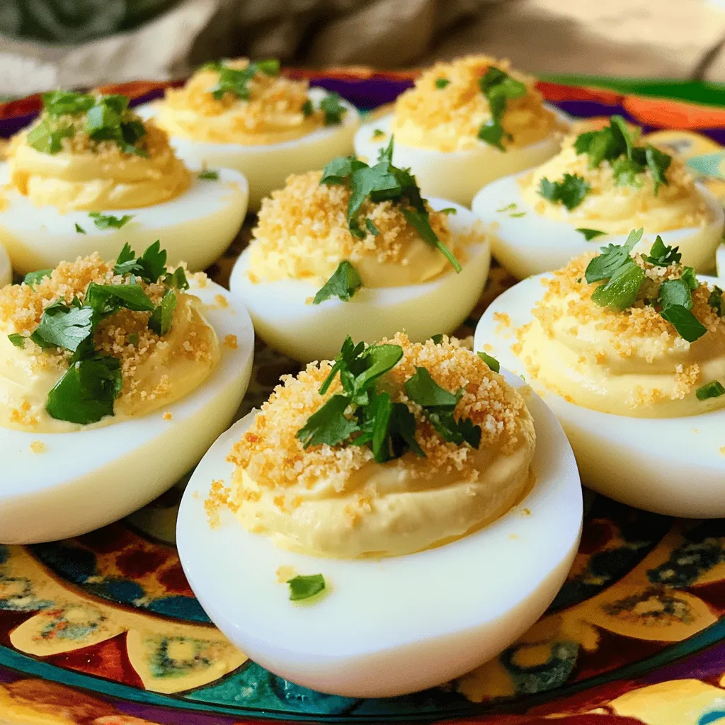 - 6 large eggs - 3 tablespoons cream cheese, softened - 1 tablespoon mayonnaise - 1 tablespoon Dijon mustard - 2 fresh jalapeños, finely chopped (seeds removed for less heat if desired) - 1/4 cup shredded cheddar cheese - 1 tablespoon fresh cilantro, chopped - Salt and pepper to taste - 2 tablespoons panko bread crumbs - Olive oil for drizzling Each ingredient plays a key role in flavor and texture. Use large eggs for best results. Cream cheese adds a rich base, while mayonnaise brings creaminess. Dijon mustard provides a tangy kick. Jalapeños give heat, and cheddar adds depth. For seasoning, salt and pepper balance the flavors. Panko bread crumbs add crunch, while olive oil enhances the topping. You can swap cream cheese for Greek yogurt for a lighter option. Use any mustard if you prefer a different flavor. If jalapeños are too spicy, use sweet bell peppers instead. For a dairy-free version, try vegan cream cheese and cheese. Adjust ingredients based on your taste and dietary needs. First, you need to hard boil the eggs. Place six large eggs in a pot. Cover them with cold water. Bring the water to a boil. Then, lower the heat to a simmer. Cook the eggs for 9 to 12 minutes. Once cooked, transfer them to an ice bath. This helps them cool quickly. After they cool, peel the eggs. Cut them in half lengthwise. Carefully remove the yolks and place them in a bowl. Set the egg whites aside for later. Now, let's make the filling. Take the yolks and add cream cheese, mayonnaise, and Dijon mustard. I use three tablespoons of cream cheese for a rich texture. Add one tablespoon of mayonnaise and one tablespoon of Dijon mustard. Next, chop two fresh jalapeños, removing the seeds if you want less heat. Add those chopped jalapeños to the bowl. Then, stir in a quarter cup of shredded cheddar cheese and one tablespoon of fresh cilantro. Season with salt and pepper to taste. Mash everything together until it's smooth and well mixed. It's time to fill the eggs! Use a spoon or piping bag to add the yolk mixture back into the egg whites. Make sure to fill them generously. For a crunchy topping, mix two tablespoons of panko bread crumbs with a drizzle of olive oil in a small bowl. Sprinkle this mixture on top of the filled eggs. If you want extra flair, garnish with a small jalapeño slice or a sprinkle of smoked paprika. These little details make a big difference! For the full recipe, check the detailed instructions above. To get the best hard-boiled eggs, start with cold water. Place your eggs in a pot and cover them with water. Heat until it boils. Once boiling, reduce to a simmer for 9-12 minutes. After that, move the eggs to an ice bath. This helps cool them quickly and makes peeling easier. For a richer taste, consider adding a touch of garlic powder or smoked paprika to the yolk mixture. You can also experiment with different cheeses like pepper jack for extra heat. If you love herbs, add fresh chives or dill for a fresh twist. Each addition can enhance the jalapeño flavor without overpowering it. Presentation is key when serving these deviled eggs. Use a colorful platter to make your dish pop. Garnish with fresh cilantro leaves and a sprinkle of panko bread crumbs for crunch. For a fun touch, top each egg with a thin slice of jalapeño. These small details create a beautiful and inviting dish. For the Full Recipe, check out the details above. Enjoy making these tasty treats! {{image_2}} If you love spice, add more jalapeños to the mix. Use 4 to 6 finely chopped jalapeños. This will boost the heat and flavor. You can keep the seeds for an extra kick. This spicy version will impress your guests. For a vegetarian twist, swap the cream cheese for a vegan option. Use hummus instead of mayo for creaminess. You can also add diced avocado for richness. This option keeps the dish tasty without meat. Toppings can change the vibe of your deviled eggs. Try crumbled bacon for a savory touch. Add diced tomatoes or olives for freshness. You can also sprinkle feta cheese for a tangy bite. These toppings will make each egg unique. Feel free to explore these variations to find your favorite flavor. Check the Full Recipe for the basic deviled egg guide and enjoy! To store leftover Jalapeño Popper Deviled Eggs, place them in a shallow container. Cover the container tightly with plastic wrap or a lid. This keeps them fresh and prevents drying out. Store them in the fridge. They taste best when eaten cold. I recommend not reheating these deviled eggs. The cream cheese and mayo may separate, affecting the taste. Instead, enjoy them cold. If you must reheat, do so gently in the microwave. Heat them for a few seconds until just warm. These deviled eggs stay fresh for about three days in the fridge. After that, they may lose flavor and texture. Always check for any off smell or change in color before eating. For the best experience, eat them within two days. For the full recipe, check out the detailed steps above! Yes, you can make these deviled eggs ahead. Prepare them a day in advance. Keep the filled eggs in the fridge. This helps the flavors blend well. Just add the panko topping before serving for crispness. These deviled eggs pair well with many snacks. Try serving them with: - Fresh veggies like carrots and celery - Crackers or toasted bread - A side of salsa or guacamole - Chips for extra crunch Each option complements the creamy and spicy flavors. To adjust the spiciness, use these tips: - Remove seeds from jalapeños for less heat. - Use fewer jalapeños in the mix. - For more heat, add sliced jalapeños on top. - You can also add a dash of hot sauce to the filling. These tips help you control the heat to fit your taste. For the Full Recipe, gather these ingredients: - 6 large eggs - 3 tablespoons cream cheese, softened - 1 tablespoon mayonnaise - 1 tablespoon Dijon mustard - 2 fresh jalapeños, finely chopped - 1/4 cup shredded cheddar cheese - 1 tablespoon fresh cilantro, chopped - Salt and pepper to taste - 2 tablespoons panko bread crumbs - Olive oil for drizzling Follow the steps mentioned to create this tasty treat. Enjoy! You learned how to make Jalapeño Popper Deviled Eggs from this post. We covered the key ingredients, how to prepare them, and tips for the best outcome. You also got ideas for variations and how to store leftovers. Remember, cooking should be fun and creative. Feel free to experiment with flavors and toppings to make these eggs your own! Enjoy your cooking adventure and impress your friends at your next gathering.