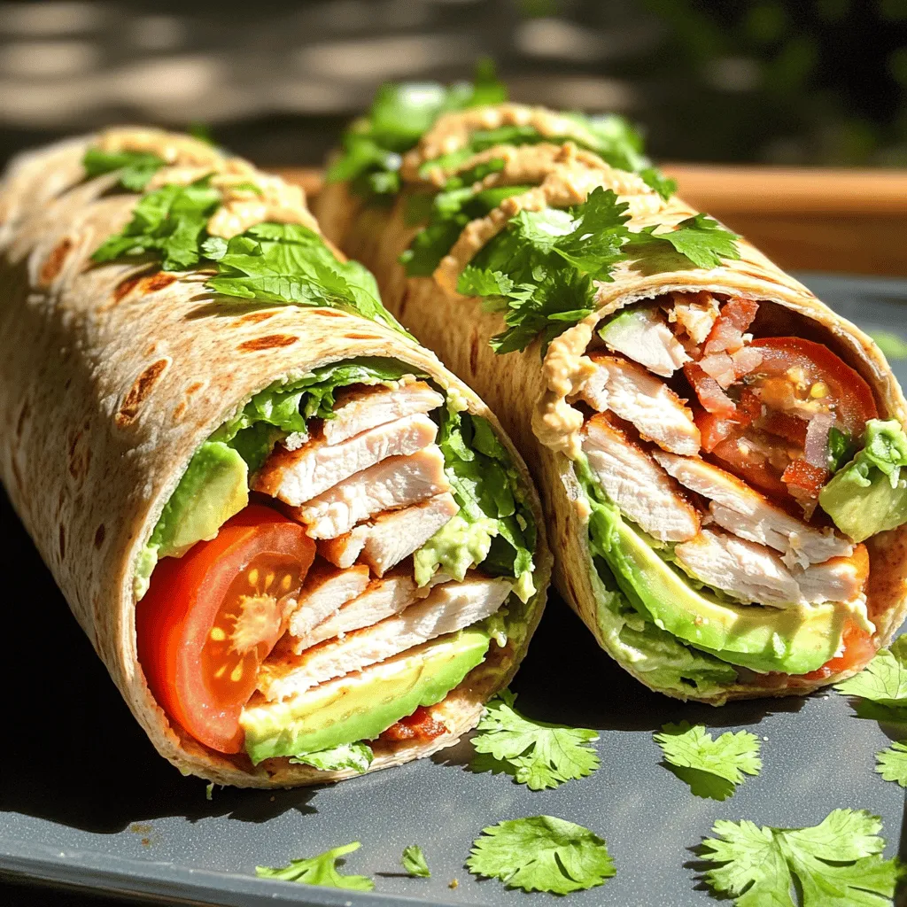 - 4 large whole wheat or spinach tortillas - 8 oz sliced turkey breast - 4 slices of avocado - 8 slices of tomato - 4 slices of lettuce (such as romaine or butter lettuce) - 4 slices of crispy cooked turkey bacon (or a vegetarian alternative) - 1/2 cup hummus (or your favorite spread) - 1 tablespoon Dijon mustard - 1/4 cup shredded cheddar cheese (optional) - Fresh cilantro or parsley for garnish (optional) For my California Turkey Club Wraps, I focus on fresh, simple ingredients. The tortillas form the base. You can choose whole wheat or spinach for a fun twist. Turkey breast gives the wrap its protein. I love adding avocado for creaminess. Tomatoes add a juicy burst of flavor, while lettuce brings a fresh crunch. Turkey bacon gives a salty kick, but you can use a veggie option if you prefer. For an extra layer of taste, consider mixing hummus and Dijon mustard. It makes a great spread. If you want a cheesy touch, add shredded cheddar cheese. You can also garnish with cilantro or parsley for color. This recipe really shines with its bright flavors. Check out the Full Recipe for all the details! To start, we need to make the spread. It brings great flavor to the wraps. In a small bowl, mix together 1/2 cup of hummus and 1 tablespoon of Dijon mustard. Stir until it’s all combined. This mix gives a nice tang to the wraps that you will love. Set the spread aside for now. Next, we will warm the tortillas. This step helps them stay soft and easy to roll. You can warm them in two ways. First, place the tortillas in a dry skillet over low heat. Heat them for 10-15 seconds on each side. Alternatively, you can use a microwave. Just warm them for about 10-15 seconds in the microwave. Both ways work well. Now it’s time to assemble the wraps. Lay one tortilla flat on a clean surface. Spread about 2 tablespoons of the hummus-Dijon mix all over the tortilla. Start layering the ingredients. First, add a couple of slices of 8 oz sliced turkey breast. Next, place 4 slices of crispy turkey bacon on top, followed by 4 slices of avocado, 8 slices of tomato, and 4 slices of lettuce. If you want, sprinkle some 1/4 cup of shredded cheddar cheese and season with salt and pepper. Once all the ingredients are on, fold the sides of the tortilla inward. Then, roll it tightly from the bottom up. This will keep all the fillings inside. Repeat this process for the other tortillas. After rolling them, use a sharp knife to slice each wrap in half. You can arrange the halves on a plate and garnish with fresh cilantro or parsley if you like. Enjoy your tasty California Turkey Club Wraps! For more details, check the Full Recipe. To enhance the hummus mix, try these tips: - Add a squeeze of fresh lemon juice for brightness. - Toss in a clove of minced garlic for extra zest. - Blend in a pinch of cayenne pepper for a kick. - Consider adding fresh herbs like basil or dill for depth. These small changes can elevate the overall flavor of your wraps. Rolling wraps can be tricky. Here are some techniques to keep your fillings secure: - Use warm tortillas; they roll better. - Start rolling tightly from the bottom. - Tuck in the sides as you roll to keep everything in place. - If needed, use toothpicks to hold the wraps together. These steps will help you create neat and delicious wraps every time. Impress your guests with these serving suggestions: - Cut wraps at a diagonal for a nice look. - Arrange them on a platter with colorful garnishes. - Serve with extra hummus or a dip on the side. - Use fresh herbs for color and a pop of flavor. Good presentation makes your wraps more appealing and fun to eat! {{image_2}} If you seek a meatless wrap, you can make a simple change. Swap turkey for grilled veggies. Try zucchini, bell peppers, or mushrooms. These add great flavor and texture. Use your favorite cheese or hummus for a creamy touch. You can also add extra avocado for richness. Feel free to explore different spreads and fillings. Instead of hummus, try tzatziki or a spicy mayo. These options can change the wrap's flavor profile. You can also add fruits like sliced apples or pears. They add a nice sweetness. Don't forget to mix in your favorite greens. Spinach or arugula can work well. For a low-calorie option, use lettuce wraps instead of tortillas. This reduces carbs and calories. If you need a gluten-free choice, use gluten-free tortillas. Many brands offer tasty options today. You can also skip cheese to cut down on calories. Adding fresh herbs boosts flavor without extra calories. Store your California Turkey Club Wraps in the fridge. Use an airtight container for best results. This keeps them fresh and tasty. Wraps stay good for about three days. If you can, eat them sooner for better flavor. For added freshness, place a damp paper towel around the wraps. This helps keep them moist. Reheat your wraps in a skillet for the best taste. Heat on low for about three to five minutes. Flip the wrap halfway through to warm it evenly. You can also use a microwave. Heat for 30 seconds, then check if warm. Add more time if needed. Avoid overheating, as this can make the wrap tough. You can freeze your wraps for later use. Wrap each one tightly in plastic wrap. Place them in a zipper bag to prevent freezer burn. They can last up to three months in the freezer. When ready to eat, thaw in the fridge overnight. Reheat as mentioned above for the best taste. Enjoy your flavorful wraps anytime! A California Turkey Club Wrap has around 400 calories. This number can change based on your choice of ingredients. For example, using whole wheat tortillas may add more fiber. The turkey breast is lean, but bacon can add extra calories. Adding cheese also boosts the total. To keep it lighter, you can skip the cheese or bacon. Yes, you can use many types of tortillas. Whole wheat and spinach tortillas are great choices. You might also try corn or gluten-free tortillas. Each type brings its own flavor and texture. Just remember that the size should fit your fillings. A larger tortilla can hold more ingredients, while smaller ones may make it easier to handle. Making these wraps ahead is simple and smart for meal prep. You can prepare the wraps and store them in the fridge. Use parchment paper to wrap each one. This keeps them fresh and easy to grab. You can also store the fillings separately. Assemble them when you're ready to eat for the best taste. These wraps are simple to make and great for any meal. Start with tortillas, turkey, and avocado, then add your choice of toppings. Follow the easy steps, and use my tips to make your wraps perfect. Remember, you can change ingredients to suit your taste. Store them right and enjoy later. Whether you're busy or just hungry, these wraps are a tasty solution. Try them out and make meal time fun!