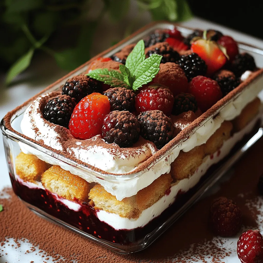 To make a delightful tiramisu, gather these simple ingredients: - 1 cup strong brewed coffee, cooled - 2 tablespoons vanilla extract - 1 cup mascarpone cheese - 1 cup heavy cream - 2 tablespoons sugar - 1/2 cup mixed berries (strawberries, blueberries, raspberries) - 24 ladyfinger cookies - Cocoa powder, for dusting - Fresh mint leaves, for garnish Each ingredient plays a key role in creating the perfect tiramisu. - Strong brewed coffee gives that rich, bold flavor. - Vanilla extract adds warmth and sweetness. - Mascarpone cheese creates a creamy texture that is essential. - Heavy cream helps to achieve a light and airy filling. - Sugar sweetens the mixture just right. - Mixed berries add a tart freshness and a pop of color. - Ladyfinger cookies serve as the base, soaking up the coffee flavor. - Cocoa powder offers a bitter contrast to the sweet layers. - Fresh mint leaves act as a lovely garnish, adding a hint of freshness. If you can’t find an ingredient, don’t worry! Here are some easy swaps: - Use espresso instead of brewed coffee for a stronger taste. - Swap mascarpone cheese with cream cheese for a different texture. - Use coconut cream if you want a dairy-free option. - If you don’t have ladyfingers, pound cake works well too. - For a non-alcoholic version, skip the coffee and use milk with cocoa. These substitutes can help you create a delicious tiramisu tailored to your needs. For the full recipe, check out the recipe section provided! To start, you need to gather your ingredients. You will need strong brewed coffee, vanilla extract, mascarpone cheese, heavy cream, sugar, mixed berries, ladyfinger cookies, cocoa powder, and fresh mint leaves for garnish. 1. First, cool your brewed coffee. Pour it into a medium bowl and add the vanilla extract. Mix them well and set it aside. 2. Next, take a large mixing bowl. Whip the heavy cream with the sugar until you see soft peaks. This means the cream will hold its shape but is still soft. 3. Now, gently fold in the mascarpone cheese. Mix until it blends well and is smooth. 4. Quickly dip each ladyfinger in the coffee mixture for just 1-2 seconds. You want them soaked but not too soggy. 5. Layer half of the soaked ladyfingers in the bottom of a rectangular dish. This will be the first layer. 6. Spread half of the mascarpone mixture over the ladyfingers. Use a spatula to smooth it out evenly. 7. Scatter the mixed berries on top of the mascarpone layer. This adds color and flavor. 8. Repeat the layers. Add the remaining ladyfingers, mascarpone mixture, and another layer of mixed berries. 9. When done, dust the top with cocoa powder. This gives it a nice finish. 10. Cover the dish with plastic wrap. Chill it in the fridge for at least 4 hours, but overnight is best. This lets the flavors meld together. 11. Just before serving, garnish with fresh mint leaves. This adds an aromatic touch. - Coffee: Use strong coffee. This gives a bold flavor to your dessert. - Whipping Cream: Don’t overbeat the cream. It should be soft, not stiff. - Folding: Be gentle when folding in the mascarpone. This keeps the mixture light. - Ladyfingers: Don’t soak them too long. You want them firm enough to hold layers. - Chill Time: The longer you chill, the better the flavors blend. Aim for overnight if you can. To achieve a creamy and smooth texture, whip the cream until you see soft peaks. When folding in the mascarpone, do it gently. This keeps air in the mixture, making it light. Also, ensure your ladyfingers are not too soggy. They should be moist but still firm. The layers should look nice and hold well. Trust me, the texture makes all the difference in your tiramisu delight! For a full recipe, check out the details above. To make the best tiramisu, use strong coffee. The coffee gives a rich flavor. Let it cool before dipping the ladyfingers. This step is key. Use fresh mascarpone cheese. It makes a huge difference in taste. Don’t overmix the mascarpone with the cream. You want a light and airy texture. One mistake is soaking ladyfingers too long. Just a quick dip is enough. If they are soggy, the layers will fall apart. Another error is not chilling long enough. Tiramisu needs time to set. Aim for at least four hours in the fridge. To boost flavor, add a splash of coffee liqueur. It adds depth and warmth. You can also layer in different fruits. Try using sliced bananas or oranges for a twist. For presentation, dust cocoa powder right before serving. Garnish with fresh mint leaves for a pop of color. Explore the [Full Recipe] for detailed steps! {{image_2}} You can make a vegan tiramisu using plant-based ingredients. Replace mascarpone cheese with coconut cream. This gives a rich texture. Use almond milk or any plant milk instead of coffee. For sweetness, try maple syrup instead of sugar. Use vegan ladyfingers or make your own with flour and aquafaba. This option keeps the classic flavor while being dairy-free. For gluten-free tiramisu, substitute ladyfingers with gluten-free cookies. You can also use sponge cake made from almond flour. Make sure the coffee and mascarpone are gluten-free. This version still tastes amazing and keeps the delightful layers intact. Enjoy it without worry if you are gluten-sensitive. Get creative with flavors! Try adding orange zest to the coffee for a citrus twist. You can also infuse the mascarpone with matcha powder for a green tea flavor. Mixing in chocolate liqueur or flavored syrups can also add depth. Each variation gives a new taste experience. Check out the Full Recipe for more ideas and tips! To keep leftover tiramisu fresh, cover it tightly. Use plastic wrap or a lid. This keeps air out and prevents it from drying. Store it in the fridge. It stays cool and tasty. Avoid keeping it at room temperature. The cream can spoil quickly. Try to use it within three days for the best taste. You can freeze tiramisu for later. First, slice it into pieces. Wrap each piece well in plastic wrap. Then, place them in an airtight container. This helps keep them fresh. When you want to eat it, move it to the fridge. Let it thaw overnight. Don't refreeze once it’s thawed, as it can change the taste and texture. Tiramisu stays good in the fridge for about three to four days. If you freeze it, it lasts up to three months. Always check for any off smells or changes in appearance before eating. If you follow these tips, your tiramisu will taste delicious every time! For the full recipe, check out the ingredients and steps. Tiramisu is a popular Italian dessert. It layers coffee-soaked ladyfingers with creamy mascarpone cheese. This treat is rich and smooth, with a hint of cocoa on top. It’s perfect for coffee lovers and is often served chilled. Yes, you can make Tiramisu a day ahead. In fact, it tastes better when chilled overnight. Letting it sit allows the flavors to blend well. Just cover it tightly in the fridge to keep it fresh. The best Tiramisu is often found in authentic Italian restaurants. Look for places that make their desserts from scratch. Local bakeries might also have great options. Ask friends or check online reviews to find top spots near you. Absolutely! You can use various fruits in Tiramisu. Berries like strawberries, blueberries, and raspberries work well. You can also try bananas or peaches for a twist. Just remember to balance the flavors so they blend nicely with the coffee. Tiramisu comes from Italy, specifically the Veneto region. It became popular in the 1960s. The name means "pick me up," reflecting its coffee base. Since then, it has spread worldwide and is loved by many. For a delightful take on this classic, try the Full Recipe I shared! Tiramisu is a delightful dessert made from simple, key ingredients. In this post, you learned how each ingredient plays a vital role. I shared step-by-step instructions to guide you through the making process. You also discovered expert tips and common mistakes to avoid, ensuring delicious results. Experimenting with variations can enhance your experience, too. Remember to store your tiramisu properly to enjoy it longer. By following this guide, you can create a perfect tiramisu. Your friends and family will love it! Enjoy your new dessert-making skills.